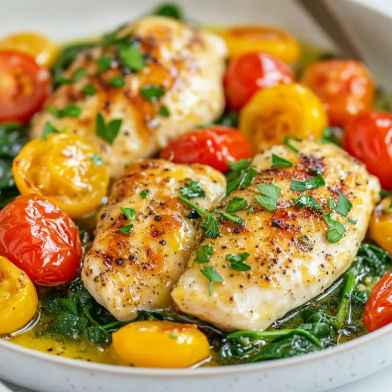- 4 boneless, skinless chicken breasts - 3 tablespoons olive oil - 4 cloves garlic, minced - Zest and juice of 2 lemons - 1 teaspoon dried oregano - 1 teaspoon paprika - Salt and pepper to taste - 1 cup low-sodium chicken broth - 1 cup cherry tomatoes, halved - 2 cups baby spinach - Fresh parsley for garnish When I cook Lemon Garlic Chicken Skillet, I love the bright flavors. The chicken breasts are the star. I choose boneless and skinless ones for quick cooking. The olive oil gives a nice, rich base. I always use fresh garlic. It adds a kick and warmth. Lemon zest brings a fresh taste. You’ll love the aroma as it cooks. I add lemon juice for a tart twist. Dried oregano and paprika balance the dish nicely. They add depth without overpowering. For a complete meal, I use supporting ingredients. Salt and pepper are key for flavor. Chicken broth adds moisture and richness. Cherry tomatoes burst with sweetness. Baby spinach gives a pop of color and nutrients. Don’t forget fresh parsley! It adds a lovely finish. Gathering these ingredients makes cooking fun and easy. You can find them all at your local store. Enjoy the process of making this dish! {{ingredient_image_1}} First, heat 3 tablespoons of olive oil in a large skillet over medium heat. While the oil warms, season 4 boneless, skinless chicken breasts with salt, pepper, 1 teaspoon of dried oregano, and 1 teaspoon of paprika. Once the oil is hot, place the chicken in the skillet. Cook the chicken for about 5-7 minutes on each side until it turns golden brown. After cooking, remove the chicken from the skillet and set it aside on a plate. In the same skillet, add 4 cloves of minced garlic. Sauté the garlic for about 1 minute until it smells really good, but be careful not to let it burn. Next, add the zest and juice of 2 lemons to the skillet. Then, pour in 1 cup of low-sodium chicken broth. Stir everything together while scraping the brown bits from the bottom of the pan. This adds great flavor to your sauce. Bring the broth to a simmer. Then, return the cooked chicken to the skillet. Add 1 cup of halved cherry tomatoes and cover the skillet. Let it cook for an additional 5 minutes. After 5 minutes, add 2 cups of baby spinach. Cook until the spinach wilts, which should take about 2-3 minutes. Taste the sauce and add more salt or pepper if needed. Serve the chicken with the lemon garlic sauce, tomatoes, and spinach on top. Garnish with fresh parsley for a nice touch! To make sure your chicken cooks evenly, start with a flat piece. Use a meat mallet to pound it to an even thickness. This helps it cook through at the same rate. Season your chicken well. Use salt, pepper, oregano, and paprika. This mix brings out the best flavors. Don’t be shy with the spices; they make a big difference. Try adding your favorite herbs. Fresh thyme or basil pairs well with lemon. Use fresh ingredients when you can, as they add more flavor. Dried herbs work too, but fresh will give a brighter taste. When using fresh garlic, chop it just before cooking. This keeps the flavor strong and aromatic. For plating, use a large white plate to show off the dish. Place the chicken in the center, then spoon the lemon garlic sauce over it. Add the cherry tomatoes and spinach around the chicken. This creates a colorful dish. Garnish with fresh parsley for a pop of green. This makes your meal look as good as it tastes! Pro Tips Marinate for Extra Flavor: For a more intense flavor, marinate the chicken breasts in olive oil, lemon juice, garlic, and herbs for at least 30 minutes before cooking. Use Fresh Ingredients: Whenever possible, use fresh garlic and fresh parsley to enhance the flavor profile of the dish. Adjust Lemon to Taste: If you're a fan of tanginess, feel free to add more lemon juice or zest to the sauce for an extra citrus kick. Serve with Sides: This dish pairs wonderfully with rice, quinoa, or a fresh salad to complete your meal. {{image_2}} You can easily swap chicken for shrimp. Shrimp cooks fast and adds a sweet touch. Just sauté the shrimp in the same way as you did with the chicken. Cook them until they turn pink, about 3-4 minutes per side. Another option is using tofu for a vegetarian dish. Press the tofu to remove water, then cube it. Sauté the cubes until golden. Both options give a new twist to the recipe. To kick up the heat, add red pepper flakes. Sprinkle them in while cooking the garlic. This small change will give the dish a nice kick. You can also try different citrus flavors. Swap lemon for lime or orange. Each fruit brings its unique taste, making the dish exciting and fresh. This dish pairs well with rice or quinoa. Both grains soak up the lemon sauce nicely. You can also serve a salad on the side. A simple green salad with vinaigrette adds crunch and freshness. Mixing these sides balances the meal and makes it more filling. To store leftovers, place them in an airtight container. This keeps the chicken fresh. You should refrigerate it within two hours of cooking. Proper storage helps maintain flavor and safety. The recommended shelf life is about three to four days. Enjoy it while it’s still tasty! To reheat, use a skillet over low heat. This method warms the chicken without drying it out. You can also use the microwave. Cover the dish to keep moisture in. For longer storage, freeze the chicken in a safe container. It can last up to three months in the freezer. If you want to cook more, just double the ingredients. This way, you can feed a larger group. Use the same cooking steps for more portions. For meal prep, consider cooking in batches. This saves time and makes meals ready for the week. This dish takes about 30 minutes from start to finish. You need around 10 minutes to prep the ingredients. Cooking the chicken and sauce takes up the rest of the time. This quick meal fits well into a busy weeknight schedule. Yes, you can use bone-in chicken if you prefer. Just remember, bone-in chicken takes longer to cook. You may need to increase the cooking time by about 10-15 minutes. Always check the internal temperature. It should reach 165°F for safety. If you don’t have chicken broth, try vegetable broth as a great alternative. You can also use water with seasoning to add flavor. Stock is another option that works well. Each choice will still give you a tasty sauce. This dish combines simple ingredients like chicken, garlic, and fresh veggies. Cooking methods bring out great flavors, especially with lemon and herbs. Remember to plate it nicely for an impressive look. You can adjust this recipe to fit your taste or use different proteins. Proper storage helps maintain freshness. With these tips, you can enjoy a delicious meal anytime. Try it out; you might find a new favorite dish.