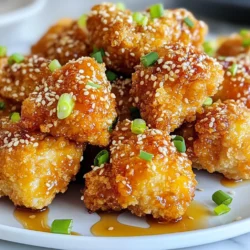 For these tasty chicken bites, you need simple ingredients. Here is what you will need: - 1 pound chicken breast, cut into bite-sized pieces - 1 cup all-purpose flour - 2 large eggs, beaten - 1 cup panko breadcrumbs - 1 tablespoon sesame seeds - 1 teaspoon garlic powder - 1 teaspoon onion powder - 1/2 teaspoon salt - 1/2 teaspoon black pepper - 1/4 teaspoon cayenne pepper (optional for added heat) These main ingredients give you a crispy texture and great flavor. You can add a few optional ingredients to make these bites even better: - 1/2 cup honey - 1 tablespoon soy sauce - 1 tablespoon rice vinegar - 1 teaspoon sesame oil These optional ingredients make a sweet and savory sauce that coats the chicken. Garnishes add a nice touch to your dish. Here are some great options: - Chopped green onions - Additional sesame seeds These garnishes not only look good but also add extra flavor and crunch. {{ingredient_image_1}} To start, you need to prepare the chicken. First, take 1 pound of chicken breast and cut it into small, bite-sized pieces. Pat the pieces dry with paper towels. This step helps the chicken get crispy when baked. Next, set up your breading stations. You will need three shallow bowls. In the first bowl, add 1 cup of all-purpose flour. In the second bowl, beat 2 large eggs. In the third bowl, mix 1 cup of panko breadcrumbs, 1 tablespoon of sesame seeds, 1 teaspoon of garlic powder, 1 teaspoon of onion powder, 1/2 teaspoon of salt, 1/2 teaspoon of black pepper, and 1/4 teaspoon of cayenne pepper if you want some heat. Now, it’s time to coat the chicken. Dip each piece into the flour, shaking off the extra. Then, dip it into the beaten eggs. Finally, coat the chicken in the panko mixture. Press gently to make sure it sticks well. Preheat your oven to 400°F (200°C) and line a baking sheet with parchment paper. Place the coated chicken on the baking sheet in a single layer. Bake for 20 to 25 minutes. Flip them halfway through to get them golden and cooked all over. While the chicken is baking, you can make the honey sesame sauce. In a small saucepan, combine 1/2 cup of honey, 1 tablespoon of soy sauce, 1 tablespoon of rice vinegar, and 1 teaspoon of sesame oil. Heat the mixture on medium heat. Stir it until all the ingredients blend well and the sauce warms up. Once the chicken is done baking and crispy, take it out of the oven. Transfer the chicken to a large bowl. Pour the honey sesame sauce over the chicken. Toss gently to coat every piece. Serve the chicken bites on a plate and garnish with chopped green onions and extra sesame seeds. Enjoy your meal! To get that perfect crispy texture, start with dry chicken. Use paper towels to pat the chicken pieces dry. This step helps the breading stick better. When you bread the chicken, make sure to press the panko mixture firmly onto each piece. This ensures that the coating stays on during baking. Also, place the chicken bites in a single layer on the baking sheet. Crowding the pan can trap steam and make them soggy. Soggy bites ruin the fun. To prevent this, don’t skip the flour step. Dredging in flour helps absorb moisture. After coating, let the chicken rest for a few minutes. This allows the breading to set. Always preheat your oven before baking. An oven that’s not hot enough can lead to sogginess. If you have a wire rack, place it on the baking sheet. This keeps air flowing around the chicken, making it crispier. For a stunning look, serve your chicken bites on a large plate. Drizzle the honey sesame sauce over the bites right before serving. This keeps them crispy. Sprinkle extra sesame seeds and chopped green onions on top. They add color and flavor. You can also add a side of fresh veggies or a light salad. This makes the dish pop and adds a healthy touch. Pro Tips Pat the Chicken Dry: Ensuring that the chicken pieces are dry helps the coating stick better and achieves a crispier texture. Use Panko Breadcrumbs: Panko breadcrumbs are lighter and flakier than regular breadcrumbs, giving your chicken bites that extra crunch. Flip for Even Cooking: Flipping the chicken halfway through baking ensures even crispiness on both sides, resulting in perfectly golden bites. Customize the Sauce: Feel free to adjust the sweetness or acidity of the sauce by adding more honey or vinegar to suit your taste preferences. {{image_2}} To make your crispy sesame chicken bites spicy, add cayenne pepper. Use about one teaspoon for a nice kick. If you love heat, try adding sriracha to the honey sauce. This will give a bold flavor that pairs well with the sweetness. You can easily turn this recipe vegetarian. Use firm tofu instead of chicken. Cut the tofu into bite-sized pieces and follow the same breading steps. The crispy texture combined with the sweet sauce makes it a great dish for everyone. While honey sesame sauce is a hit, feel free to experiment. Try a sweet chili sauce for a tangy twist. You can also use teriyaki or a garlic soy sauce for a different flavor. Each sauce will change the taste and give you new options. You can store leftover chicken bites in an airtight container. Make sure they cool to room temperature first. This helps keep them crispy. Place them in the fridge if you plan to eat them within a few days. They stay good for about three to four days. To reheat, use the oven for the best texture. Preheat your oven to 350°F (175°C). Spread the chicken bites on a baking sheet. Heat them for about 10-15 minutes until they are warm and crispy again. Avoid the microwave, as it can make them soggy. If you want to keep them longer, freezing works well. First, let the chicken bites cool completely. Spread them out on a baking sheet and freeze for about an hour. This stops them from sticking together. After an hour, transfer them to a freezer bag. They can last up to three months. When you're ready to eat, bake them from frozen at 400°F (200°C) for about 25-30 minutes. Yes, you can use chicken thighs. They stay juicy and tender. Thighs have more fat, which adds flavor. Just cut them into bite-sized pieces like breasts. You can use regular breadcrumbs if you don't have panko. Crushed cornflakes or crackers work too. They add a nice crunch. Just keep the same amount as in the recipe. Baking takes about 20 to 25 minutes. Make sure to flip them halfway. You want them golden brown and cooked through. Yes, you can use an air fryer! Cook them at 400°F for about 12 to 15 minutes. This method makes them extra crispy without much oil. These chicken bites go well with rice or noodles. Try a fresh salad or steamed veggies too. They balance the sweet sauce nicely. Crispy sesame chicken bites are fun and easy to make. We covered the main and optional ingredients, ensuring you get tasty results. You learned how to prepare, bread, bake, and serve these bites with a sweet honey sesame sauce. I shared tips for perfecting texture and avoiding sogginess, plus fun variations and storage advice. Now, you can enjoy these bites fresh or as leftovers. Experiment with different flavors, and make every meal special. Enjoy your cooking!