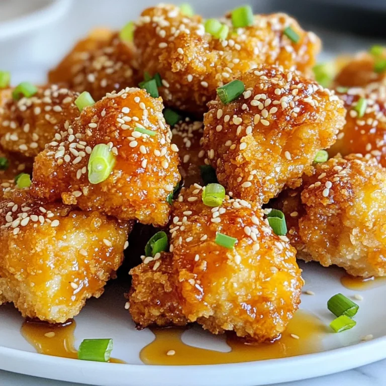 For these tasty chicken bites, you need simple ingredients. Here is what you will need: - 1 pound chicken breast, cut into bite-sized pieces - 1 cup all-purpose flour - 2 large eggs, beaten - 1 cup panko breadcrumbs - 1 tablespoon sesame seeds - 1 teaspoon garlic powder - 1 teaspoon onion powder - 1/2 teaspoon salt - 1/2 teaspoon black pepper - 1/4 teaspoon cayenne pepper (optional for added heat) These main ingredients give you a crispy texture and great flavor. You can add a few optional ingredients to make these bites even better: - 1/2 cup honey - 1 tablespoon soy sauce - 1 tablespoon rice vinegar - 1 teaspoon sesame oil These optional ingredients make a sweet and savory sauce that coats the chicken. Garnishes add a nice touch to your dish. Here are some great options: - Chopped green onions - Additional sesame seeds These garnishes not only look good but also add extra flavor and crunch. {{ingredient_image_1}} To start, you need to prepare the chicken. First, take 1 pound of chicken breast and cut it into small, bite-sized pieces. Pat the pieces dry with paper towels. This step helps the chicken get crispy when baked. Next, set up your breading stations. You will need three shallow bowls. In the first bowl, add 1 cup of all-purpose flour. In the second bowl, beat 2 large eggs. In the third bowl, mix 1 cup of panko breadcrumbs, 1 tablespoon of sesame seeds, 1 teaspoon of garlic powder, 1 teaspoon of onion powder, 1/2 teaspoon of salt, 1/2 teaspoon of black pepper, and 1/4 teaspoon of cayenne pepper if you want some heat. Now, it’s time to coat the chicken. Dip each piece into the flour, shaking off the extra. Then, dip it into the beaten eggs. Finally, coat the chicken in the panko mixture. Press gently to make sure it sticks well. Preheat your oven to 400°F (200°C) and line a baking sheet with parchment paper. Place the coated chicken on the baking sheet in a single layer. Bake for 20 to 25 minutes. Flip them halfway through to get them golden and cooked all over. While the chicken is baking, you can make the honey sesame sauce. In a small saucepan, combine 1/2 cup of honey, 1 tablespoon of soy sauce, 1 tablespoon of rice vinegar, and 1 teaspoon of sesame oil. Heat the mixture on medium heat. Stir it until all the ingredients blend well and the sauce warms up. Once the chicken is done baking and crispy, take it out of the oven. Transfer the chicken to a large bowl. Pour the honey sesame sauce over the chicken. Toss gently to coat every piece. Serve the chicken bites on a plate and garnish with chopped green onions and extra sesame seeds. Enjoy your meal! To get that perfect crispy texture, start with dry chicken. Use paper towels to pat the chicken pieces dry. This step helps the breading stick better. When you bread the chicken, make sure to press the panko mixture firmly onto each piece. This ensures that the coating stays on during baking. Also, place the chicken bites in a single layer on the baking sheet. Crowding the pan can trap steam and make them soggy. Soggy bites ruin the fun. To prevent this, don’t skip the flour step. Dredging in flour helps absorb moisture. After coating, let the chicken rest for a few minutes. This allows the breading to set. Always preheat your oven before baking. An oven that’s not hot enough can lead to sogginess. If you have a wire rack, place it on the baking sheet. This keeps air flowing around the chicken, making it crispier. For a stunning look, serve your chicken bites on a large plate. Drizzle the honey sesame sauce over the bites right before serving. This keeps them crispy. Sprinkle extra sesame seeds and chopped green onions on top. They add color and flavor. You can also add a side of fresh veggies or a light salad. This makes the dish pop and adds a healthy touch. Pro Tips Pat the Chicken Dry: Ensuring that the chicken pieces are dry helps the coating stick better and achieves a crispier texture. Use Panko Breadcrumbs: Panko breadcrumbs are lighter and flakier than regular breadcrumbs, giving your chicken bites that extra crunch. Flip for Even Cooking: Flipping the chicken halfway through baking ensures even crispiness on both sides, resulting in perfectly golden bites. Customize the Sauce: Feel free to adjust the sweetness or acidity of the sauce by adding more honey or vinegar to suit your taste preferences. {{image_2}} To make your crispy sesame chicken bites spicy, add cayenne pepper. Use about one teaspoon for a nice kick. If you love heat, try adding sriracha to the honey sauce. This will give a bold flavor that pairs well with the sweetness. You can easily turn this recipe vegetarian. Use firm tofu instead of chicken. Cut the tofu into bite-sized pieces and follow the same breading steps. The crispy texture combined with the sweet sauce makes it a great dish for everyone. While honey sesame sauce is a hit, feel free to experiment. Try a sweet chili sauce for a tangy twist. You can also use teriyaki or a garlic soy sauce for a different flavor. Each sauce will change the taste and give you new options. You can store leftover chicken bites in an airtight container. Make sure they cool to room temperature first. This helps keep them crispy. Place them in the fridge if you plan to eat them within a few days. They stay good for about three to four days. To reheat, use the oven for the best texture. Preheat your oven to 350°F (175°C). Spread the chicken bites on a baking sheet. Heat them for about 10-15 minutes until they are warm and crispy again. Avoid the microwave, as it can make them soggy. If you want to keep them longer, freezing works well. First, let the chicken bites cool completely. Spread them out on a baking sheet and freeze for about an hour. This stops them from sticking together. After an hour, transfer them to a freezer bag. They can last up to three months. When you're ready to eat, bake them from frozen at 400°F (200°C) for about 25-30 minutes. Yes, you can use chicken thighs. They stay juicy and tender. Thighs have more fat, which adds flavor. Just cut them into bite-sized pieces like breasts. You can use regular breadcrumbs if you don't have panko. Crushed cornflakes or crackers work too. They add a nice crunch. Just keep the same amount as in the recipe. Baking takes about 20 to 25 minutes. Make sure to flip them halfway. You want them golden brown and cooked through. Yes, you can use an air fryer! Cook them at 400°F for about 12 to 15 minutes. This method makes them extra crispy without much oil. These chicken bites go well with rice or noodles. Try a fresh salad or steamed veggies too. They balance the sweet sauce nicely. Crispy sesame chicken bites are fun and easy to make. We covered the main and optional ingredients, ensuring you get tasty results. You learned how to prepare, bread, bake, and serve these bites with a sweet honey sesame sauce. I shared tips for perfecting texture and avoiding sogginess, plus fun variations and storage advice. Now, you can enjoy these bites fresh or as leftovers. Experiment with different flavors, and make every meal special. Enjoy your cooking!