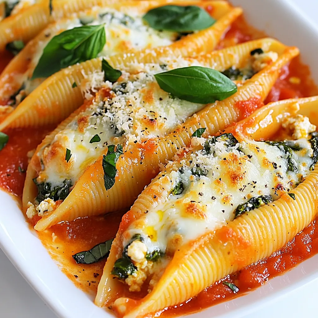 To make tasty Spinach Ricotta Stuffed Shells, gather these key items: - 20 jumbo pasta shells - 1 cup ricotta cheese - 2 cups fresh spinach, chopped - 1 cup shredded mozzarella cheese, divided - 1/2 cup grated Parmesan cheese - 1 egg - 1 teaspoon garlic powder - 1 teaspoon onion powder - 1 teaspoon Italian seasoning - Salt and pepper to taste - 2 cups marinara sauce - Fresh basil leaves for garnish You can add some fun twists to your dish by using these ingredients: - 1/2 cup cooked and crumbled sausage - 1/2 cup chopped sun-dried tomatoes - 1/2 cup feta cheese for a tangy flavor - Fresh herbs like parsley or thyme To make your cooking easier, have these tools ready: - Large pot for boiling pasta - Mixing bowl for the stuffing - Baking dish for oven use - Spoon for stuffing shells - Aluminum foil for covering the dish while baking - Oven mitts for safety when removing the dish {{ingredient_image_1}} First, you need to cook the jumbo pasta shells. Boil water in a big pot. Add the shells and cook them until they are al dente. This usually takes around 8 to 10 minutes. Once done, drain them and let them cool. Keep them aside for later. In a large bowl, combine the ricotta cheese and chopped spinach. Add half of the mozzarella cheese, the Parmesan cheese, and one egg. Then, sprinkle in garlic powder, onion powder, Italian seasoning, salt, and pepper. Mix everything well until it looks creamy and smooth. This will be your tasty stuffing! Now, take a spoonful of that yummy stuffing and fill each pasta shell. Place the stuffed shells seam-side up in a greased baking dish. Once all shells are filled, pour marinara sauce over them. Make sure each shell is covered in sauce. Finally, sprinkle the remaining mozzarella cheese on top. Preheat your oven to 375°F (190°C). Cover the dish with foil and bake for 20 minutes. Then, take off the foil and bake for another 10 minutes. You want the cheese to be bubbly and golden. After baking, let it cool for a few minutes before serving. Garnish with fresh basil leaves for a nice touch! To make perfect stuffed shells, cook your pasta just right. Boil the jumbo shells until they are al dente. This means they still have a firm bite, which holds the filling well. Drain them carefully to avoid tearing the shells. Always toss cooked shells in a little olive oil to prevent sticking. You can make your stuffed shells even better with simple swaps. Try adding fresh herbs like parsley or oregano for extra flavor. If you want more protein, mix in cooked ground turkey or chicken. For a creamier filling, add a bit of cream cheese to the ricotta. You can also substitute the marinara sauce with a homemade basil pesto for a twist. When it’s time to serve, present your stuffed shells on a large platter. Garnish with fresh basil leaves for a pop of color. Drizzle some extra marinara sauce around the edges for a nice touch. Pair the dish with a side salad or garlic bread to complete your meal. This makes it a wonderful feast for family and friends. Pro Tips Use Fresh Spinach: Fresh spinach gives a vibrant flavor and texture to the filling. If using frozen spinach, make sure to thaw and drain it well to avoid excess moisture. Cheese Variations: Feel free to mix and match cheeses! Try adding feta or goat cheese for a tangy twist, or use a blend of Italian cheeses for extra flavor. Make Ahead: You can prepare the stuffed shells in advance and store them in the refrigerator. Just cover them with marinara sauce and cheese, then bake when ready to serve. Garnish Strategically: For an appealing presentation, scatter fresh basil leaves not only on top but also around the dish. A sprinkle of red pepper flakes can add a pop of color and flavor. {{image_2}} You can easily make this dish vegetarian by skipping the egg. Instead, use a flaxseed meal. Mix one tablespoon of flaxseed with three tablespoons of water. Let it sit for five minutes to thicken. For a vegan twist, swap ricotta cheese for tofu. Blend firm tofu with nutritional yeast, a little lemon juice, and salt for a creamy filling. This way, you keep the flavors rich and satisfying without any animal products. For a gluten-free meal, choose gluten-free pasta shells. Many brands offer excellent options that taste great. You can also make your own pasta from rice flour. This option allows everyone to enjoy this dish without gluten. Just ensure your other ingredients, like sauces, are also gluten-free. Cheese lovers can get creative! Try swapping mozzarella for provolone or gouda for a smokier taste. Add goat cheese for a tangy flavor that pairs well with spinach. Mixing different cheeses can enhance the dish's richness and make it more exciting. You can also experiment with vegan cheese if you're going plant-based. After enjoying your Spinach Ricotta Stuffed Shells, store leftovers in an airtight container. This keeps them fresh for up to three days in the fridge. Make sure to let them cool before sealing. This helps prevent moisture build-up. To reheat, preheat your oven to 350°F (175°C). Place the stuffed shells in a baking dish. Add a splash of marinara sauce on top to keep them moist. Cover the dish with foil to avoid drying out. Heat for about 20 minutes until warm. You can freeze stuffed shells for later. First, let them cool completely. Place them in a freezer-safe container. Use parchment paper between layers to prevent sticking. They can last up to three months in the freezer. When ready to eat, thaw overnight in the fridge before reheating. It takes about 50 minutes to make Spinach Ricotta Stuffed Shells. You need 20 minutes to prep and 30 minutes to cook. This makes it a great meal for busy nights! Yes, you can use frozen spinach. Just thaw it first and drain any extra water. Fresh spinach gives a nice texture, but frozen works well too. You can serve a simple salad or garlic bread. A light green salad adds freshness. Garlic bread gives a nice crunch and flavor. Both pair well with the stuffed shells. Yes, you can prepare the shells ahead of time. Stuff the shells and cover them with sauce. Store them in the fridge for up to 24 hours. Just bake them when you are ready to eat! We explored the key ingredients for stuffed shells, including options for variations and tools you need. The step-by-step guide showed you how to prepare, mix, assemble, and bake your dish perfectly. I shared tips for great flavors and serving ideas, plus storage tips to keep leftovers tasty. Finally, I answered common questions about making this meal. Enjoy experimenting with flavors and techniques. You now have the tools to make delicious stuffed shells your own!