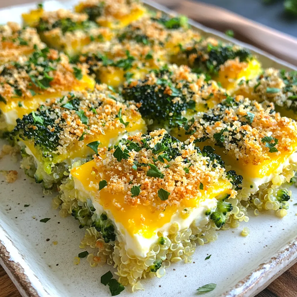 - 1 cup quinoa, rinsed - 2 cups vegetable broth - 2 cups fresh broccoli florets, steamed - 1 cup sharp cheddar cheese, shredded - 1/2 cup cottage cheese - 1/4 cup grated Parmesan cheese - 1/2 cup plain Greek yogurt - 2 large eggs, beaten The main part of this dish is quinoa. Quinoa is a great grain that is full of protein. Rinsing it helps remove bitter flavors. Next, we have fresh broccoli florets. They add a nice crunch and bright color. Sharp cheddar cheese brings a rich taste. Cottage cheese and Greek yogurt make the bake creamy and help with texture. - 1 teaspoon garlic powder - 1 teaspoon onion powder - Salt and pepper to taste - 1/2 cup breadcrumbs (for topping) - 2 tablespoons olive oil Seasonings make this dish pop. Garlic powder and onion powder give a savory flavor. Salt and pepper enhance all the ingredients. For the topping, breadcrumbs mixed with olive oil create a crunchy layer. This adds a nice contrast to the soft bake. Each bite is a mix of creamy and crunchy goodness. {{ingredient_image_1}} First, rinse the quinoa under cold water. This step removes the bitter coating. Then, in a medium pot, bring 2 cups of vegetable broth to a boil. Add the rinsed quinoa, reduce the heat, and cover. Let it simmer for about 15 minutes. Check that all the liquid is absorbed. The quinoa should be fluffy when done. In a large bowl, mix the cooked quinoa and 2 cups of steamed broccoli florets. Add 1 cup of shredded sharp cheddar cheese, 1/2 cup of cottage cheese, and 1/4 cup of grated Parmesan cheese. Then, stir in 1/2 cup of plain Greek yogurt and 2 beaten eggs. Next, season the mixture with 1 teaspoon of garlic powder, 1 teaspoon of onion powder, salt, and pepper to taste. Mix everything well until fully combined. Prepare your baking dish by greasing it with 2 tablespoons of olive oil. Pour the quinoa mixture into the dish, spreading it evenly. In a small bowl, mix 1/2 cup of breadcrumbs with 2 tablespoons of olive oil. Sprinkle this breadcrumb mix on top for a crispy finish. Bake the dish in your preheated oven at 350°F for 25 to 30 minutes. Look for a golden, crunchy top. Let it cool for a few minutes before slicing into squares. Enjoy your delicious Broccoli Cheddar Quinoa Bake! - Rinsing: Always rinse your quinoa under cold water. This removes a bitter coating called saponin. Use a fine mesh strainer for best results. - Boiling: Use two cups of vegetable broth for every cup of quinoa. Bring the broth to a boil before adding your rinsed quinoa. This adds great flavor. To get the right texture, let the quinoa simmer on low heat. Cover it and let it cook for about 15 minutes. The quinoa should be fluffy and the liquid should be absorbed when done. You can swap out cheese based on your needs. Try mozzarella or gouda if you want a different flavor. For a dairy-free option, use vegan cheese. Adding proteins can make this bake heartier. You can stir in cooked chicken, beans, or even tofu. Feel free to throw in other veggies like bell peppers or carrots for more color and nutrients. For a nice presentation, cut the bake into squares. Serve it warm and consider garnishing with fresh herbs like parsley. Pair your quinoa bake with a side salad. A light salad with lemon dressing works well. You can also add some crusty bread for a comforting meal. Pro Tips Cook Quinoa Properly: Always rinse quinoa before cooking to remove any bitterness. Make sure the water is fully absorbed for a fluffy texture. Use Fresh Ingredients: Fresh broccoli not only enhances the flavor but also adds more nutrients. Steaming it lightly retains its vibrant color and crunch. Cheese Variations: Feel free to experiment with different types of cheese like mozzarella or gouda for a unique flavor profile. Let it Rest: Allow the bake to cool slightly before slicing. This helps the layers set and makes for cleaner cuts. {{image_2}} You can switch up the cheese in this bake. Try using Monterey Jack, Gouda, or even a mix. Each cheese brings new flavors. If you want a vegan option, use cashew cheese or a store-bought vegan cheese. These options melt well and still taste great. For more protein, add cooked chicken or beans. Shredded rotisserie chicken works well for a quick option. If you prefer plant-based, chickpeas or black beans add protein and fiber. Both choices make your bake heartier and more filling. Feel free to swap in other vegetables. Spinach, zucchini, or bell peppers are tasty alternatives. You can also use whatever is fresh at your local market. This keeps your dish exciting and in tune with the seasons. Mixing in seasonal veggies can change the flavor and texture too! To store leftovers, let the quinoa bake cool first. Once cooled, cut it into squares. Place the pieces in an airtight container. You can keep it in the fridge for up to four days. This helps keep it fresh and tasty. If you want to enjoy it later, you can reheat it easily. I recommend using glass or BPA-free plastic containers. These containers seal well and protect the bake from air. This way, the flavors stay intact. If you have any extra toppings, store them separately to maintain crunchiness. To freeze the bake, follow these steps. First, let it cool completely. Then, wrap each square tightly in plastic wrap. After that, place the wrapped squares in a freezer-safe bag. This helps prevent freezer burn. You can freeze it for up to three months. When you want to eat it, thaw the bake in the fridge overnight. If you're in a hurry, you can use the microwave. Heat it on low until warm. For best results, reheat in an oven. Preheat your oven to 350°F (175°C) and bake for 15-20 minutes. This will keep the texture nice and cheesy. Yes, you can prepare this dish in advance. First, make the quinoa bake as directed. Once baked, let it cool down. After it cools, store it in an airtight container. You can keep it in the fridge for up to three days. To reheat, place it in a preheated oven at 350°F (175°C) for about 20 minutes. This way, you can enjoy a warm, comforting meal later without extra work. Yes, this recipe can be gluten-free. Quinoa is naturally gluten-free, making it a great choice. Just be sure to use gluten-free breadcrumbs for the topping. Many brands offer gluten-free options. Always check the label to be sure. This way, you can enjoy a delicious meal without worrying about gluten. To make this dish dairy-free, you can swap out dairy ingredients. Use plant-based cheese instead of cheddar and Parmesan. You can also replace cottage cheese with a dairy-free alternative like almond or soy yogurt. For Greek yogurt, choose a dairy-free version. These swaps keep the dish creamy and tasty without dairy. This blog post covered a tasty and healthy dish featuring quinoa, broccoli, and cheese. We explored key ingredients, step-by-step instructions, and smart tips for perfecting the bake. You learned about storage options, variations for customization, and answers to common questions. Try this recipe for a delicious meal that’s easy to adapt. Feel free to experiment with different cheeses and proteins to suit your taste. Enjoy making this dish your own!
