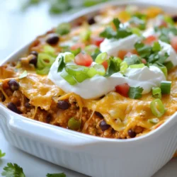 - 1 lb lean ground turkey or chicken - 1 can (15 oz) black beans, drained and rinsed - 1 can (15 oz) diced tomatoes with green chilies - 1 cup frozen corn - 1 packet taco seasoning (low-sodium) For this dish, I always start with lean ground turkey or chicken. This keeps it light but hearty. Black beans add great protein and fiber. Diced tomatoes with green chilies bring a nice kick and moisture. Frozen corn adds sweetness and color. Finally, taco seasoning ties all the flavors together. - 1 cup reduced-fat shredded cheddar cheese - 1 cup fat-free Greek yogurt - 2 green onions, sliced (for garnish) - Fresh cilantro, chopped (for garnish) Toppings make this dish special. I love using reduced-fat shredded cheddar cheese for that gooey texture. Fat-free Greek yogurt gives a creamy touch without the extra calories. Green onions add a fresh crunch, and cilantro brings a burst of flavor. - Salt and pepper - Non-stick cooking spray Seasoning is key in cooking. I always use salt and pepper to enhance the flavors. A little non-stick cooking spray helps prevent sticking and makes cleanup easy. This simple mix of ingredients makes for a delicious and healthy meal. {{ingredient_image_1}} 1. Preheat your oven to 350°F (175°C). This prepares it for cooking. 2. In a large skillet, heat a bit of non-stick cooking spray over medium heat. 3. Add the chopped onion and minced garlic. Sauté until the onion turns soft and clear. 1. Add 1 lb of lean ground turkey or chicken to the skillet. 2. Cook until it is brown and fully cooked, breaking it up with a wooden spoon. 3. Drain any extra fat from the meat. 4. Now stir in the black beans, diced tomatoes with green chilies, frozen corn, and the taco seasoning. 5. Mix everything well and let it simmer for about 5 minutes. 6. Season with salt and pepper to taste. 1. Take a 9x13 inch baking dish and layer the meat and bean mix evenly on the bottom. 2. Sprinkle 1 cup of reduced-fat shredded cheddar cheese on top. 3. Bake in the preheated oven for 20 to 25 minutes. You want the cheese melted and bubbly. 4. After baking, let it cool for a few minutes. 5. Top each serving with a dollop of fat-free Greek yogurt, sliced green onions, and chopped cilantro before serving. Each serving of Weight Watchers Taco Casserole has about 300 calories. This makes it a great choice for those watching their intake. The Weight Watchers points value is around 6 points per serving. This means it fits well within many meal plans. This casserole is packed with protein. It offers about 25 grams of protein per serving. The dish also contains around 30 grams of carbohydrates and 10 grams of fat. This balance helps keep you full and satisfied. This recipe uses low-calorie options. The lean turkey or chicken keeps it light, while the beans add fiber. Nutrient-rich ingredients like tomatoes and corn boost vitamins and minerals. Enjoying this meal can support a healthy lifestyle while still tasting delicious. Pro Tips Use Fresh Ingredients: Fresh ingredients can elevate the flavors in your casserole, making it taste even better. Opt for fresh cilantro and green onions for garnish to add a burst of flavor. Customize Your Protein: Feel free to substitute the lean ground turkey or chicken with lean ground beef or plant-based protein for a different twist on this dish that fits your dietary preferences. Layer It Up: For added texture and flavor, consider layering in some sautéed bell peppers or zucchini before baking for a veggie boost. Make Ahead: This casserole can be assembled ahead of time. Just cover it tightly and store in the fridge for up to 24 hours before baking for a convenient meal option. {{image_2}} To make your Weight Watchers Taco Casserole even better, consider these tips: - Adjusting spice levels: If you like heat, add more taco seasoning or fresh jalapeños. For a milder taste, reduce the seasoning or use a mild salsa. - Adding extra vegetables: You can sneak in more veggies like bell peppers, zucchini, or spinach. This adds flavor and boosts the nutrition. Here are some helpful cooking tips: - Tips for browning meat: Use medium heat to avoid burning. Break the meat into small pieces. This helps it cook evenly and brown nicely. - Best practices for layering: When layering, spread the meat mixture evenly. Then, sprinkle cheese on top. This ensures every bite is cheesy and delicious. Make this casserole fit your diet: - Substitutions for different diets: If you want to use ground beef, choose lean cuts. For gluten-free options, make sure your taco seasoning is gluten-free. - Making it vegetarian: Swap the meat for more beans or lentils. You can also add extra veggies to keep it hearty and satisfying. You can change the protein in this recipe. Instead of lean ground turkey or chicken, try lean ground beef or plant-based meat. These swaps add different tastes and textures. You can also use shredded chicken or leftover rotisserie chicken. For beans, black beans work well, but you can also use pinto beans or kidney beans. If you want more veggies, add chopped bell peppers or zucchini. These options boost nutrition and flavor. Want to spice it up? Add more taco seasoning or use spicy diced tomatoes. You can make it even more Mexican by adding jalapeños or fresh lime juice. These small changes can make a big taste difference. If you’re feeling adventurous, try an Italian twist. Use Italian sausage instead of turkey and add marinara sauce. Top it with mozzarella cheese instead of cheddar. This creates a fun new dish. Pair this casserole with a crisp salad or some guacamole. Fresh greens balance the rich flavors. You can also serve it with tortilla chips for extra crunch. For meal prep, this casserole is perfect. You can make it ahead and store it in the fridge. It keeps well for up to three days. Just reheat and enjoy a tasty meal without the fuss. Can I make this casserole ahead of time? Yes, you can prepare the casserole in advance. Just follow the steps, then cover and store it in the fridge. When you're ready to eat, bake it straight from the fridge. You may need to add a few extra minutes to the cooking time. Is it freezer-friendly? Absolutely! You can freeze the casserole before or after baking. Wrap it well in plastic wrap and foil to prevent freezer burn. When ready to eat, thaw it overnight in the fridge and reheat it in the oven. How can I make it spicier? To add some heat, mix in jalapeños or hot sauce. You can also use spicy taco seasoning or add crushed red pepper flakes. Adjust the spice to fit your taste! Is this casserole gluten-free? Yes, this casserole can be gluten-free. Just ensure you use gluten-free taco seasoning. All other ingredients are naturally gluten-free. Can I use low-carb ingredients? Yes, you can swap out the black beans for cauliflower rice or zucchini. This keeps the dish lower in carbs. Always check the labels of your ingredients to be sure. What if I don’t have taco seasoning? If you lack taco seasoning, make your own! Combine chili powder, cumin, garlic powder, and onion powder. Adjust the amounts to match your flavor preference. Alternatives for cheese or yogurt? If you want cheese alternatives, try nutritional yeast for a cheesy flavor. For yogurt, use sour cream or a plant-based option. These swaps keep the taste tasty and fresh! This casserole combines lean turkey, black beans, and tasty spices for a delicious meal. You can also adjust toppings for a healthy finish. I shared tips for spicing it up, customizing it, and even making it ahead. Remember, make it yours through ingredient swaps or flavor tweaks. Cooking can be fun and easy. Enjoy experimenting and enjoying this hearty dish!