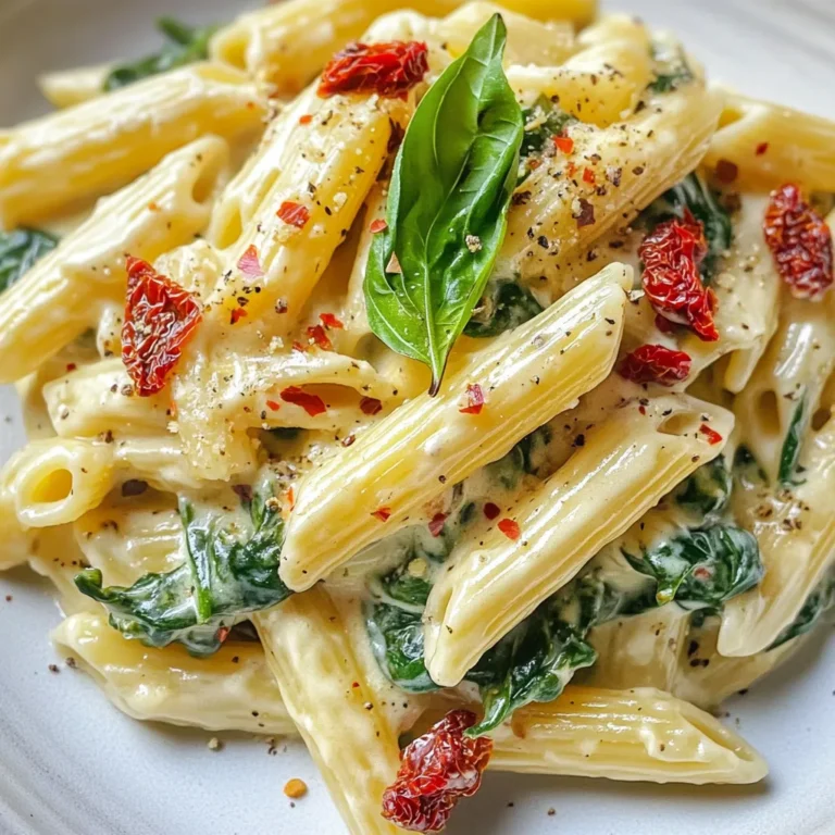- 8 oz (225g) pasta (penne or fusilli work great) - 2 cups fresh spinach, roughly chopped - 1/2 cup sun-dried tomatoes in olive oil, drained and chopped - 3 cloves garlic, minced - 1/4 cup heavy cream (or a non-dairy alternative) - 1/2 cup grated Parmesan cheese (or nutritional yeast for a vegan option) - 1 tablespoon olive oil - 1/2 teaspoon crushed red pepper flakes (optional) - Salt and black pepper to taste - Fresh basil leaves for garnishing You need just a few key ingredients for this dish. Start with pasta. Penne or fusilli are my favorites. They hold sauce well and give you a great bite. Next, grab some fresh spinach and sun-dried tomatoes. They add color and flavor. Garlic brings an aromatic touch when sautéed. For creaminess, use heavy cream or a non-dairy option if you prefer. Parmesan cheese adds a salty kick, but nutritional yeast works well for a vegan twist. Don't forget your seasonings! A sprinkle of red pepper flakes adds heat, while salt and black pepper balance the flavors. Lastly, fresh basil leaves make a perfect garnish. They add freshness and a pop of color. These ingredients come together to make a quick, tasty meal. You can mix and match based on what you have at home. {{ingredient_image_1}} - Bring a large pot of salted water to a boil. - Add 8 oz of pasta and cook until al dente. - Reserve 1/2 cup of pasta water before draining the pasta. - Heat 1 tablespoon of olive oil in a large skillet. - Add 3 cloves of minced garlic and sauté for 1-2 minutes. - Be careful not to burn the garlic; it should just become fragrant. - Stir in 1/2 cup of chopped sun-dried tomatoes. - Cook for an additional 2-3 minutes to warm them up. - Now, add 2 cups of roughly chopped spinach and cook until wilted. - Lower the heat and pour in 1/4 cup of heavy cream. - Mix well and let it simmer for about 2 minutes. - Add the drained pasta to the skillet and toss to combine. - If the sauce is too thick, add some reserved pasta water. - Stir in 1/2 cup of grated Parmesan cheese. - Season the mixture with salt, black pepper, and crushed red pepper flakes (if using). - Make sure everything is heated through before serving. To achieve the perfect al dente texture, cook your pasta in a large pot of salted water. Follow the package instructions for the cooking time, but taste it a minute early. It should be firm yet tender. If you want extra flavor, try adding a little olive oil or garlic to the water. You can also toss in some fresh herbs, like basil, while cooking. If you want a vegan sauce, use coconut milk or almond milk instead of heavy cream. Nutritional yeast can replace Parmesan cheese for a cheesy flavor. To keep the sauce creamy without adding more cream, use some of the reserved pasta water. This will help thin it out while keeping it rich. Fresh herbs like parsley or oregano work great for garnishing. They add a bright touch and extra flavor. If you like heat, customize the spice level with red pepper flakes. Start with a small pinch and add more if desired. This gives the dish a nice kick without overwhelming the other flavors. Pro Tips Choose the Right Pasta: Opt for pasta shapes that can hold onto the sauce, like penne or fusilli, to enhance each bite. Make it Creamy: If you want a richer sauce, you can add a bit more heavy cream or a splash of pasta water to achieve your desired consistency. Fresh Spinach Tip: Always add spinach towards the end of cooking to maintain its vibrant color and nutrients. Enhance Flavor: For a flavor boost, consider adding a squeeze of fresh lemon juice or zest before serving. {{image_2}} You can add chicken or shrimp to this dish for extra protein. Grilled chicken adds a nice flavor. Sautéed shrimp cooks quickly and tastes great. For a vegetarian option, try beans or tofu. Both add protein and create a filling meal. If you want to change up the greens, try kale or arugula instead of spinach. Both greens bring a unique taste and texture. You can also add other colorful vegetables. Bell peppers, cherry tomatoes, or zucchini make your dish vibrant and healthy. For those avoiding gluten, use gluten-free pasta like rice or lentil pasta. These options cook well and keep the dish tasty. You can also switch your sauce. A simple olive oil and lemon dressing can replace the creamy sauce while adding flavor. To keep your Spinach and Sun-Dried Tomato Pasta fresh, follow these tips. First, let the pasta cool to room temperature. Place it in an airtight container. Store it in the fridge for up to three days. If you want to keep it longer, freeze it. Use a freezer-safe container or bag. It will stay good for about two months. Just remember to label the container with the date. When reheating, the goal is to keep the pasta's texture. You can use a skillet or microwave. If using a skillet, add a splash of water or broth. Heat it over low heat, stirring gently. If using a microwave, cover the dish with a damp paper towel. This keeps the pasta moist. Avoid cooking it too long to prevent the sauce from separating. Check every 30 seconds until warm. Enjoy your meal just like the first time! For this dish, I recommend using penne or fusilli pasta. Both types hold sauce well and add a nice texture. Penne has a tube shape that captures the creamy sauce inside. Fusilli’s spiral shape helps it grab the spinach and sun-dried tomatoes. You can choose any pasta you love, but these options work best for the flavors here. To make this dish vegan, you can easily swap a few ingredients. Use a non-dairy cream like coconut cream or almond milk instead of heavy cream. For cheese, replace Parmesan with nutritional yeast. This gives a cheesy flavor without dairy. Make sure to check labels for any hidden animal products in the pasta. Yes, you can prepare this dish ahead of time! Cook the pasta and store it in the fridge. Sauté the garlic and sun-dried tomatoes in advance too. Keep everything in separate containers. When you’re ready to eat, combine the pasta with the spinach and cream mixture. Just remember to add a splash of water when reheating. This keeps the pasta moist and tasty. In this blog post, we explored a delicious Spinach and Sun-Dried Tomato Pasta recipe. We covered key ingredients, from pasta choices to fresh herbs. I provided step-by-step instructions and shared tips for perfecting your dish. You learned about variations for protein and veggies, along with storage tips and reheating methods. Now, you can enjoy a creamy and flavorful meal tailored to your taste. Embrace your creativity in the kitchen, and make this dish your own. Happy cooking!