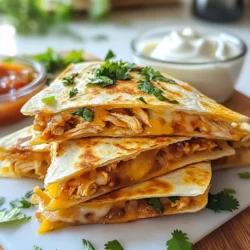 To make these tasty quesadillas, you need: - 2 boneless, skinless chicken breasts - 2 tablespoons chipotle sauce (adjust to spice preference) - 1 teaspoon garlic powder - 1 teaspoon onion powder - 1/2 teaspoon smoked paprika - Salt and pepper to taste - 1 cup shredded Monterey Jack cheese - 1 cup shredded cheddar cheese - 4 large flour tortillas - 2 tablespoons olive oil (for cooking) These ingredients blend to create a smoky, spicy flavor that makes each bite exciting. You can make these quesadillas your own by adding: - Sliced jalapeños for more heat - Black beans for extra protein - Corn for sweetness - Bell peppers for crunch - Avocado for creaminess Feel free to mix and match to suit your taste! To elevate your quesadillas, consider these garnishes and sides: - Fresh cilantro, chopped - Sour cream for dipping - Salsa to add freshness - Lime wedges for a zesty kick These options will make your meal more colorful and flavorful. Enjoy your cooking adventure! {{ingredient_image_1}} First, gather your chicken breasts. In a bowl, mix chipotle sauce, garlic powder, onion powder, smoked paprika, salt, and pepper. Add the chicken and coat it well with the mixture. Cover the bowl and let it marinate for at least 30 minutes. If you have time, marinate for up to 2 hours in the fridge. This helps the chicken absorb all those great flavors. Next, heat a grill or skillet over medium heat. Add a teaspoon of olive oil to the pan. Place the marinated chicken on the grill and cook for about 6-7 minutes on each side. You want it to reach a safe internal temperature. Look for clear juices when you cut into the chicken. Once done, let it rest for a few minutes. Then, slice or shred it into bite-sized pieces. Now, heat a non-stick skillet over medium heat. Place one tortilla in the skillet. On one half, sprinkle a mix of Monterey Jack and cheddar cheese. Then, add a portion of the shredded chicken. Top it off with another layer of cheese. Fold the tortilla over to cover the filling. This helps keep everything inside while cooking. Cook the quesadilla for about 3-4 minutes on one side. You want it golden and crispy. Then, flip it carefully and cook for another 3-4 minutes. The cheese should be melted and bubbling. Repeat this with the remaining tortillas and filling. You will love how crispy they get! Once cooked, slice the quesadillas into wedges. Arrange them on a platter. Garnish with chopped cilantro for a fresh touch. Serve with sour cream and salsa on the side for dipping. Enjoy your tasty chipotle chicken quesadillas! To change the spice in your quesadillas, start with less chipotle sauce. Use one tablespoon instead of two if you want it milder. Taste the chicken after marinating. If it needs more heat, add a bit more sauce before cooking. You can also add sliced jalapeños for a fresh kick. For extra cheese, layer more cheese in the quesadilla. Use both Monterey Jack and cheddar cheese. These cheeses melt well and blend nicely. Adding cheese to both sides of the chicken makes it even gooier. Try using a mix of cheeses for more flavor. To avoid sticking, use a non-stick skillet and preheat it well. Add a bit of olive oil before placing the tortilla. Make sure the skillet is hot enough to crisp the tortilla. Flip the quesadilla gently with a spatula to keep the filling inside. Pro Tips Marination Time: For the best flavor, let the chicken marinate for at least 2 hours in the refrigerator. This allows the spices to penetrate deeper into the meat. Cheese Combination: Mixing Monterey Jack and cheddar cheese provides a perfect balance of creaminess and sharpness, enhancing the overall flavor of the quesadillas. Cooking Temperature: Ensure your skillet is at medium heat before cooking the quesadillas. This helps achieve a crispy outside while melting the cheese inside evenly. Serving Suggestions: Pair the quesadillas with fresh avocado or guacamole for an added layer of flavor and creaminess that complements the spiciness of the chipotle. {{image_2}} You can make a vegetarian version of chipotle quesadillas. Just skip the chicken. Use ingredients like black beans, grilled mushrooms, or roasted peppers. These add great taste and texture. They also pack in fiber and nutrients. Mix in chipotle sauce for that spicy kick. You can still enjoy all the cheesy goodness with Monterey Jack and cheddar. While Monterey Jack and cheddar are great, try other cheeses too. Pepper Jack adds extra spice. Gouda will give a smoky flavor. For a creamier bite, use mozzarella. You can mix and match cheeses for a unique taste. Aim for a good melt to keep the quesadilla gooey. Adding veggies enhances flavor and nutrition. Chopped spinach, bell peppers, or onions work well. You can sauté them before adding to the quesadilla. For a fresh touch, try adding avocado or fresh corn. These additions keep the dish light and delicious. The bright colors also make your plate look appetizing. Store leftover quesadillas in an airtight container. Place parchment paper between each quesadilla to keep them from sticking. This helps maintain their texture. Make sure to store them in the fridge. They stay fresh for 3 to 4 days. To reheat your quesadillas, use a skillet over medium heat. Heat each side for 2 to 3 minutes. This helps crisp up the tortilla. You can also use a microwave, but it may make them soft. If using a microwave, heat for 30 seconds at a time until warm. You can freeze quesadillas for later meals. Wrap each one in plastic wrap, then place them in a freezer bag. They can last up to 3 months in the freezer. When ready to eat, thaw them in the fridge overnight. Reheat as mentioned above for best results. The best way to marinate chicken is to mix the chicken breasts with chipotle sauce, garlic powder, onion powder, smoked paprika, salt, and pepper. This blend adds great flavor. Marinate it for at least 30 minutes. For deeper flavor, marinate it for up to 2 hours in the fridge. This helps the spices soak in and makes the chicken juicy. Yes, you can use corn tortillas instead of flour. Corn tortillas add a nice crunch and a distinct taste. They are also gluten-free, which is great for those with gluten intolerance. Just be careful while cooking, as corn tortillas can break easily. You may need to adjust the cooking time slightly. You know the quesadillas are done when the tortillas turn golden brown and crispy. You should also see melted cheese oozing out. Cook each side for about 3-4 minutes. If you gently press down on the quesadilla and it feels firm, it’s ready to serve. Chipotle Chicken Quesadillas pair well with sour cream and salsa. These condiments add creaminess and tang. You can also serve them with guacamole for extra flavor. A fresh salad on the side complements the quesadillas nicely, adding crunch and freshness. You learned how to make delicious Chipotle Chicken Quesadillas. The right ingredients, cooking steps, and tips ensure great flavor and texture. Customize your quesadillas with your favorite toppings and spices. Store and reheat leftovers easily for more yummy meals. Explore variations to fit your tastes, whether you're vegetarian or just want something new. Enjoy creating these tasty treats and impressing friends and family with your cooking skills. Happy cooking!