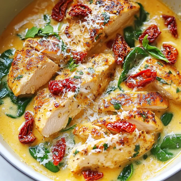 - 2 chicken breasts, sliced into strips - 1 cup sun-dried tomatoes in oil, drained and chopped - 1 cup heavy cream - 3 cloves garlic, minced - 1 cup spinach, roughly chopped - 1 teaspoon dried Italian herbs (oregano, basil, thyme) - 1 tablespoon olive oil - Salt and pepper to taste - Grated parmesan cheese - Fresh basil or additional sun-dried tomatoes The main ingredients in this recipe create a rich flavor. Chicken breasts give a nice protein base. Sun-dried tomatoes add a sweet, tangy punch. Heavy cream makes the sauce smooth and creamy. Garlic brings warmth and depth to the dish. Spinach adds a pop of color and nutrients. For seasoning, dried Italian herbs are key. They bring out the flavors in the chicken and sauce. Olive oil helps to cook the chicken and adds healthy fats. Use salt and pepper to enhance the taste. Optional garnishes like grated parmesan cheese add richness. Fresh basil or more sun-dried tomatoes can elevate the dish's look and flavor. These ingredients together make your Creamy Sun-Dried Tomato Chicken Skillet a delight to eat! {{ingredient_image_1}} First, heat the olive oil in a large skillet over medium heat. Add the sliced chicken breasts when the oil is hot. Season the chicken with salt, pepper, and dried Italian herbs. Cook the chicken for about 5 to 7 minutes. You want it to be no longer pink and lightly browned. Once done, remove the chicken from the skillet and set it aside on a plate. Next, add the minced garlic to the same skillet. Sauté the garlic for about 1 minute until it smells good. Then, pour in the chicken broth. Allow it to simmer for 2 to 3 minutes. Use a spatula to scrape any browned bits from the skillet. This adds flavor! Now, stir in the chopped sun-dried tomatoes and heavy cream. Mix well and let the sauce simmer for another 3 to 4 minutes. This helps it thicken a bit. Now, add the chopped spinach to the skillet. Cook it until it wilts, which takes about 2 minutes. Return the cooked chicken to the skillet and mix it with the creamy sun-dried tomato sauce. Heat everything through for an additional minute. Taste the dish and adjust the seasoning if needed. Serve it hot, garnished with grated parmesan cheese. Enjoy! To make the sauce just right, start with the heavy cream. Use it cold to help it blend smoothly. Stir the cream in slowly to keep it creamy. If it thickens too much, add a splash of chicken broth. This helps achieve the perfect creamy texture. To avoid curdling, cook the sauce on low heat. High heat can make the cream separate. Always stir gently while cooking. For this recipe, I recommend using chicken breasts. They cook quickly and stay juicy. You can also use chicken thighs for a richer flavor. If you want to switch proteins, try shrimp or tofu. Both options work well in this dish and take on the creamy sauce nicely. To make your dish even better, add fresh herbs like basil or parsley. A pinch of red pepper flakes gives it a nice kick. You can also toss in some mushrooms or bell peppers for extra flavor and texture. These ingredients complement the sun-dried tomatoes and cream perfectly. Pro Tips Choose Quality Chicken: Opt for organic or free-range chicken breasts for enhanced flavor and texture. Adjust the Creaminess: If you prefer a lighter sauce, substitute half of the heavy cream with chicken broth. Herb Freshness: For a burst of freshness, add a handful of freshly chopped basil or parsley just before serving. Make it Ahead: This dish can be made ahead of time and reheated gently on the stove for a quick meal. {{image_2}} You can make this dish vegetarian by swapping chicken for tofu or chickpeas. Tofu absorbs flavors well. Use firm tofu for the best texture. Chickpeas add protein and bite. You can also use vegetable broth instead of chicken broth. This keeps the dish rich and flavorful without meat. For those who love heat, try adding red pepper flakes or a splash of hot sauce. This will give your creamy sun-dried tomato chicken a zesty kick. You can also incorporate spicy ingredients like jalapeños or chili powder for more flavor. Adjust the spice level to suit your taste. If you want a dairy-free option, use coconut cream. It gives a subtle sweetness and richness. Another fun option is to experiment with different cheeses. Try goat cheese for a tangy twist or cream cheese for extra creaminess. Each cheese will change the flavor and texture of the dish. To keep your creamy sun-dried tomato chicken fresh, use airtight containers. This step helps seal in flavor and moisture. When stored properly, the dish lasts up to three days in the fridge. Always let it cool down a bit before sealing it up. This way, it won’t steam inside the container. You can freeze this chicken dish if you want to save it for later. First, let it cool completely. Then, place it in a freezer-safe container. It can stay in the freezer for up to three months. When you’re ready to enjoy it, move it to the fridge overnight to thaw. For reheating, you can use the microwave or heat it on the stove. Add a splash of chicken broth if the sauce looks too thick. To reheat while keeping the creaminess, do this gently. Use low heat on the stove and stir often. This helps avoid curdling. You can serve it again with sides like fluffy rice or creamy mashed potatoes. These pairs enhance the flavors and make your meal enjoyable. You can even sprinkle some fresh herbs on top for extra taste. To thicken your sauce, add more heavy cream. You can also make a cornstarch slurry. Mix one tablespoon of cornstarch with two tablespoons of cold water. Stir this mix into the sauce while it simmers. This will help your sauce become creamy and thick. Yes, you can use fresh tomatoes. However, fresh tomatoes have a milder taste and more water. Sun-dried tomatoes are richer and add depth to the dish. If you use fresh ones, consider cooking them longer to reduce moisture. This dish goes great with several sides. Here are some ideas: - Fluffy rice - Creamy mashed potatoes - Steamed veggies - Pasta with olive oil or garlic These choices balance the rich flavors of the creamy sun-dried tomato chicken. This blog post covered how to make a delicious creamy sun-dried tomato chicken skillet. You learned about the key ingredients, step-by-step cooking instructions, and useful tips for the best results. I shared variations for added excitement and storage tips for leftovers. By trying this recipe, you’ll enjoy a flavorful meal that’s easy to make. Use the tips and tricks to customize it to your liking. Cooking should be fun, and with this dish, it will be! Enjoy your culinary journey!