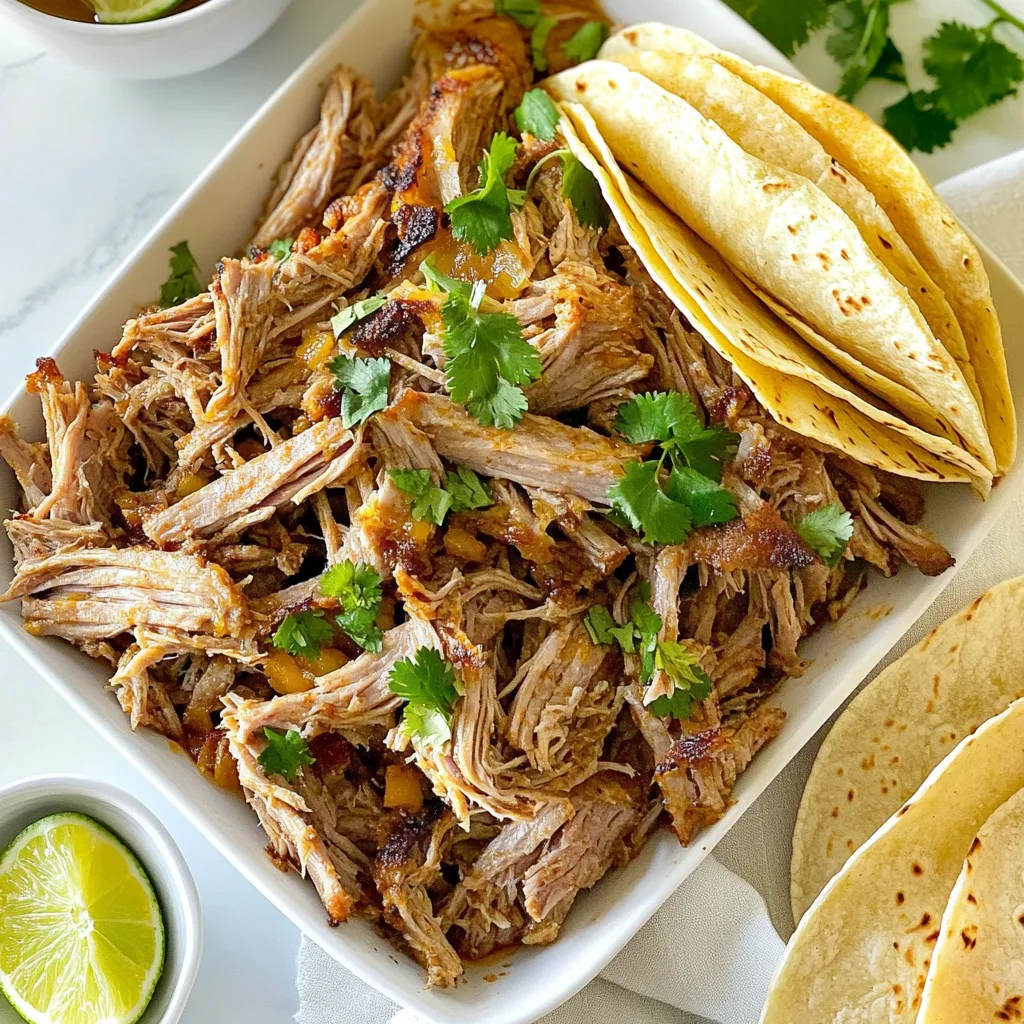 To make authentic slow cooker carnitas, you need a few key ingredients. Here’s what you’ll need: - 3 lbs pork shoulder, cut into large chunks - 1 teaspoon cumin - 1 tablespoon chili powder - 1 tablespoon smoked paprika - 1 tablespoon dried oregano - 4 cloves garlic, minced - 1 onion, quartered - 1 orange, juiced and zested - 1 lime, juiced - 1 cup chicken broth - Salt and pepper, to taste Each of these ingredients plays a role in creating rich and tasty carnitas. The pork shoulder is the star. It becomes tender and juicy during cooking. The spices add warmth and depth. Citrus juices brighten the dish while the broth keeps it moist. The spice blend is vital for flavor. It includes: - Cumin - Chili powder - Smoked paprika - Dried oregano - Garlic, salt, and pepper Mix these spices well. Rub them on the pork before cooking. This step ensures every bite bursts with flavor. The smoked paprika gives a lovely depth, while the garlic adds aroma. Garnishes can enhance your meal. Here are some great options: - Fresh cilantro, chopped - Diced onions - Salsa - Avocado slices - Warm tortillas These toppings add freshness and texture. Cilantro provides a bright note. Diced onions add crunch. Salsa and avocado create creaminess. Serve your carnitas with warm tortillas for a complete meal. Enjoy the burst of flavors! {{ingredient_image_1}} Start by cutting the pork shoulder into large chunks. This helps it cook evenly. In a small bowl, mix cumin, chili powder, smoked paprika, oregano, minced garlic, salt, and pepper. Rub this spice mix all over the pork pieces. Make sure every side is coated well. This adds great flavor to your carnitas. Next, take your slow cooker and place the quartered onion at the bottom. This will give the pork a nice base. Lay the seasoned pork on top of the onion. In another bowl, mix the orange juice, lime juice, and chicken broth. Pour this tangy mixture over the pork. It will keep the meat moist and tasty. Cover the slow cooker with its lid. You can set it to cook on low for 8 hours or on high for 4 hours. I recommend the low setting for the best flavor and tenderness. Check the pork after the cooking time. It should be very tender and easy to shred. Once it’s ready, take the pork out and shred it with two forks. If you want a crispy touch, place the shredded meat on a baking sheet and broil it for 5-7 minutes. This step adds a crunchy texture that everyone loves. Enjoy your carnitas warm with tortillas and your favorite toppings. To get perfectly shredded pork, you need to focus on cooking time. Cook your pork until it is fork-tender. If you use a slow cooker, cook on low for 8 hours. This long cooking time helps break down the meat fibers. After cooking, let the pork rest for a few minutes. Then, use two forks to shred the meat. Shred it in the slow cooker to soak up extra juices. This will keep your carnitas moist and full of flavor. Broiling adds a nice crunch to your carnitas. After shredding the pork, spread it on a baking sheet. Set your oven to broil and place the baking sheet inside. Broil for 5-7 minutes, but keep an eye on it. You want it crispy and golden, not burnt. This step gives your carnitas a nice contrast between chewy and crispy. The crispiness adds a fun texture to your tacos. To boost the flavor of your carnitas, use fresh spices. Always choose whole spices when possible. Toast them lightly in a pan before using them in your rub. This releases their oils and makes them more fragrant. Also, don’t skip the citrus juices! The orange and lime juices add brightness to the dish. You can even add more zest for a punch of flavor. Lastly, let the pork soak in the juices during cooking. This will ensure every bite is packed with taste. Pro Tips Let it marinate: For even more flavor, allow the pork to marinate in the spice mixture for a few hours or overnight before cooking. Use citrus zest: Don’t skip the orange and lime zest; it adds a fresh brightness that enhances the overall flavor of the carnitas. Broiling for texture: Broiling the shredded pork after slow cooking gives it a delightful crispy texture, making your carnitas even more delicious. Customize your toppings: Get creative with toppings like pickled red onions, fresh avocado, or your favorite salsa to personalize your carnitas. {{image_2}} You can swap the pork shoulder for other meats. Chicken thighs work well for a lighter dish. Beef chuck can add a rich flavor, too. Each choice has unique tastes but keeps the same cooking method. Adjust the cooking time based on the protein you use. Chicken may need less time, while beef can require more. If you like heat, add more chili powder or diced jalapeños. For mild carnitas, reduce the chili powder or skip it. You can also add fresh herbs like cilantro or parsley for fresh flavor. Taste as you go and make it your own. Each bite should reflect your preferred spice level. You can make carnitas in different ways. If you don’t have a slow cooker, use a Dutch oven. Cook it on the stove over low heat for about three hours. An Instant Pot can also work well. Use high pressure for about an hour. This method gives you tender, flavorful carnitas in less time. Each method brings out the meat's natural flavors, so choose what fits your schedule! You should store leftover carnitas in the fridge. Use an airtight container to keep them fresh. They will last for 3 to 4 days. Make sure they cool down first before you seal them. This step helps keep the flavors strong. When you want to eat them again, just open the container and enjoy! If you have extra carnitas, freezing is a great option. Divide the pork into smaller portions. Place each portion in a freezer bag. Squeeze out as much air as you can before sealing. This method prevents freezer burn. You can freeze them for up to 3 months. When you're ready to eat, just thaw them overnight in the fridge. To reheat, you can use the stove or microwave. On the stove, place the carnitas in a pan over medium heat. Add a splash of chicken broth or water to keep them moist. Stir often until they are warm. If using a microwave, place them in a safe dish and cover. Heat in short bursts, stirring in between, until warm. Enjoy your delicious carnitas just like the first time! The best cut for carnitas is pork shoulder. This cut has enough fat and flavor. It tenderizes well during slow cooking. You can also use pork butt, which works great, too. Both cuts give you juicy and tasty results. Yes, you can cook carnitas on high heat. It will take about 4 hours. However, cooking on low heat for 8 hours gives better flavor. Low heat allows the pork to get more tender. If you are short on time, high heat is fine. You can make carnitas a day ahead. Cook the pork and let it cool. Store it in the fridge. When you are ready, reheat it in a pan or microwave. This helps the flavors blend more. It’s perfect for busy days. Toppings that pair well with carnitas include: - Diced onions - Chopped cilantro - Fresh avocado - Salsa or pico de gallo - Lime wedges - Shredded cheese These toppings add color and taste to your dish. You can mix and match to find your favorite. To make authentic slow cooker carnitas, you need quality ingredients and good techniques. I shared essential spices, useful tips, and cooking skills for the perfect dish. Remember, the key is to let the pork slowly cook until tender, and don’t skip the broiling step for added crunch. Keep these ideas in mind when trying your next batch. Enjoy blending flavors and experimenting with various proteins. Your homemade carnitas will impress everyone at the table. Happy cooking!