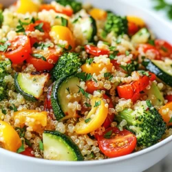 - 1 cup quinoa, rinsed - 2 cups vegetable broth - 1 red bell pepper, diced - 1 zucchini, sliced - 1 cup cherry tomatoes, halved - 1 cup broccoli florets - 4 cloves garlic, minced Quinoa forms the base of this dish. It is a great source of protein and fiber. The vegetable broth adds a rich layer of flavor. Fresh vegetables bring color and crunch. I love using red bell pepper, zucchini, cherry tomatoes, and broccoli. Garlic adds a bold taste that enhances everything. - 3 tablespoons olive oil - 1 teaspoon dried oregano - 1 teaspoon dried thyme - Salt and pepper to taste - Fresh parsley, chopped (for garnish) The olive oil helps the veggies roast nicely. Dried herbs like oregano and thyme give it an earthy aroma. Use salt and pepper to taste. Fresh parsley adds a pop of green and freshness when serving. - Baking sheet - Parchment paper - Medium saucepan - Mixing bowl You will need a baking sheet to roast the veggies. Parchment paper makes for easy cleanup. A medium saucepan is perfect for cooking quinoa. Use a mixing bowl to toss everything together before serving. {{ingredient_image_1}} 1. Preheat the oven to 400°F (200°C). This makes sure your veggies cook evenly and get nice and tender. 2. Dice the red bell pepper and slice the zucchini. Halve the cherry tomatoes and prepare the broccoli florets. Each piece should be about the same size for even cooking. 3. In a bowl, toss the veggies with three tablespoons of olive oil. Add four cloves of minced garlic, one teaspoon of dried oregano, one teaspoon of dried thyme, and salt and pepper to taste. Make sure every piece is coated well. 1. Spread the seasoned veggies in a single layer on a baking sheet lined with parchment paper. This helps prevent sticking and makes for easy cleanup. 2. Roast the vegetables in the preheated oven for 20-25 minutes. Stir them halfway through cooking to ensure they roast evenly. Look for a nice golden color and tender texture. 1. While the veggies roast, bring two cups of vegetable broth to a boil in a medium saucepan. Using broth adds flavor to the quinoa. 2. Add one cup of rinsed quinoa to the boiling broth. Reduce the heat to a low simmer and cover the pot. Cook for about 15 minutes, or until the quinoa absorbs all the broth. 3. After cooking, remove the quinoa from heat. Let it sit covered for an additional five minutes. Then fluff it with a fork to separate the grains. Combining these steps will give you a hearty, flavorful dish that is both nourishing and satisfying. - Choose Fresh Vegetables: Look for vibrant colors and firm textures. Avoid any signs of wilting or browning. Fresh veggies add more flavor and nutrients. - Adjust Seasoning Levels: Taste your veggies before roasting. If you love garlic, add more minced garlic. If you prefer less salt, adjust to your taste. Always remember, it’s your dish! - Achieve the Best Roasting Results: Use a large baking sheet. Spread veggies in a single layer to allow for even cooking. Stir halfway through to promote even roasting and caramelization. - Rinse Quinoa Properly: Rinsing removes bitter saponins. Place quinoa in a fine mesh strainer and rinse under cold water for about 30 seconds. - Understand Quinoa Cooking Times: Quinoa cooks quickly, usually in about 15 minutes. Keep an eye on it to avoid overcooking. - Use Broth vs. Water: Cooking quinoa in vegetable broth boosts flavor. The broth will infuse the quinoa with a rich taste, making your dish more delicious. - Serve for an Appealing Look: Use a large, colorful salad bowl. This makes your dish look vibrant and inviting. - Add Extra Garnishes for Flavor: Fresh parsley adds color and freshness. A squeeze of lemon juice brightens the dish and enhances the flavors. - Plating Ideas for Parties: Create layers with quinoa at the bottom and veggies on top. This adds height and makes your plate stand out. Pro Tips Use Fresh Herbs: Fresh herbs can elevate the flavor of your dish significantly. If possible, opt for fresh parsley and other herbs instead of dried ones. Customize Your Veggies: Feel free to swap out any of the vegetables for your favorites or those in season. Carrots, asparagus, or green beans would work well! Quinoa Rinsing: Always rinse quinoa thoroughly before cooking to remove its natural coating, called saponin, which can give it a bitter taste. Meal Prep Friendly: This dish makes for excellent leftovers! Prepare extra and store in the fridge for a quick lunch or dinner throughout the week. {{image_2}} You can switch up the veggies for fun. Try adding asparagus, carrots, or cauliflower. Seasonal veggies like squash and green beans can also shine in this dish. If you have allergies, consider using sweet potatoes instead of zucchini, or leave out the bell pepper. These swaps keep your dish fresh and exciting. Want to make it heartier? Add a can of chickpeas or black beans. They boost protein and fiber. You can also grill chicken or marinate tofu and toss it in. This adds flavor and makes the dish even more filling. For a taste twist, mix in fresh herbs like basil or cilantro. They brighten the dish. You can also add spices like cumin or paprika for depth. Don't forget citrus! A squeeze of lemon or lime juice adds zing and freshness to every bite. To keep your Garlic Herb Roasted Veggie Quinoa fresh, store it in the fridge. Use airtight containers to prevent moisture loss. Allow the dish to cool before sealing. This helps keep flavors intact. You can store leftovers for up to three days. When it’s time to enjoy your leftovers, use the microwave or stovetop. If using the microwave, heat in short bursts. Stir in between to help it warm evenly. For the stovetop, add a splash of broth or water. This keeps the quinoa from becoming dry. Avoid overheating, which can lead to soggy veggies. If you want to store the dish longer, freezing is a great choice. First, let it cool completely. Then, scoop portions into freezer-safe bags. Remove as much air as you can before sealing. Label the bags with dates. To thaw, place in the fridge overnight. Reheat thoroughly before serving. Enjoy your healthy meal anytime! Yes, you can make Garlic Herb Roasted Veggie Quinoa ahead of time. This dish stores well and tastes great even after a day or two. Here are some tips for meal prep: - Cook the Quinoa: Prepare the quinoa first. Let it cool completely before storing. - Roast the Veggies: You can roast the veggies and store them in a container. Keep them separate from the quinoa until you are ready to eat. - Combine Before Serving: When you’re ready to serve, mix the quinoa and veggies. This keeps everything fresh and tasty. - Storage: Use airtight containers to store your meal in the fridge for up to three days. You can use many other grains instead of quinoa for this dish. Here are a few alternatives: - Brown Rice: It has a nice chewy texture and adds fiber. - Farro: This grain has a nutty flavor and is very filling. - Barley: It offers a chewy texture and absorbs flavors well. - Couscous: This is a quick-cooking option that pairs well with veggies. Feel free to mix and match grains based on what you like! Adjusting the recipe for fewer servings is easy. Just scale down the ingredients. Here’s how: - For two servings: Use half the ingredients. So, use ½ cup quinoa and 1 cup vegetable broth. - Keep Ratios: Maintain the same ratio for the veggies and seasonings. If you use less quinoa, use fewer veggies, too. - Cooking Time: Keep an eye on the cooking time. It may vary based on the amount you make, especially for roasting the veggies. This way, you can enjoy this tasty dish no matter how many people you are serving! This blog post covered how to make Garlic Herb Roasted Veggie Quinoa. We discussed key ingredients like quinoa, fresh veggies, and seasonings. I shared step-by-step instructions and tips to perfect your dish. You learned about variations for added protein and flavor. Finally, we explored storing and reheating for freshness. By following these guidelines, you can create a tasty, nutritious meal. Enjoy experimenting with different ingredients and enjoy every bite!