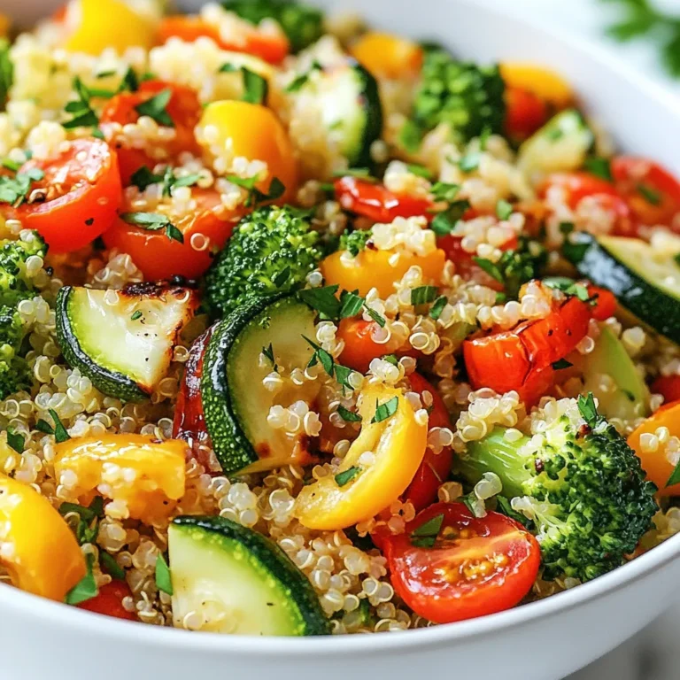 - 1 cup quinoa, rinsed - 2 cups vegetable broth - 1 red bell pepper, diced - 1 zucchini, sliced - 1 cup cherry tomatoes, halved - 1 cup broccoli florets - 4 cloves garlic, minced Quinoa forms the base of this dish. It is a great source of protein and fiber. The vegetable broth adds a rich layer of flavor. Fresh vegetables bring color and crunch. I love using red bell pepper, zucchini, cherry tomatoes, and broccoli. Garlic adds a bold taste that enhances everything. - 3 tablespoons olive oil - 1 teaspoon dried oregano - 1 teaspoon dried thyme - Salt and pepper to taste - Fresh parsley, chopped (for garnish) The olive oil helps the veggies roast nicely. Dried herbs like oregano and thyme give it an earthy aroma. Use salt and pepper to taste. Fresh parsley adds a pop of green and freshness when serving. - Baking sheet - Parchment paper - Medium saucepan - Mixing bowl You will need a baking sheet to roast the veggies. Parchment paper makes for easy cleanup. A medium saucepan is perfect for cooking quinoa. Use a mixing bowl to toss everything together before serving. {{ingredient_image_1}} 1. Preheat the oven to 400°F (200°C). This makes sure your veggies cook evenly and get nice and tender. 2. Dice the red bell pepper and slice the zucchini. Halve the cherry tomatoes and prepare the broccoli florets. Each piece should be about the same size for even cooking. 3. In a bowl, toss the veggies with three tablespoons of olive oil. Add four cloves of minced garlic, one teaspoon of dried oregano, one teaspoon of dried thyme, and salt and pepper to taste. Make sure every piece is coated well. 1. Spread the seasoned veggies in a single layer on a baking sheet lined with parchment paper. This helps prevent sticking and makes for easy cleanup. 2. Roast the vegetables in the preheated oven for 20-25 minutes. Stir them halfway through cooking to ensure they roast evenly. Look for a nice golden color and tender texture. 1. While the veggies roast, bring two cups of vegetable broth to a boil in a medium saucepan. Using broth adds flavor to the quinoa. 2. Add one cup of rinsed quinoa to the boiling broth. Reduce the heat to a low simmer and cover the pot. Cook for about 15 minutes, or until the quinoa absorbs all the broth. 3. After cooking, remove the quinoa from heat. Let it sit covered for an additional five minutes. Then fluff it with a fork to separate the grains. Combining these steps will give you a hearty, flavorful dish that is both nourishing and satisfying. - Choose Fresh Vegetables: Look for vibrant colors and firm textures. Avoid any signs of wilting or browning. Fresh veggies add more flavor and nutrients. - Adjust Seasoning Levels: Taste your veggies before roasting. If you love garlic, add more minced garlic. If you prefer less salt, adjust to your taste. Always remember, it’s your dish! - Achieve the Best Roasting Results: Use a large baking sheet. Spread veggies in a single layer to allow for even cooking. Stir halfway through to promote even roasting and caramelization. - Rinse Quinoa Properly: Rinsing removes bitter saponins. Place quinoa in a fine mesh strainer and rinse under cold water for about 30 seconds. - Understand Quinoa Cooking Times: Quinoa cooks quickly, usually in about 15 minutes. Keep an eye on it to avoid overcooking. - Use Broth vs. Water: Cooking quinoa in vegetable broth boosts flavor. The broth will infuse the quinoa with a rich taste, making your dish more delicious. - Serve for an Appealing Look: Use a large, colorful salad bowl. This makes your dish look vibrant and inviting. - Add Extra Garnishes for Flavor: Fresh parsley adds color and freshness. A squeeze of lemon juice brightens the dish and enhances the flavors. - Plating Ideas for Parties: Create layers with quinoa at the bottom and veggies on top. This adds height and makes your plate stand out. Pro Tips Use Fresh Herbs: Fresh herbs can elevate the flavor of your dish significantly. If possible, opt for fresh parsley and other herbs instead of dried ones. Customize Your Veggies: Feel free to swap out any of the vegetables for your favorites or those in season. Carrots, asparagus, or green beans would work well! Quinoa Rinsing: Always rinse quinoa thoroughly before cooking to remove its natural coating, called saponin, which can give it a bitter taste. Meal Prep Friendly: This dish makes for excellent leftovers! Prepare extra and store in the fridge for a quick lunch or dinner throughout the week. {{image_2}} You can switch up the veggies for fun. Try adding asparagus, carrots, or cauliflower. Seasonal veggies like squash and green beans can also shine in this dish. If you have allergies, consider using sweet potatoes instead of zucchini, or leave out the bell pepper. These swaps keep your dish fresh and exciting. Want to make it heartier? Add a can of chickpeas or black beans. They boost protein and fiber. You can also grill chicken or marinate tofu and toss it in. This adds flavor and makes the dish even more filling. For a taste twist, mix in fresh herbs like basil or cilantro. They brighten the dish. You can also add spices like cumin or paprika for depth. Don't forget citrus! A squeeze of lemon or lime juice adds zing and freshness to every bite. To keep your Garlic Herb Roasted Veggie Quinoa fresh, store it in the fridge. Use airtight containers to prevent moisture loss. Allow the dish to cool before sealing. This helps keep flavors intact. You can store leftovers for up to three days. When it’s time to enjoy your leftovers, use the microwave or stovetop. If using the microwave, heat in short bursts. Stir in between to help it warm evenly. For the stovetop, add a splash of broth or water. This keeps the quinoa from becoming dry. Avoid overheating, which can lead to soggy veggies. If you want to store the dish longer, freezing is a great choice. First, let it cool completely. Then, scoop portions into freezer-safe bags. Remove as much air as you can before sealing. Label the bags with dates. To thaw, place in the fridge overnight. Reheat thoroughly before serving. Enjoy your healthy meal anytime! Yes, you can make Garlic Herb Roasted Veggie Quinoa ahead of time. This dish stores well and tastes great even after a day or two. Here are some tips for meal prep: - Cook the Quinoa: Prepare the quinoa first. Let it cool completely before storing. - Roast the Veggies: You can roast the veggies and store them in a container. Keep them separate from the quinoa until you are ready to eat. - Combine Before Serving: When you’re ready to serve, mix the quinoa and veggies. This keeps everything fresh and tasty. - Storage: Use airtight containers to store your meal in the fridge for up to three days. You can use many other grains instead of quinoa for this dish. Here are a few alternatives: - Brown Rice: It has a nice chewy texture and adds fiber. - Farro: This grain has a nutty flavor and is very filling. - Barley: It offers a chewy texture and absorbs flavors well. - Couscous: This is a quick-cooking option that pairs well with veggies. Feel free to mix and match grains based on what you like! Adjusting the recipe for fewer servings is easy. Just scale down the ingredients. Here’s how: - For two servings: Use half the ingredients. So, use ½ cup quinoa and 1 cup vegetable broth. - Keep Ratios: Maintain the same ratio for the veggies and seasonings. If you use less quinoa, use fewer veggies, too. - Cooking Time: Keep an eye on the cooking time. It may vary based on the amount you make, especially for roasting the veggies. This way, you can enjoy this tasty dish no matter how many people you are serving! This blog post covered how to make Garlic Herb Roasted Veggie Quinoa. We discussed key ingredients like quinoa, fresh veggies, and seasonings. I shared step-by-step instructions and tips to perfect your dish. You learned about variations for added protein and flavor. Finally, we explored storing and reheating for freshness. By following these guidelines, you can create a tasty, nutritious meal. Enjoy experimenting with different ingredients and enjoy every bite!