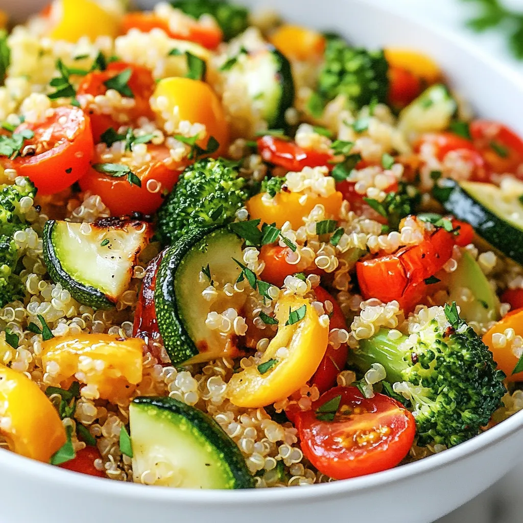 - 1 cup quinoa, rinsed - 2 cups vegetable broth - 1 red bell pepper, diced - 1 zucchini, sliced - 1 cup cherry tomatoes, halved - 1 cup broccoli florets - 4 cloves garlic, minced Quinoa forms the base of this dish. It is a great source of protein and fiber. The vegetable broth adds a rich layer of flavor. Fresh vegetables bring color and crunch. I love using red bell pepper, zucchini, cherry tomatoes, and broccoli. Garlic adds a bold taste that enhances everything. - 3 tablespoons olive oil - 1 teaspoon dried oregano - 1 teaspoon dried thyme - Salt and pepper to taste - Fresh parsley, chopped (for garnish) The olive oil helps the veggies roast nicely. Dried herbs like oregano and thyme give it an earthy aroma. Use salt and pepper to taste. Fresh parsley adds a pop of green and freshness when serving. - Baking sheet - Parchment paper - Medium saucepan - Mixing bowl You will need a baking sheet to roast the veggies. Parchment paper makes for easy cleanup. A medium saucepan is perfect for cooking quinoa. Use a mixing bowl to toss everything together before serving. {{ingredient_image_1}} 1. Preheat the oven to 400°F (200°C). This makes sure your veggies cook evenly and get nice and tender. 2. Dice the red bell pepper and slice the zucchini. Halve the cherry tomatoes and prepare the broccoli florets. Each piece should be about the same size for even cooking. 3. In a bowl, toss the veggies with three tablespoons of olive oil. Add four cloves of minced garlic, one teaspoon of dried oregano, one teaspoon of dried thyme, and salt and pepper to taste. Make sure every piece is coated well. 1. Spread the seasoned veggies in a single layer on a baking sheet lined with parchment paper. This helps prevent sticking and makes for easy cleanup. 2. Roast the vegetables in the preheated oven for 20-25 minutes. Stir them halfway through cooking to ensure they roast evenly. Look for a nice golden color and tender texture. 1. While the veggies roast, bring two cups of vegetable broth to a boil in a medium saucepan. Using broth adds flavor to the quinoa. 2. Add one cup of rinsed quinoa to the boiling broth. Reduce the heat to a low simmer and cover the pot. Cook for about 15 minutes, or until the quinoa absorbs all the broth. 3. After cooking, remove the quinoa from heat. Let it sit covered for an additional five minutes. Then fluff it with a fork to separate the grains. Combining these steps will give you a hearty, flavorful dish that is both nourishing and satisfying. - Choose Fresh Vegetables: Look for vibrant colors and firm textures. Avoid any signs of wilting or browning. Fresh veggies add more flavor and nutrients. - Adjust Seasoning Levels: Taste your veggies before roasting. If you love garlic, add more minced garlic. If you prefer less salt, adjust to your taste. Always remember, it’s your dish! - Achieve the Best Roasting Results: Use a large baking sheet. Spread veggies in a single layer to allow for even cooking. Stir halfway through to promote even roasting and caramelization. - Rinse Quinoa Properly: Rinsing removes bitter saponins. Place quinoa in a fine mesh strainer and rinse under cold water for about 30 seconds. - Understand Quinoa Cooking Times: Quinoa cooks quickly, usually in about 15 minutes. Keep an eye on it to avoid overcooking. - Use Broth vs. Water: Cooking quinoa in vegetable broth boosts flavor. The broth will infuse the quinoa with a rich taste, making your dish more delicious. - Serve for an Appealing Look: Use a large, colorful salad bowl. This makes your dish look vibrant and inviting. - Add Extra Garnishes for Flavor: Fresh parsley adds color and freshness. A squeeze of lemon juice brightens the dish and enhances the flavors. - Plating Ideas for Parties: Create layers with quinoa at the bottom and veggies on top. This adds height and makes your plate stand out. Pro Tips Use Fresh Herbs: Fresh herbs can elevate the flavor of your dish significantly. If possible, opt for fresh parsley and other herbs instead of dried ones. Customize Your Veggies: Feel free to swap out any of the vegetables for your favorites or those in season. Carrots, asparagus, or green beans would work well! Quinoa Rinsing: Always rinse quinoa thoroughly before cooking to remove its natural coating, called saponin, which can give it a bitter taste. Meal Prep Friendly: This dish makes for excellent leftovers! Prepare extra and store in the fridge for a quick lunch or dinner throughout the week. {{image_2}} You can switch up the veggies for fun. Try adding asparagus, carrots, or cauliflower. Seasonal veggies like squash and green beans can also shine in this dish. If you have allergies, consider using sweet potatoes instead of zucchini, or leave out the bell pepper. These swaps keep your dish fresh and exciting. Want to make it heartier? Add a can of chickpeas or black beans. They boost protein and fiber. You can also grill chicken or marinate tofu and toss it in. This adds flavor and makes the dish even more filling. For a taste twist, mix in fresh herbs like basil or cilantro. They brighten the dish. You can also add spices like cumin or paprika for depth. Don't forget citrus! A squeeze of lemon or lime juice adds zing and freshness to every bite. To keep your Garlic Herb Roasted Veggie Quinoa fresh, store it in the fridge. Use airtight containers to prevent moisture loss. Allow the dish to cool before sealing. This helps keep flavors intact. You can store leftovers for up to three days. When it’s time to enjoy your leftovers, use the microwave or stovetop. If using the microwave, heat in short bursts. Stir in between to help it warm evenly. For the stovetop, add a splash of broth or water. This keeps the quinoa from becoming dry. Avoid overheating, which can lead to soggy veggies. If you want to store the dish longer, freezing is a great choice. First, let it cool completely. Then, scoop portions into freezer-safe bags. Remove as much air as you can before sealing. Label the bags with dates. To thaw, place in the fridge overnight. Reheat thoroughly before serving. Enjoy your healthy meal anytime! Yes, you can make Garlic Herb Roasted Veggie Quinoa ahead of time. This dish stores well and tastes great even after a day or two. Here are some tips for meal prep: - Cook the Quinoa: Prepare the quinoa first. Let it cool completely before storing. - Roast the Veggies: You can roast the veggies and store them in a container. Keep them separate from the quinoa until you are ready to eat. - Combine Before Serving: When you’re ready to serve, mix the quinoa and veggies. This keeps everything fresh and tasty. - Storage: Use airtight containers to store your meal in the fridge for up to three days. You can use many other grains instead of quinoa for this dish. Here are a few alternatives: - Brown Rice: It has a nice chewy texture and adds fiber. - Farro: This grain has a nutty flavor and is very filling. - Barley: It offers a chewy texture and absorbs flavors well. - Couscous: This is a quick-cooking option that pairs well with veggies. Feel free to mix and match grains based on what you like! Adjusting the recipe for fewer servings is easy. Just scale down the ingredients. Here’s how: - For two servings: Use half the ingredients. So, use ½ cup quinoa and 1 cup vegetable broth. - Keep Ratios: Maintain the same ratio for the veggies and seasonings. If you use less quinoa, use fewer veggies, too. - Cooking Time: Keep an eye on the cooking time. It may vary based on the amount you make, especially for roasting the veggies. This way, you can enjoy this tasty dish no matter how many people you are serving! This blog post covered how to make Garlic Herb Roasted Veggie Quinoa. We discussed key ingredients like quinoa, fresh veggies, and seasonings. I shared step-by-step instructions and tips to perfect your dish. You learned about variations for added protein and flavor. Finally, we explored storing and reheating for freshness. By following these guidelines, you can create a tasty, nutritious meal. Enjoy experimenting with different ingredients and enjoy every bite!