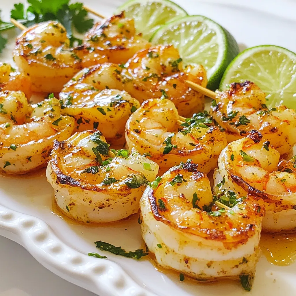 To make the Chili Lime Shrimp Skewers, you will need: - 1 pound large shrimp, peeled and deveined - 2 tablespoons olive oil - 2 tablespoons fresh lime juice - Zest of 1 lime - 2 tablespoons honey - 1 teaspoon chili powder - 1 teaspoon smoked paprika - 1 garlic clove, minced - Salt and pepper to taste - Fresh cilantro, chopped (for garnish) - Wooden or metal skewers You can swap some ingredients for different flavors. Try these options: - For olive oil, use avocado oil for a mild taste. - Honey can be replaced with agave syrup if you need it vegan. - If you want spice, add cayenne pepper instead of chili powder. - Use lime zest from a lemon for a different citrus note. Each serving of Chili Lime Shrimp Skewers provides a tasty balance of nutrients. Here’s a rough breakdown per serving: - Calories: 180 - Protein: 24g - Fat: 6g - Carbohydrates: 10g - Fiber: 0g - Sugar: 6g These skewers are a great source of lean protein and healthy fats. Enjoy them guilt-free! {{ingredient_image_1}} First, prep your shrimp. Use one pound of large shrimp. Make sure they are peeled and deveined. If you use wooden skewers, soak them in water for at least 30 minutes. This step prevents them from burning on the grill. If you use metal skewers, you can skip this step. Now, let’s make the marinade. In a medium bowl, add 2 tablespoons of olive oil. Next, squeeze in 2 tablespoons of fresh lime juice. Then, add the zest of one lime. Include 2 tablespoons of honey for a sweet touch. Now, sprinkle in 1 teaspoon of chili powder and 1 teaspoon of smoked paprika. Add one minced garlic clove. Finally, season with salt and pepper to taste. Whisk everything together until it blends well. It’s time to grill! First, preheat your grill or grill pan over medium-high heat. While it heats, take the shrimp and add them to the marinade. Toss gently to coat them well. Cover and let them marinate in the fridge for at least 20 minutes. For even more flavor, let them sit for up to one hour. Once the shrimp are ready, thread them onto the skewers. Make sure to leave a little space between each shrimp for even cooking. Now, place the skewers on the grill. Cook for about 2-3 minutes on each side. You know they are done when the shrimp turn pink and opaque. Carefully remove the skewers from the grill and transfer them to a serving platter. For a bright finish, sprinkle chopped fresh cilantro over the skewers before serving. Enjoy this flavorful grilled delight! Marinating shrimp is key to great flavor. Start with a good mix of olive oil, lime juice, and spices. In a bowl, whisk together: - 2 tablespoons olive oil - 2 tablespoons fresh lime juice - Zest of 1 lime - 2 tablespoons honey - 1 teaspoon chili powder - 1 teaspoon smoked paprika - 1 minced garlic clove - Salt and pepper to taste Add the shrimp and coat them well. Cover and chill for at least 20 minutes, but one hour gives more flavor. This allows the shrimp to soak up every bit of that zesty goodness. For perfect grilled shrimp, get your grill hot. Preheat it to medium-high heat before cooking. This helps the shrimp cook evenly. - Grill each skewer for 2-3 minutes per side. - Watch for the shrimp to turn pink and opaque. - Don't overcook, or they will be rubbery. Leave a little space between shrimp on the skewer. This ensures even cooking and nice grill marks. You need a few tools for grilling shrimp skewers. Here is what I recommend: - A grill or grill pan - Wooden or metal skewers - A bowl for the marinade - Tongs to flip the skewers If using wooden skewers, soak them in water for 30 minutes. This keeps them from burning. With the right tools and tips, you can make your Chili Lime Shrimp Skewers a hit! Pro Tips Marinade Time: Allow the shrimp to marinate for at least 20 minutes, but up to an hour for maximum flavor. Skewer Spacing: Leave a small gap between shrimp on the skewers to ensure even cooking and better grill marks. Grill Temperature: Make sure your grill is preheated to medium-high heat to achieve a nice sear on the shrimp. Fresh Herbs: For added freshness, garnish with extra chopped cilantro or even some diced avocado for a creamy contrast. {{image_2}} You can change the taste of your chili lime shrimp skewers by adding new spices. Try adding cumin for a warm touch. Coriander can add a fresh flavor that pairs well with lime. If you like heat, consider adding cayenne pepper. For a sweet twist, try adding a pinch of cinnamon. Mixing spices can make each bite exciting. Shrimp is great, but you can use other proteins too. Chicken works well and so does fish. Salmon gives a rich flavor and pairs nicely with lime. Tofu is an option for a vegan choice. Just make sure to adjust the cooking time based on the protein you choose. These skewers shine when served with fresh sides. Consider a zesty salad with avocado and corn. Rice or quinoa can also make a great base. You might enjoy pairing the skewers with grilled veggies. A light dipping sauce, like a yogurt or avocado sauce, adds a creamy touch. Fresh lime wedges can brighten up the dish even more. To keep your shrimp skewers fresh, let them cool first. Place them in an airtight container. You can store them in the fridge for up to three days. If you use metal skewers, make sure they are cool to touch before packing. This helps prevent condensation and keeps your shrimp from getting soggy. When you're ready to eat, you can reheat the shrimp skewers. One way is to use the oven. Preheat it to 350°F (175°C). Place the skewers on a baking sheet and warm them for about 10 minutes. You can also use a microwave. Heat them in short bursts of 30 seconds. Check often to avoid overcooking. If you want to store the skewers for longer, freezing is a great option. Before freezing, remove the shrimp from the skewers. Place them in a freezer-safe bag. Squeeze out the air and seal tightly. They can last up to three months in the freezer. When ready to eat, thaw in the fridge overnight. Then, grill or reheat as you like. Yes, you can make Chili Lime Shrimp Skewers ahead of time. Marinate the shrimp and store them in the fridge. This keeps them fresh and flavorful. You can marinate them for up to one hour before grilling. If you want to prep even more, you can thread the shrimp onto skewers and cover them. Just keep them in the fridge until you are ready to grill. Chili Lime Shrimp Skewers pair well with many sides. I suggest serving them with: - Rice or quinoa - Grilled vegetables - A fresh salad - Corn on the cob - Avocado slices or guacamole These sides will balance the flavors of the shrimp. They also add color to your plate. For the best flavor, marinate the shrimp for at least 20 minutes. If you have time, marinating for up to one hour gives even better results. This lets the shrimp soak in all the tasty spices and lime juice. Too long can make the shrimp mushy, so keep that in mind. In this article, I shared how to make delicious Chili Lime Shrimp Skewers. You learned about the key ingredients, step-by-step cooking instructions, and expert tips. I included variations to try and information on storing leftovers. Always remember to marinate your shrimp for full flavor and to experiment with new spices. These skewers are perfect for any meal. Enjoy grilling and impress your guests with your tasty dish!