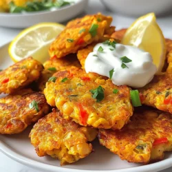 - 1 can (15 oz) chickpeas, drained and rinsed - 1/2 cup finely chopped red bell pepper - 1/4 cup green onions, sliced - 1/4 cup fresh cilantro, chopped - 2 cloves garlic, minced - 1 teaspoon cumin powder - 1/2 teaspoon paprika - 1/2 teaspoon baking powder - 1/4 cup chickpea flour (besan) - Salt and pepper to taste - Olive oil for frying - Lemon wedges and yogurt sauce for serving Each ingredient brings its own flavor. The chickpeas are the base. I use a can for ease. You can also cook dried chickpeas if you prefer. The red bell pepper adds a nice crunch and sweetness. Green onions lend a fresh taste. Cilantro brings brightness to the dish. Minced garlic gives a bold kick. Cumin and paprika add warmth and depth. Baking powder helps the fritters rise. Chickpea flour binds everything together. Adjust the salt and pepper based on your taste. For serving, I recommend lemon wedges. They add a zesty touch. A yogurt sauce pairs well for creaminess. You can also try hot sauce for a spicy kick. Fresh herbs like parsley can brighten the plate. Enjoy these fritters warm for the best flavor! {{ingredient_image_1}} Start by draining and rinsing a can of chickpeas. Place them in a large bowl. Use a fork or a potato masher to mash the chickpeas. You want a mix of smooth and chunky bits for texture. Now, add the following to your mashed chickpeas: - 1/2 cup finely chopped red bell pepper - 1/4 cup green onions, sliced - 1/4 cup fresh cilantro, chopped - 2 cloves garlic, minced - 1 teaspoon cumin powder - 1/2 teaspoon paprika - 1/2 teaspoon baking powder - 1/4 cup chickpea flour (besan) - Salt and pepper to taste Mix everything well. Make sure all the ingredients are evenly combined. Heat a skillet over medium heat. Add a good amount of olive oil to coat the bottom. While the oil heats, shape the mixture into small patties. Aim for about 2-3 inches in diameter. Carefully place the fritters in the hot oil. Do this in batches if needed. Fry each side for 4-5 minutes, until they are golden brown and crispy. When done, remove the fritters and place them on a plate lined with paper towels. This helps soak up extra oil. Serve the fritters warm with lemon wedges and a yogurt sauce. Enjoy this crispy and flavorful delight! To get crispy fritters, moisture is key. Drain the chickpeas well. Rinse them before you mash. When mixing, avoid over-saturating with wet ingredients. Use just enough to bind the mix. Make your patties smaller; they fry better this way. Fry them in hot olive oil, and don’t overcrowd the pan. This lets them brown evenly and get that perfect crunch. Add zest to your fritters by using fresh herbs. Cilantro works great, but try parsley too. Lemon juice gives a nice tang. You can also add a pinch of chili powder for some heat. If you like it spicy, toss in diced jalapeños. For a smoky flavor, add a bit of smoked paprika. Experiment with different spices to find what you love. One common mistake is not mashing the chickpeas enough. You want a mix of smooth and chunky. Another mistake is using too much oil. It can make the fritters soggy instead of crispy. Avoid making the patties too thick; this leads to uneven cooking. Lastly, be patient while frying. Let them cook fully on one side before flipping. This helps them hold their shape. Pro Tips Texture Matters: For a perfect balance, mash the chickpeas until mostly smooth, leaving some chunks for added texture. Flavor Boost: Experiment with spices! Try adding a pinch of cayenne or coriander for an additional flavor twist. Even Cooking: Fry the fritters in batches to avoid overcrowding the skillet, ensuring they cook evenly and get crispy. Serving Suggestions: Serve with a variety of dipping sauces such as tahini or spicy harissa for an extra zesty kick! {{image_2}} To make spicy chickpea fritters, add heat to your mix. Start with 1-2 chopped jalapeños or a teaspoon of cayenne pepper. This will give your fritters a kick. You might also try adding some crushed red pepper flakes. Adjust the spice level to suit your taste. Chickpea fritters are naturally vegetarian. To keep them vegan, use a plant-based yogurt sauce. You can make a simple sauce by mixing dairy-free yogurt with lemon juice and salt. This keeps the dish fresh and creamy. Feel free to get creative with your fritters. Add grated zucchini for extra moisture and nutrition. You can also mix in spices like turmeric or coriander for a unique flavor. Try different herbs too, such as parsley or dill, to change up the taste. Nuts or seeds can add crunch, so consider adding some toasted pumpkin seeds or walnuts. To keep your chickpea fritters fresh, store them in an airtight container. Let them cool to room temperature first. This helps prevent moisture buildup, which can make them soggy. Place a paper towel in the container to absorb any extra moisture. These fritters can stay good in the fridge for up to three days. When you want to enjoy leftovers, the best way to reheat them is in a skillet. Heat a small amount of olive oil over medium heat. Place the fritters in the skillet and cook for about 2-3 minutes on each side. This keeps them crispy. You can also use an oven. Preheat it to 350°F (175°C) and place the fritters on a baking sheet for about 10 minutes. If you want to store chickpea fritters for longer, freezing is a great option. To freeze them, let the fritters cool completely. Then, place them in a single layer on a baking sheet. Freeze for about an hour until solid. After that, transfer them to a freezer-safe bag or container. They can last up to three months in the freezer. When ready to eat, thaw them in the fridge overnight before reheating. Yes, you can make chickpea fritters ahead of time. Prepare the mixture and form the patties. Then, store them in the fridge for up to 24 hours. When you are ready, just fry them until golden brown. This helps to save time, especially when you have guests. Chickpea fritters pair well with many sides. I recommend serving them with lemon wedges and a yogurt sauce. You can also add a fresh salad or a dip like hummus. This adds more flavor and makes a great meal. Yes, chickpea fritters are gluten-free. The main ingredient is chickpeas, which are naturally gluten-free. Just make sure to use chickpea flour and check labels for any added ingredients. This is a great option for those with gluten allergies. Chickpea fritters are simple and tasty. We covered the key ingredients and how to mix them. I shared cooking tips to make them crispy and delicious. You learned variations to try and smart ways to store leftovers. Enjoy making these fritters at home. They are fun to share and eat! Experiment with flavors and toppings to find your favorite version. Happy cooking!
