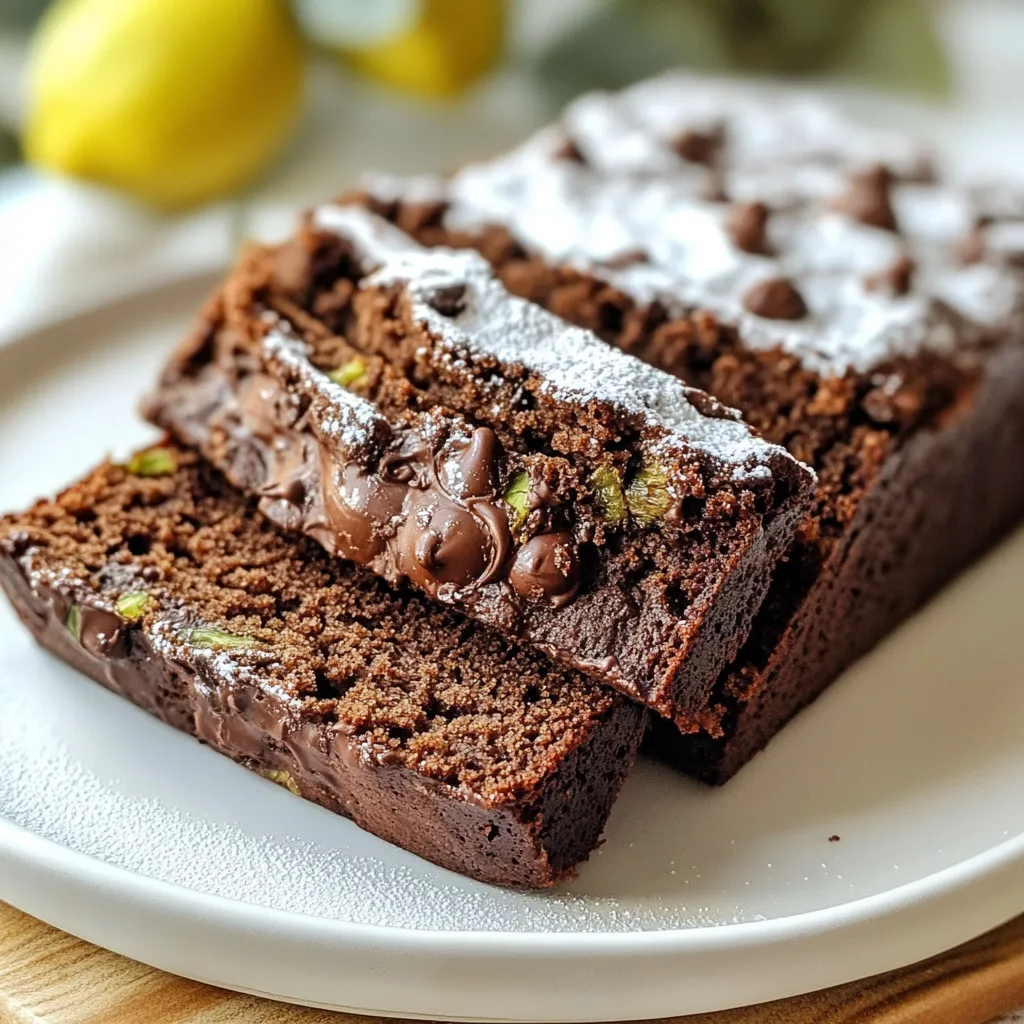 - 1 cup grated zucchini - 1 cup all-purpose flour - 1/2 cup whole wheat flour - 3/4 cup granulated sugar - 1/2 cup brown sugar, packed - 1/2 cup unsweetened cocoa powder - 1 teaspoon baking soda - 1/2 teaspoon baking powder - 1/2 teaspoon salt - 1 teaspoon ground cinnamon - 1/2 teaspoon vanilla extract - 2 large eggs - 1/3 cup vegetable oil - 1/2 cup semi-sweet chocolate chips - Extra chocolate chips for topping - Powdered sugar for dusting Each slice has about 220 calories. It contains 30 grams of carbs, 10 grams of fat, and 4 grams of protein. Grated zucchini adds moisture without a strong taste. It helps keep the bread soft. You get sweetness from the sugars and rich flavor from cocoa. The chocolate chips give a sweet surprise in every bite. Using both all-purpose and whole wheat flour adds fiber. The cinnamon gives warmth and depth. Each ingredient plays a role in creating this tasty treat. You can also add extra chocolate chips on top for a fun twist. A light dusting of powdered sugar can make this bread look special. This recipe is simple and perfect for sharing with friends or family. {{ingredient_image_1}} - Preheat your oven to 350°F (175°C). - Grease and flour a 9x5-inch loaf pan. You can also use parchment paper for easy removal. - To grate zucchini, first wash it well. Use a box grater or a food processor. Grate it until you have 1 cup. You don’t need to peel it. - In a medium bowl, mix the dry ingredients. Combine all-purpose flour, whole wheat flour, cocoa powder, baking soda, baking powder, salt, and ground cinnamon. Whisk until blended. - In a large bowl, mix the sugars and oil. Use a whisk to blend them well. Next, add the eggs one by one. Mix after each egg. Then stir in the vanilla extract. - Add the grated zucchini to the wet mixture. Stir until just combined. - Gradually fold the dry mix into the wet mix. Do this carefully to avoid overmixing. The batter should be thick but smooth. - Gently fold in the chocolate chips until they are evenly spread through the batter. - Pour the batter into the prepared loaf pan. Spread it out evenly. Add a few extra chocolate chips on top if you like. - Bake for 50-60 minutes. To check if it’s done, insert a toothpick into the center. It should come out clean or with a few moist crumbs. To get the best texture in your chocolate chip zucchini bread, avoid overmixing the batter. When you mix too much, the bread can become tough. Instead, stir gently until the dry and wet ingredients are just combined. Another tip is to use room temperature ingredients, like eggs and oil. They mix better and help create a smoother batter. After baking, let your leftover zucchini bread cool completely. Wrap it in plastic wrap or foil to keep it fresh. Store it at room temperature for up to three days. If you want to keep it longer, freezing works well too. Slice the loaf first, then wrap each slice tightly. Place them in a freezer bag and store them for up to three months. When serving your chocolate chip zucchini bread, presentation matters. Slice it and place it on a wooden board. Dust the top with powdered sugar for a nice touch. You can also add a dollop of whipped cream or a scoop of vanilla ice cream on the side. For drinks, try pairing it with a glass of cold milk or a warm cup of coffee. These combinations enhance the rich flavors of the bread. Pro Tips Grating Zucchini: Make sure to squeeze out excess moisture from the grated zucchini using a clean kitchen towel. This helps prevent the bread from becoming too wet. Mixing Technique: When combining the dry and wet ingredients, fold gently to keep the bread light and fluffy. Overmixing can lead to a dense loaf. Chocolate Chip Variations: Feel free to experiment with different types of chocolate chips, such as dark or white chocolate, for a unique flavor twist. Storage Tips: Store the bread in an airtight container at room temperature for up to three days, or refrigerate for up to a week to maintain freshness. {{image_2}} You can easily make this bread gluten-free. Use a gluten-free all-purpose flour blend instead of regular flour. This blend works well in most recipes. You can also add a teaspoon of xanthan gum for better texture. This keeps the bread soft and moist. To make zucchini bread vegan, replace the eggs. Try using flaxseed or chia seeds mixed with water. For every egg, mix one tablespoon of ground flaxseed or chia seeds with three tablespoons of water. Let it sit until it thickens. For dairy, use almond milk or oat milk instead of regular milk. This keeps the bread rich and moist without using animal products. Add nuts or spices to bring in new flavors. Walnuts or pecans add a nice crunch. Chopped nuts can enhance the bread's texture. You can also add spices like nutmeg or ginger for warmth. They complement the cinnamon well. If you're feeling adventurous, try adding orange zest for a citrusy twist! Yes, you can use frozen zucchini. Here are some best practices: - Thaw the zucchini before use. - Squeeze out excess water with a paper towel. - Measure after draining. Using frozen zucchini can save time and reduce waste. Look for these signs of doneness beyond the toothpick test: - The top should be golden brown. - The edges pull away from the pan slightly. - The bread feels firm to the touch. If you see these signs, your zucchini bread is ready. You can get creative with leftover zucchini bread: - Make French toast by dipping slices in egg and milk. - Toast slices and top with cream cheese or jam. - Crumble it over yogurt or ice cream for dessert. These ideas help avoid waste and make tasty treats! - Prep time: 15 minutes - Cook time: 50-60 minutes - Servings: 10 slices - 1 cup grated zucchini (about 1 medium zucchini) - 1 cup all-purpose flour - 1/2 cup whole wheat flour - 3/4 cup granulated sugar - 1/2 cup brown sugar, packed - 1/2 cup unsweetened cocoa powder - 1 teaspoon baking soda - 1/2 teaspoon baking powder - 1/2 teaspoon salt - 1 teaspoon ground cinnamon - 1/2 teaspoon vanilla extract - 2 large eggs - 1/3 cup vegetable oil - 1/2 cup semi-sweet chocolate chips 1. Preheat your oven to 350°F (175°C). Grease and flour a 9x5-inch loaf pan or line it with parchment paper for easy removal. 2. In a medium bowl, whisk together the all-purpose flour, whole wheat flour, cocoa powder, baking soda, baking powder, salt, and ground cinnamon. 3. In a large mixing bowl, combine the granulated sugar, brown sugar, and vegetable oil. Mix until well-blended. 4. Beat in the eggs one at a time, mixing thoroughly after each addition. Then stir in the vanilla extract. 5. Add the grated zucchini to the wet mixture and stir until just combined. 6. Gradually fold the dry mixture into the wet ingredients, being careful not to overmix. The batter should be slightly thick. 7. Gently fold in the semi-sweet chocolate chips until they are evenly distributed throughout the batter. 8. Pour the batter into the prepared loaf pan, spreading it evenly. Sprinkle a few extra chocolate chips on top if desired. 9. Bake in the preheated oven for 50-60 minutes, or until a toothpick inserted into the center comes out clean with a few moist crumbs. 10. Once baked, remove from the oven and let it cool in the pan for about 10 minutes before transferring to a wire rack to cool completely. This metadata helps you understand the key details of making chocolate chip zucchini bread. You can always refer to this for timing and ingredient lists! This blog post covered how to make delicious zucchini bread. We explored key ingredients, mixing steps, and baking tips. I shared storage advice and serving suggestions to enhance your experience. With gluten-free and vegan options, there's something for everyone. Remember to check your bread's doneness and get creative with leftovers. Baking can be fun and easy, so try this recipe today!