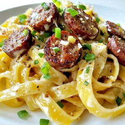To make Cajun smoked sausage Alfredo pasta, you need: - 12 oz fettuccine pasta - 8 oz smoked sausage, sliced - 2 tablespoons olive oil - 1 medium onion, diced - 3 cloves garlic, minced - 1 cup heavy cream - 1 cup grated Parmesan cheese - 1 teaspoon Cajun seasoning - 1/2 teaspoon paprika - Salt and pepper to taste - Chopped green onions or parsley for garnish I love using smoked sausage for this dish. It adds a rich flavor. You can pick from: - Andouille sausage for a spicy kick - Kielbasa for a milder taste - Chicken sausage for a lighter option These sausages pair well with the creamy sauce. They give it depth and warmth. If you don't have some ingredients, try these swaps: - Use any pasta shape if fettuccine is not available. - Heavy cream can be replaced with half-and-half for a lighter sauce. - Parmesan cheese can be swapped with Pecorino Romano for a sharper flavor. - If you lack Cajun seasoning, mix paprika, garlic powder, and cayenne pepper. These substitutes keep the dish tasty and fun. Don't be afraid to experiment with what you have! {{ingredient_image_1}} To start, boil a large pot of salted water. Add the fettuccine pasta and cook it until al dente, which usually takes about 8 to 10 minutes. Stir the pasta occasionally to prevent it from sticking. Once it is cooked, drain the pasta in a colander and set it aside. Next, take a large skillet and heat 2 tablespoons of olive oil over medium heat. Add the sliced smoked sausage to the skillet. Cook the sausage for about 5 to 7 minutes. You want it to be browned and heated through. Once done, remove the sausage from the skillet and set it aside. In the same skillet, add the diced onion. Sauté it for about 3 to 4 minutes until it becomes translucent. Then, add the minced garlic and cook for an extra minute. Pour in 1 cup of heavy cream, stirring well. Heat this mixture for 2 to 3 minutes. Gradually sprinkle in 1 cup of grated Parmesan cheese, 1 teaspoon of Cajun seasoning, and 1/2 teaspoon of paprika. Stir until the cheese melts and the sauce thickens. If the sauce seems too thick, add a splash of pasta water to adjust the texture. Now, add the cooked fettuccine and the browned sausage back into the skillet. Toss everything together to coat the pasta and sausage with the creamy Alfredo sauce. Season with salt and pepper to taste. Remove from the heat and let it sit for a minute, allowing the flavors to meld together. To cook pasta well, start with a large pot and plenty of water. Use at least 4-6 quarts of water for every pound of pasta. Add a good amount of salt to the water. This gives flavor to the pasta. Bring the water to a rolling boil before adding the fettuccine. Stir the pasta right after you add it. This prevents it from sticking together. Cook it until it is al dente, which means firm to the bite. Drain it well, but save a cup of that pasta water. It can help later. Sometimes, your Alfredo sauce may be too thick. If that happens, add a splash of pasta water. This will help loosen it without losing flavor. Stir well after adding the water. If your sauce is too thin, let it simmer for a few extra minutes. This will help it thicken up. It’s all about finding that creamy balance. To make your dish pop, think about adding more spice. Cajun seasoning is great, but you can mix in some extra garlic powder or onion powder for depth. A pinch of cayenne pepper can add heat if you like spice. Fresh herbs like basil or thyme can also brighten the dish. Don’t forget to taste as you go. Adjust salt and pepper to your liking for the best flavor. Garnishing with chopped green onions or parsley adds a nice touch and freshness. Pro Tips Cook Pasta Al Dente: To achieve the perfect texture, ensure your fettuccine is cooked al dente, as it will continue to cook slightly when mixed with the sauce. Enhance the Flavor: For an extra kick, consider adding a dash of hot sauce to the Alfredo sauce or mixing in some diced bell peppers when sautéing the onions. Use Fresh Parmesan: Always opt for freshly grated Parmesan cheese for a creamier sauce and richer flavor compared to pre-grated options. Garnish for Presentation: A sprinkle of chopped green onions or parsley not only adds color but also enhances the dish's flavor profile. {{image_2}} You can change the protein in this dish easily. Try chicken or shrimp for a different taste. Both cook well with the Cajun flavors. For chicken, use cooked and diced pieces. For shrimp, sauté them until pink and add to the sauce. You can even mix proteins for a fun twist! If you want a vegetarian version, skip the sausage. Replace it with mushrooms or tofu for a hearty bite. Cook them just like the sausage to get that nice brown color. You can also use a plant-based sausage for a similar flavor. This keeps the dish rich and satisfying while being meat-free. Adding vegetables boosts the dish's nutrition. Bell peppers, spinach, or zucchini work great here. You can sauté them with the onions for added flavor and color. Add them to the sauce right before mixing in the pasta. This gives you a tasty, colorful meal packed with vitamins. Enjoy your delicious Cajun Smoked Sausage Alfredo Pasta with a twist! To store leftover Cajun smoked sausage Alfredo pasta, let it cool first. Place it in an airtight container. Make sure to seal it tightly. Store it in the fridge. It should stay fresh for about three days. When you are ready to enjoy the leftovers, use a microwave or stove. If using a microwave, place the pasta in a bowl. Add a splash of water or cream to keep it moist. Cover the bowl to trap steam. Heat on medium until warm. If you prefer the stove, add the pasta to a skillet. Use low heat and stir often. This keeps the sauce creamy and prevents sticking. You can freeze Cajun smoked sausage Alfredo pasta for longer storage. First, let it cool completely. Place it in a freezer-safe container. You can also use freezer bags. Squeeze out as much air as possible. Label the container with the date. It will stay good for up to two months. When ready to eat, thaw it in the fridge overnight. Reheat it as described above. Yes, you can use other pasta types. Penne, rigatoni, or even spaghetti work well. Each shape holds the sauce differently, giving you a unique taste. I often like to switch it up depending on my mood. Cajun seasoning has a mild to medium heat. It adds flavor without overwhelming spice. If you prefer less heat, use less seasoning. You can also add more cream to balance the spice. To lighten this dish, use whole wheat pasta and low-fat cream. You can also reduce the cheese amount or use a cheese substitute. Adding more veggies boosts nutrition while keeping flavors strong. You can make this dish ahead. Cook the pasta and sauce separately. Store them in the fridge. When ready to serve, just combine and heat. This keeps the pasta from getting mushy. This blog post gave you all the tools to make a delicious Alfredo dish. We covered key ingredients, from types of sausage to smart substitutes. I guided you through each cooking step, making it easy to follow. You also learned helpful tips for optimal pasta cooking and flavor boosts. Finally, I shared variations and storage tips for leftovers. With this knowledge, you can enjoy a tasty meal that's just right for any occasion. Happy cooking!