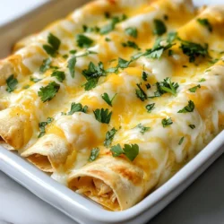 To make these tasty chicken enchiladas, gather these key ingredients: - 3 cups cooked shredded chicken - 8 small corn tortillas - 1 cup shredded Monterey Jack cheese - 1 cup sour cream - 1 cup chicken broth - 1 tablespoon olive oil - 1 medium onion, finely chopped - 2 cloves garlic, minced - 1 teaspoon ground cumin - 1 teaspoon chili powder - 1/2 teaspoon salt - 1/4 teaspoon black pepper Each ingredient plays a crucial role. The chicken gives protein, while the tortillas provide a soft wrap. The cheese adds creaminess, and the spices give great flavor. For this recipe, you need a few kitchen staples: - A large skillet - A mixing bowl - A greased baking dish - A knife and cutting board These tools help you prepare the dish easily. A large skillet is perfect for cooking the chicken filling. A mixing bowl is needed for combining the white sauce. To make your dish even better, consider these garnishes: - Fresh cilantro - Extra cheese - Sliced jalapeños Garnishes can add color and flavor. Fresh cilantro gives a nice pop, while jalapeños add a spicy kick. You can mix and match to suit your taste. {{ingredient_image_1}} Start by heating a large skillet over medium heat. Add one tablespoon of olive oil. Once hot, toss in the finely chopped onion and minced garlic. Cook these for about five minutes. You want the onion to turn soft and clear. Then, add your three cups of cooked shredded chicken. Sprinkle in one teaspoon of ground cumin, one teaspoon of chili powder, half a teaspoon of salt, and a quarter teaspoon of black pepper. Stir well and cook for another three to four minutes until everything is heated through. This mix is your tasty filling. In a mixing bowl, blend one cup of sour cream with one cup of chicken broth. Stir until you have a smooth, creamy sauce. Set this aside for later. This white sauce adds a rich flavor and creamy texture to your enchiladas. Lightly warm the eight corn tortillas in a dry skillet for about ten seconds on each side. This step makes the tortillas easier to roll. Spoon some of the chicken filling onto each tortilla, then add a sprinkle of shredded Monterey Jack cheese. Roll the tortilla tightly and place it seam-side down in a greased baking dish. Repeat this for all the tortillas and filling. Now, pour the white sauce evenly over the rolled enchiladas. Make sure they are well-covered. Then, sprinkle the remaining shredded cheese on top. Bake in your preheated oven at 350°F (175°C) for 20 to 25 minutes. Look for the cheese to be bubbly and golden brown. Once done, let them cool for a few minutes. Finally, garnish with fresh cilantro before serving. Enjoy your delicious creation! To shred chicken easily, use two forks. Place the cooked chicken on a plate. Hold one fork steady and pull with the other fork. This will make shreds quickly. You can also use a stand mixer. Just place the chicken in the bowl and mix on low speed. It will shred in seconds. This method saves time and effort for your enchiladas. Corn tortillas are the best choice for enchiladas. They add a nice flavor and texture. Look for small tortillas, about 6 inches wide. They hold the filling well and don’t tear easily. If you want a softer option, try flour tortillas. They are thicker and can give a nice twist to your dish. Choose what you like best! For a great cheese melt, use Monterey Jack cheese. It melts well and adds creaminess. Grate the cheese freshly for the best results. Pre-shredded cheese contains anti-caking agents, which can affect melting. Layer the cheese generously on top of the enchiladas before baking. This will give you that bubbly, golden top that everyone loves. Pro Tips Use Fresh Tortillas: For the best texture and flavor, opt for fresh corn tortillas instead of packaged ones. They will enhance the overall taste of your enchiladas. Customize Your Filling: Feel free to add black beans, corn, or diced peppers to the chicken mixture for extra flavor and nutrition. This makes the dish more versatile. Make It Spicy: If you enjoy heat, add diced jalapeños or a sprinkle of cayenne pepper to the chicken mixture or the white sauce for a spicy kick. Let It Rest: Allow the enchiladas to sit for a few minutes after baking. This helps the flavors meld together and makes them easier to serve. {{image_2}} You can make a tasty vegetarian version of these enchiladas. Start by swapping the chicken for cooked beans or sautéed vegetables like zucchini and bell peppers. Use black beans for a rich flavor. For the cheese, you can stick with Monterey Jack or try a vegan cheese for a dairy-free option. If you love heat, add more spice to your enchiladas. Use spicy shredded chicken by adding diced jalapeños or a dash of hot sauce to the filling. You can also mix in some pepper jack cheese for extra kick. Top with sliced jalapeños before baking to heat them through. Feel free to get creative with the sauce! Instead of the creamy white sauce, try a green tomatillo sauce for a zesty twist. A red enchilada sauce gives a rich and bold taste. Just keep the cooking steps the same, and enjoy a whole new flavor profile! To store leftover enchiladas, let them cool first. Place them in an airtight container. Make sure to cover the top with plastic wrap or a lid. This helps keep them fresh. You can store them in the fridge for up to three days. If you need to keep them longer, consider freezing. When you are ready to eat your leftover enchiladas, preheat your oven to 350°F (175°C). Place the enchiladas in a baking dish. Add a little chicken broth or water to keep them moist. Cover the dish with foil. Bake for about 20 minutes or until heated through. If you like, uncover them for the last 5 minutes to crisp the cheese. To freeze enchiladas, wrap each one tightly in plastic wrap. Then, place them in a freezer-safe bag. You can keep them in the freezer for up to three months. When you want to eat them, defrost overnight in the fridge. Then, follow the reheating tips to enjoy them again! Yes, you can use flour tortillas. They offer a soft texture. However, corn tortillas add a nice flavor. They also hold up well with the sauce. If you like, try both types. Each brings a unique taste to your dish. You can use Greek yogurt instead of sour cream. It gives a similar creaminess. You can also try cream cheese or a dairy-free yogurt. Each option brings a different flavor. Choose what fits your taste and diet best. You can prep the enchiladas in advance. Assemble them fully, then cover and refrigerate. Bake them when you're ready to eat. Just add a few extra minutes to the cooking time. This makes meal prep easy and fun. Many sides work great with chicken enchiladas. Here are some ideas: - Mexican rice - Refried beans - Fresh guacamole - Simple green salad - Corn on the cob These sides add color and flavor to your meal. This blog post covered how to make chicken enchiladas from start to finish. We discussed key ingredients, step-by-step instructions, and helpful tips. You learned about variations, storage options, and answers to common questions. Cooking can be fun and simple. Feel free to mix it up with your own ingredients. Enjoy creating delicious enchiladas that everyone will love!