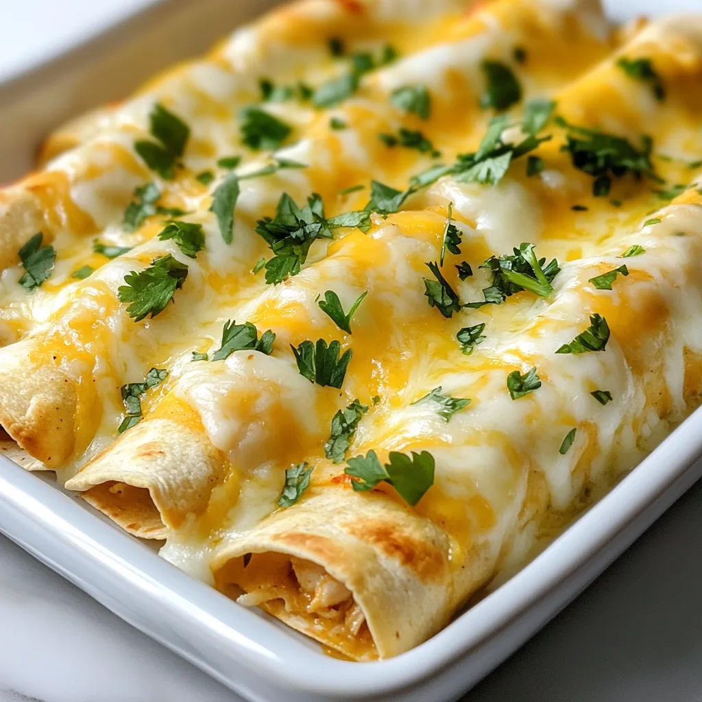 To make these tasty chicken enchiladas, gather these key ingredients: - 3 cups cooked shredded chicken - 8 small corn tortillas - 1 cup shredded Monterey Jack cheese - 1 cup sour cream - 1 cup chicken broth - 1 tablespoon olive oil - 1 medium onion, finely chopped - 2 cloves garlic, minced - 1 teaspoon ground cumin - 1 teaspoon chili powder - 1/2 teaspoon salt - 1/4 teaspoon black pepper Each ingredient plays a crucial role. The chicken gives protein, while the tortillas provide a soft wrap. The cheese adds creaminess, and the spices give great flavor. For this recipe, you need a few kitchen staples: - A large skillet - A mixing bowl - A greased baking dish - A knife and cutting board These tools help you prepare the dish easily. A large skillet is perfect for cooking the chicken filling. A mixing bowl is needed for combining the white sauce. To make your dish even better, consider these garnishes: - Fresh cilantro - Extra cheese - Sliced jalapeños Garnishes can add color and flavor. Fresh cilantro gives a nice pop, while jalapeños add a spicy kick. You can mix and match to suit your taste. {{ingredient_image_1}} Start by heating a large skillet over medium heat. Add one tablespoon of olive oil. Once hot, toss in the finely chopped onion and minced garlic. Cook these for about five minutes. You want the onion to turn soft and clear. Then, add your three cups of cooked shredded chicken. Sprinkle in one teaspoon of ground cumin, one teaspoon of chili powder, half a teaspoon of salt, and a quarter teaspoon of black pepper. Stir well and cook for another three to four minutes until everything is heated through. This mix is your tasty filling. In a mixing bowl, blend one cup of sour cream with one cup of chicken broth. Stir until you have a smooth, creamy sauce. Set this aside for later. This white sauce adds a rich flavor and creamy texture to your enchiladas. Lightly warm the eight corn tortillas in a dry skillet for about ten seconds on each side. This step makes the tortillas easier to roll. Spoon some of the chicken filling onto each tortilla, then add a sprinkle of shredded Monterey Jack cheese. Roll the tortilla tightly and place it seam-side down in a greased baking dish. Repeat this for all the tortillas and filling. Now, pour the white sauce evenly over the rolled enchiladas. Make sure they are well-covered. Then, sprinkle the remaining shredded cheese on top. Bake in your preheated oven at 350°F (175°C) for 20 to 25 minutes. Look for the cheese to be bubbly and golden brown. Once done, let them cool for a few minutes. Finally, garnish with fresh cilantro before serving. Enjoy your delicious creation! To shred chicken easily, use two forks. Place the cooked chicken on a plate. Hold one fork steady and pull with the other fork. This will make shreds quickly. You can also use a stand mixer. Just place the chicken in the bowl and mix on low speed. It will shred in seconds. This method saves time and effort for your enchiladas. Corn tortillas are the best choice for enchiladas. They add a nice flavor and texture. Look for small tortillas, about 6 inches wide. They hold the filling well and don’t tear easily. If you want a softer option, try flour tortillas. They are thicker and can give a nice twist to your dish. Choose what you like best! For a great cheese melt, use Monterey Jack cheese. It melts well and adds creaminess. Grate the cheese freshly for the best results. Pre-shredded cheese contains anti-caking agents, which can affect melting. Layer the cheese generously on top of the enchiladas before baking. This will give you that bubbly, golden top that everyone loves. Pro Tips Use Fresh Tortillas: For the best texture and flavor, opt for fresh corn tortillas instead of packaged ones. They will enhance the overall taste of your enchiladas. Customize Your Filling: Feel free to add black beans, corn, or diced peppers to the chicken mixture for extra flavor and nutrition. This makes the dish more versatile. Make It Spicy: If you enjoy heat, add diced jalapeños or a sprinkle of cayenne pepper to the chicken mixture or the white sauce for a spicy kick. Let It Rest: Allow the enchiladas to sit for a few minutes after baking. This helps the flavors meld together and makes them easier to serve. {{image_2}} You can make a tasty vegetarian version of these enchiladas. Start by swapping the chicken for cooked beans or sautéed vegetables like zucchini and bell peppers. Use black beans for a rich flavor. For the cheese, you can stick with Monterey Jack or try a vegan cheese for a dairy-free option. If you love heat, add more spice to your enchiladas. Use spicy shredded chicken by adding diced jalapeños or a dash of hot sauce to the filling. You can also mix in some pepper jack cheese for extra kick. Top with sliced jalapeños before baking to heat them through. Feel free to get creative with the sauce! Instead of the creamy white sauce, try a green tomatillo sauce for a zesty twist. A red enchilada sauce gives a rich and bold taste. Just keep the cooking steps the same, and enjoy a whole new flavor profile! To store leftover enchiladas, let them cool first. Place them in an airtight container. Make sure to cover the top with plastic wrap or a lid. This helps keep them fresh. You can store them in the fridge for up to three days. If you need to keep them longer, consider freezing. When you are ready to eat your leftover enchiladas, preheat your oven to 350°F (175°C). Place the enchiladas in a baking dish. Add a little chicken broth or water to keep them moist. Cover the dish with foil. Bake for about 20 minutes or until heated through. If you like, uncover them for the last 5 minutes to crisp the cheese. To freeze enchiladas, wrap each one tightly in plastic wrap. Then, place them in a freezer-safe bag. You can keep them in the freezer for up to three months. When you want to eat them, defrost overnight in the fridge. Then, follow the reheating tips to enjoy them again! Yes, you can use flour tortillas. They offer a soft texture. However, corn tortillas add a nice flavor. They also hold up well with the sauce. If you like, try both types. Each brings a unique taste to your dish. You can use Greek yogurt instead of sour cream. It gives a similar creaminess. You can also try cream cheese or a dairy-free yogurt. Each option brings a different flavor. Choose what fits your taste and diet best. You can prep the enchiladas in advance. Assemble them fully, then cover and refrigerate. Bake them when you're ready to eat. Just add a few extra minutes to the cooking time. This makes meal prep easy and fun. Many sides work great with chicken enchiladas. Here are some ideas: - Mexican rice - Refried beans - Fresh guacamole - Simple green salad - Corn on the cob These sides add color and flavor to your meal. This blog post covered how to make chicken enchiladas from start to finish. We discussed key ingredients, step-by-step instructions, and helpful tips. You learned about variations, storage options, and answers to common questions. Cooking can be fun and simple. Feel free to mix it up with your own ingredients. Enjoy creating delicious enchiladas that everyone will love!