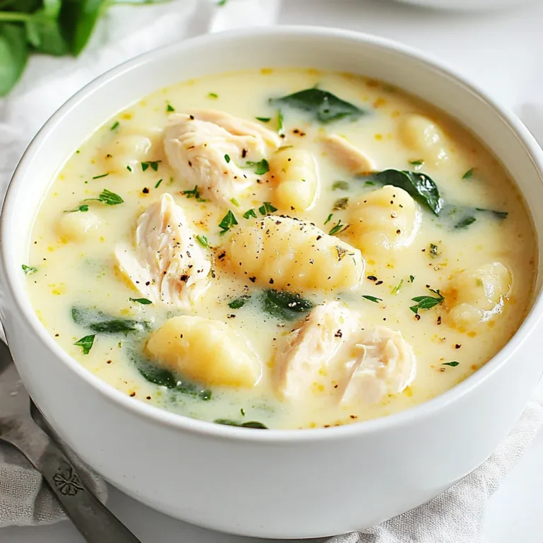 To make Instant Pot Creamy Chicken Gnocchi Soup, gather these ingredients: - 1 lb chicken breasts, diced - 1 tablespoon olive oil - 1 medium onion, chopped - 3 cloves garlic, minced - 4 cups chicken broth - 1 cup heavy cream - 1 package (16 oz) gnocchi (fresh or frozen) - 2 cups baby spinach - 1 teaspoon dried thyme - 1 teaspoon dried oregano - Salt and pepper to taste - Fresh parsley, chopped (for garnish) You will need a few tools to make this soup: - Instant Pot - Cutting board - Sharp knife - Measuring cups and spoons - Wooden spoon or spatula - Serving bowls You can adjust the recipe with these swaps: - Chicken: Use rotisserie chicken for less prep time. - Heavy cream: Substitute with half-and-half for a lighter soup. - Spinach: Kale or arugula works well too. - Broth: Vegetable broth can replace chicken broth for a vegetarian option. - Gnocchi: You can use pasta if gnocchi is not available. These options help you customize the soup to your taste and pantry. Enjoy making this warm, creamy delight! {{ingredient_image_1}} Start by setting your Instant Pot to 'Sauté' mode. Pour in one tablespoon of olive oil. Once the oil is hot, add one pound of diced chicken breasts. Cook this until the chicken is browned. Next, add one medium chopped onion and three minced garlic cloves. Stir them in and cook for 2-3 minutes. The onion should become soft and clear. Now, pour in four cups of chicken broth. Add one teaspoon of dried thyme and one teaspoon of dried oregano. Season with salt and pepper to your taste. Stir the mix well to combine. Close the Instant Pot lid, and set the valve to 'Sealing'. Cook on 'Manual' for five minutes. When time is up, do a quick pressure release. Carefully open the lid. Stir in one cup of heavy cream and one package of gnocchi. Switch the Instant Pot back to 'Sauté' mode. Cook for another 3-5 minutes. The gnocchi should become soft and warm. Finally, fold in two cups of baby spinach. Let it wilt for one to two minutes. Taste the soup and adjust the seasoning if needed. Serve hot and top with fresh chopped parsley for a lovely finish. Cooking gnocchi can be simple if you follow a few key tips. First, if you use frozen gnocchi, do not thaw them before adding to the soup. They will cook better this way. Second, stir gently when mixing in the gnocchi. This prevents them from breaking apart. Lastly, keep an eye on the cooking time. Gnocchi cooks quickly, typically in 3-5 minutes. To boost the flavor of your soup, try these ideas. Add a squeeze of lemon juice before serving. This brightens the taste. You can also sprinkle in some red pepper flakes for a kick. Fresh herbs like basil or dill can add a nice touch as well. If you want a richer flavor, consider adding a splash of white wine before you add the chicken broth. Sometimes things do not go as planned. If your soup is too thick, add more chicken broth or cream to loosen it. If it tastes bland, a pinch of salt or a dash of pepper can enhance the flavor. If you find your gnocchi is mushy, it may have cooked too long. Next time, reduce the cooking time to avoid this. Remember, cooking is about learning and improving! Pro Tips Use Fresh Ingredients: For the best flavor, opt for fresh chicken and vegetables. Fresh ingredients can elevate the taste of your soup significantly. Adjust the Thickness: If you prefer a thicker soup, add a cornstarch slurry (1 tablespoon cornstarch mixed with 2 tablespoons of cold water) during the last few minutes of cooking. Gnocchi Alternatives: If you can't find gnocchi, consider using small pasta shapes like orzo or ditalini as a substitute, adjusting cooking times accordingly. Storage Tips: This soup can be stored in the refrigerator for up to 3 days. Reheat gently on the stove, adding a splash of broth if needed to thin it out. {{image_2}} Adding vegetables boosts the flavor and nutrition of your soup. You can use carrots, celery, or bell peppers. Just chop them small so they cook well. Sauté the veggies with the chicken, onion, and garlic. This adds more color and taste. You can also add frozen peas or corn near the end. They cook fast and keep their crunch. For a fresh touch, try adding zucchini. Slice it thin and add it just before serving. If you need gluten-free or low-carb soup, you can swap the gnocchi. Use zucchini noodles or cauliflower rice instead. They provide a great base while cutting carbs. Check the labels on the chicken broth too. Some brands add gluten. To keep it creamy, use coconut milk or almond milk. These options give a nice flavor without gluten. You can mix up proteins in your soup for new tastes. Instead of chicken, try diced turkey or cooked sausage. If you like seafood, shrimp works well too. Just be careful with cooking times. Shrimp cooks fast, so add it near the end. If you have leftover rotisserie chicken, use that for a quick meal. It adds flavor and saves time. Each option gives your soup a unique twist. To store your creamy chicken gnocchi soup, let it cool first. Transfer it to an airtight container. Make sure to seal it well to keep it fresh. You can store it in the fridge for up to three days. If you want it to last longer, consider freezing it. When you’re ready to enjoy your soup again, you can reheat it on the stove. Pour the soup into a pot over medium heat. Stir it often until it warms up. You can also use the microwave. Place your soup in a microwave-safe bowl. Heat it in short bursts, stirring in between. If you want to freeze the soup, use freezer-safe containers. Leave a little space at the top for expansion. You can freeze it for up to three months. When you’re ready to eat it, thaw it overnight in the fridge. Reheat it on the stove or microwave as mentioned. Enjoy every spoonful of this warming delight! To make this soup, start with your Instant Pot. First, set it to 'Sauté' mode and add one tablespoon of olive oil. Once it's hot, add one pound of diced chicken breasts. Cook until they are browned. Next, add one chopped onion and three minced garlic cloves. Cook for another 2-3 minutes until the onion is clear. Pour in four cups of chicken broth and add one teaspoon each of dried thyme and oregano. Add salt and pepper to taste. Close the lid and set the valve to 'Sealing'. Cook on 'Manual' for five minutes. When done, do a quick release to let out the steam. Open the lid and stir in one cup of heavy cream and one package of gnocchi. Switch back to 'Sauté' mode and cook for another 3-5 minutes until the gnocchi are soft. Finally, add two cups of baby spinach and let it wilt for one to two minutes. Serve hot with chopped parsley on top. Yes, you can use frozen chicken. The Instant Pot can cook frozen chicken safely. However, increase the cooking time to about 10-12 minutes. Make sure to check the chicken's internal temperature to ensure it reaches 165°F. This method can save you time and keep your meal easy and quick. This soup lasts about 3-4 days in the refrigerator. Store it in an airtight container. Make sure it cools down before sealing it. If you want to keep it longer, consider freezing it instead. This soup pairs well with a side salad or crusty bread. A simple green salad can add freshness. Garlic bread also makes a great choice. You can also try serving it with a light pasta dish or roasted vegetables for a full meal. In this blog post, we covered how to make a tasty creamy chicken gnocchi soup. We discussed ingredients, tools, and substitutions to make it work for you. The step-by-step guide helped you in prepping, cooking, and finalizing the soup. We also shared tips for cooking gnocchi and enhancing flavors. Plus, we explored variations and how to store leftovers effectively. By following these steps, you can create a comforting meal for any occasion. Enjoy your cooking and savor every bite!
