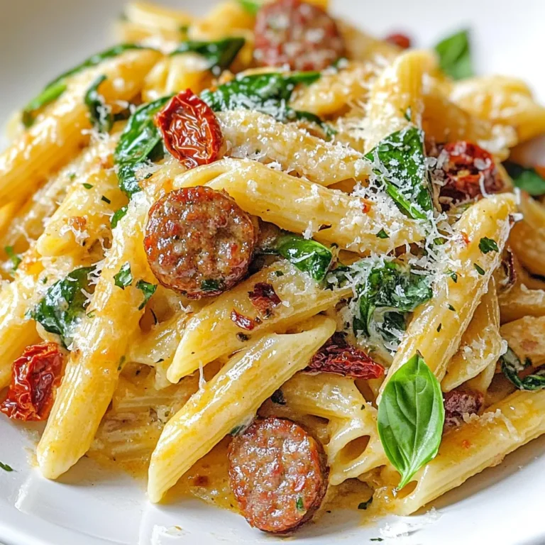 - 8 oz penne pasta - 2 smoked sausages, sliced - 1 cup heavy cream - 1 cup chicken broth - 1 cup fresh spinach - 1/2 cup sun-dried tomatoes, chopped - 1 cup grated Parmesan cheese - 2 cloves garlic, minced - 1 tablespoon olive oil - 1 teaspoon Italian seasoning - Salt and pepper to taste - Fresh basil for garnish In this recipe, the main ingredients create a rich and creamy base. The penne pasta serves as the perfect vessel for holding the sauce. Smoked sausages bring a wonderful depth of flavor. Heavy cream adds the silky texture, while chicken broth balances the dish. Next, we introduce additional ingredients that elevate the dish. Fresh spinach adds a pop of color and nutrients. Sun-dried tomatoes provide a sweet and tangy contrast. Parmesan cheese brings saltiness and richness. Garlic adds aroma and depth, while Italian seasoning ties it all together. A sprinkle of fresh basil brightens each bite. This combination results in a delightful meal that is both easy to make and full of flavor. Each ingredient plays a role in crafting a dish that feels gourmet yet comforting. {{ingredient_image_1}} First, boil water in a large pot. Add salt to the water for flavor. Once boiling, add 8 ounces of penne pasta. Cook according to the package instructions, usually around 10-12 minutes. Stir the pasta occasionally to prevent sticking. When it’s al dente, drain the pasta in a colander. Set it aside while you prepare the other ingredients. In a large skillet, heat 1 tablespoon of olive oil over medium heat. Slice 2 smoked sausages and add them to the skillet. Cook for about 5 minutes until they turn golden brown on both sides. Next, add 2 cloves of minced garlic to the skillet. Sauté for 1 minute until you smell the garlic. Pour in 1 cup of chicken broth and bring it to a simmer. Let it cook for 3 to 4 minutes to blend the flavors. Now, it’s time to make the sauce creamy. Stir in 1 cup of heavy cream and bring the mixture to a gentle simmer. Add in 1/2 cup of chopped sun-dried tomatoes, 1 cup of fresh spinach, 1 teaspoon of Italian seasoning, and 1 cup of grated Parmesan cheese. Mix well until the cheese melts and the sauce thickens, which should take about 3 to 5 minutes. Finally, toss your drained penne pasta into the creamy sausage mixture. Stir until the pasta is well coated. Season with salt and pepper to taste. Serve warm and garnish with fresh basil for a lovely touch. To get that rich, creamy feel, use heavy cream. It makes the sauce smooth and thick. Simmer the cream for just a few minutes. This helps it blend well with the other flavors. Too much heat can curdle the cream, so keep it gentle. Stir often to avoid burning. You can boost the taste with spices and herbs. Italian seasoning adds a nice touch. Fresh basil gives a sweet, bright flavor. You can also try red pepper flakes for some heat. Fresh garlic is a must for depth. Don't forget to season with salt and pepper to taste. To save time, prep your ingredients first. Slice the sausages and chop the garlic ahead of time. You can even cook the pasta earlier. Just toss it in a little olive oil to keep it from sticking. This way, when you’re ready to cook, everything is quick and easy. Pro Tips Perfect Pasta Texture: To achieve al dente pasta, cook it just until it's firm to the bite. Remember that the pasta will continue to cook slightly when mixed with the sauce. Enhance the Flavor: For an extra depth of flavor, consider adding a splash of white wine to the skillet after sautéing the sausage and garlic, letting it reduce before adding the broth. Fresh Spinach Alternative: If fresh spinach is unavailable, you can use frozen spinach. Just be sure to thaw and drain it well before adding it to the sauce. Cheese Choices: While Parmesan is a classic choice, feel free to mix in other cheeses like mozzarella or fontina for a different flavor profile and creaminess. {{image_2}} You can change the smoked sausages for other types. Try chicken or turkey sausage. They give a lighter taste. You can also use vegetarian sausage for a meat-free option. For pasta, penne works well, but you can try rotini or fettuccine too. These shapes hold the sauce nicely. Adding veggies makes your dish more colorful and healthy. You can toss in bell peppers for sweetness. Zucchini adds a nice crunch. Mushrooms bring an earthy flavor. Carrots give a bit of sweetness. You can also add broccoli for a green touch. Just make sure to cook them until tender. If you want a dairy-free version, you can swap heavy cream. Use coconut milk or almond milk instead. They add a different flavor but keep the creaminess. For cheese, try nutritional yeast or a dairy-free cheese. These swaps make the dish creamy and delicious without dairy. To keep your smoked sausage pasta fresh, cool it down first. Spread it out in a thin layer on a plate. This helps it cool quicker. Once cool, place it in an airtight container. Store it in the fridge for up to three days. Make sure to label the container with the date. This way, you know when to eat it by. When you’re ready to eat, take the pasta out. You can reheat it in a few ways. The best method is on the stove. Place it in a skillet over low heat. Add a splash of chicken broth or cream to keep it moist. Stir often until it's warmed through. You can also use the microwave. Place it in a microwave-safe bowl. Cover it with a damp paper towel. Heat in short bursts, stirring in between, until hot. To freeze your creamy pasta, let it cool completely. Then, place it in freezer-safe bags or containers. Remove as much air as possible to prevent freezer burn. Label with the date and freeze for up to three months. To thaw, leave it in the fridge overnight. Reheat it on the stove or microwave as mentioned before. Adding a little cream or broth while reheating helps restore its creamy texture. Yes, you can use many types of pasta. Bowtie, fusilli, or even spaghetti work well. Just pick a shape you like. Each pasta type holds sauce differently. So, choose one that makes you happy! To add heat, you can use red pepper flakes. Start with a pinch and add more if you want it hotter. You can also add diced jalapeños or a splash of hot sauce for extra kick. Spice it up to match your taste! This dish pairs well with a simple salad. A green salad with lemon vinaigrette is fresh and light. Garlic bread is also great for dipping in the creamy sauce. You could even serve it with roasted veggies for a colorful plate! This blog covered how to make creamy smoked sausage pasta. We discussed the key ingredients like penne, sausage, and heavy cream. You learned step-by-step on cooking, blending flavors, and adding tasty twists. When you try this recipe, remember that small changes can make a big impact. Enjoy your cooking and feel free to make it your own. Cooking should be fun and delicious!
