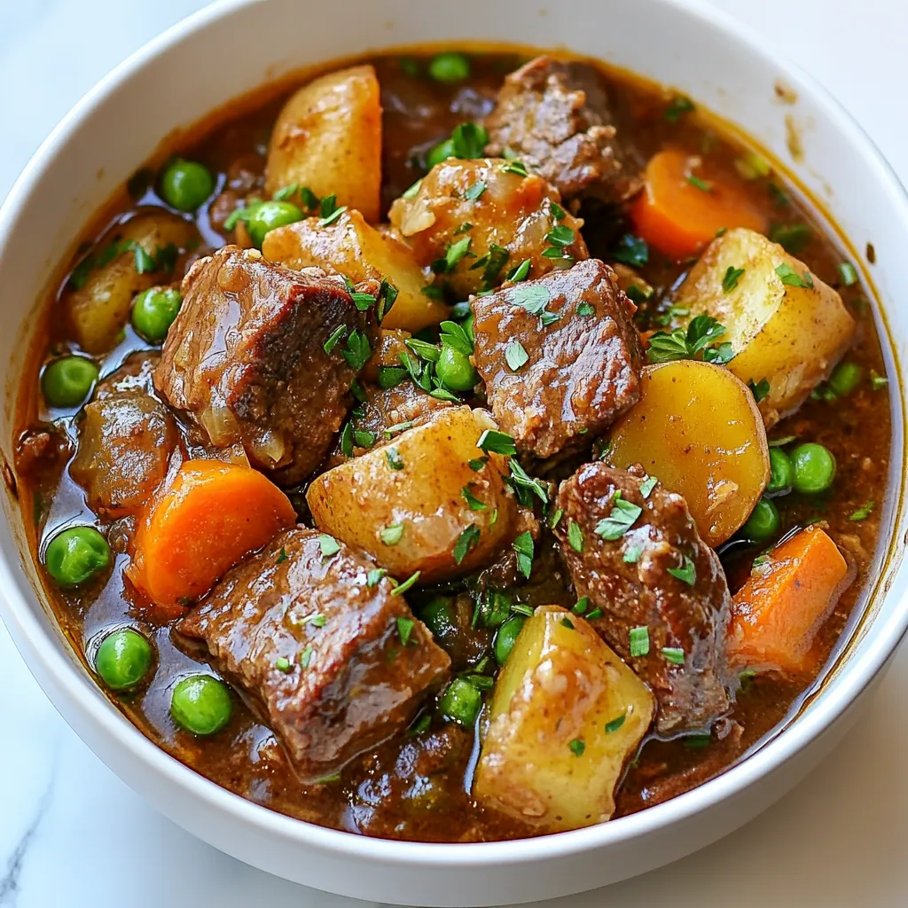 - 2 pounds beef chuck, cut into 1-inch cubes - 1 large onion, chopped - 3 cloves garlic, minced - 4 carrots, peeled and sliced - 3 potatoes, cubed - 3 cups beef broth - 1 cup frozen peas - 2 tablespoons tomato paste - 2 teaspoons Worcestershire sauce - 1 teaspoon dried thyme - 1 teaspoon dried rosemary - Salt and pepper to taste For a great beef stew, you need good, hearty ingredients. The beef chuck is the star of this dish. It has enough fat to keep the meat tender and juicy. You can cut it into 1-inch cubes for even cooking. Onions and garlic bring a base of flavor. They add depth and aroma to the stew. Vegetables are also key. Carrots give sweetness, while potatoes add creaminess. I like to use firm potatoes that hold their shape. Frozen peas add a pop of color and sweetness at the end. They cook quickly and brighten the dish. The seasonings are simple but powerful. Dried thyme and rosemary add warmth and earthiness. A splash of Worcestershire sauce brings a savory note. Don't forget to season with salt and pepper. This helps balance the flavors. - 3 tablespoons olive oil - Fresh parsley for garnish Olive oil is my go-to for cooking beef stew. It has a nice flavor and helps brown the beef. Browning the meat adds rich flavors that make the stew amazing. Garnishing with fresh parsley is an easy way to elevate your dish. It adds a bright color and fresh taste. Just chop it finely and sprinkle on top before serving. Enjoy your lovely, hearty stew! {{ingredient_image_1}} First, heat 3 tablespoons of olive oil in a large Dutch oven over medium-high heat. Once the oil is hot, add 2 pounds of beef chuck, cut into 1-inch cubes. Make sure to brown the beef in batches. This helps get a nice crust. Remove the beef and set it aside. In the same pot, add 1 large chopped onion. Sauté for about 5 minutes until it turns translucent. Then, add 3 cloves of minced garlic. Sauté for an extra 1-2 minutes until it smells great. Now, return the browned beef to the pot. Stir in 2 tablespoons of tomato paste and 2 teaspoons of Worcestershire sauce. Mix well so the beef is coated. Pour in 3 cups of beef broth. Bring the mix to a gentle simmer. Add 4 sliced carrots and 3 cubed potatoes. Then, add 1 teaspoon each of dried thyme and dried rosemary, along with salt and pepper to taste. Stir everything together. Cover the pot and reduce the heat to low. Let the stew simmer for about 2 hours. Stir occasionally. About 10 minutes before you serve, stir in 1 cup of frozen peas. Taste the stew and adjust the seasoning if needed. This is your chance to make it perfect. Serve hot and enjoy! Choosing the Right Cut of Beef For a great beef stew, use beef chuck. This cut has good fat and flavor. It becomes tender after slow cooking. Avoid lean cuts like sirloin. They do not break down well and can dry out. Tips for Browning Meat Browning the beef adds depth to your stew. Heat olive oil on medium-high heat. Cook the beef in batches to avoid steaming. Leave space between pieces for better browning. Once brown, remove it from the pot. This step is key for flavor. How to Achieve Tender Beef Cook your stew low and slow. A gentle simmer for about two hours works wonders. If the beef is still tough, give it more time. You want it to melt in your mouth. What to Do if Cooking Time is Too Short If you're in a hurry, use a pressure cooker. It can cook the stew in about 30 minutes. You can also cut the beef into smaller pieces. This helps it cook faster. Just be careful not to rush the flavors. Pro Tips Brown the Meat Well: Ensure the beef is well-browned before simmering to develop rich, deep flavors in your stew. Use Fresh Herbs: Fresh thyme and rosemary can elevate the taste of your stew. If using dried, adjust the quantity as they're more concentrated. Let It Rest: Allow the stew to cool slightly before serving; the flavors meld together beautifully during this time. Customize Your Veggies: Feel free to add seasonal vegetables like parsnips or turnips for a unique twist on your beef stew. {{image_2}} Alternative Vegetables You can switch out some veggies in your stew. Instead of carrots, try parsnips or turnips. Instead of potatoes, you can use sweet potatoes for a twist. You can also add mushrooms for extra flavor and texture. Feel free to mix in bell peppers or green beans for color and crunch. Different Cuts of Meat While beef chuck is great, you can use other cuts too. Brisket offers a rich flavor but needs longer cooking time. Round steak is leaner and can work well if cooked right. For a fun twist, try lamb for a unique taste. Just remember to adjust your cooking time based on the cut you choose. Using Red Wine or Beer Adding red wine or beer can deepen the stew's flavor. A cup of red wine adds richness, while a dark beer gives a nice malty taste. Just let it cook down with the beef for the best flavors. Adding Herbs and Spices Fresh herbs can make your stew shine. Try adding bay leaves while it simmers. You can also add fresh thyme or rosemary instead of dried. For a little heat, consider a pinch of red pepper flakes. Experiment with spices to find your favorite mix! To reheat beef stew, the stove is best. Pour the stew into a pot. Heat it slowly over low heat. Stir often to keep it smooth. You can also use a microwave. Place stew in a microwave-safe bowl. Cover it loosely and heat in short bursts. Stir between each burst. This keeps the stew warm and tasty. You can freeze hearty beef stew for later. First, let it cool down. Once cool, put it in airtight containers. Leave some space at the top. The stew will expand when frozen. Label each container with the date. You can freeze it for up to three months. To thaw frozen stew, place it in the fridge overnight. It will be ready by lunch. If you need it fast, use the microwave. Heat on low power until soft. Reheat it on the stove as mentioned earlier. Enjoy your delicious stew any time! How long can I store beef stew in the fridge? You can store beef stew in the fridge for up to 3 to 4 days. Just let it cool first. Make sure to keep it in an airtight container. This helps keep it fresh. Can I make beef stew in a slow cooker? Yes, you can make beef stew in a slow cooker. Just brown the beef first. Then, add all the ingredients to the slow cooker. Cook on low for 6 to 8 hours or on high for 3 to 4 hours. This method gives you tender meat and rich flavors. What to serve with hearty beef stew? Beef stew pairs well with many sides. You can serve it with crusty bread for dipping. Mashed potatoes also work great. If you want something lighter, a fresh salad is a nice choice. Enjoy it however you like! You now know how to create a hearty beef stew from start to finish. We discussed the key ingredients, from beef chuck to tasty seasonings. I provided clear steps for cooking, ensuring your meat and veggies shine. Remember to adjust flavors and textures for your perfect stew. Explore variations with different meats and wines. Store leftovers wisely to enjoy later. With these tips, you'll impress anyone with your cooking. Enjoy your delicious creation!
