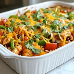 - 1 lb boneless, skinless chicken breasts, cubed - 1 red bell pepper, sliced - 1 green bell pepper, sliced - 1 medium onion, sliced - 2 cups cooked rice (white or brown) - 1 can (15 oz) black beans, rinsed and drained - 2 cups shredded cheese (Mexican blend or cheddar) - 1 tablespoon olive oil - 2 tablespoons fajita seasoning - 1/2 cup salsa - Salt and pepper to taste - Fresh cilantro for garnish For this dish, I choose boneless chicken breasts because they are easy to cook. I slice red and green bell peppers for color and flavor. The onion adds sweetness to the mix. Using cooked rice makes it filling and adds texture. Black beans give protein and fiber. Shredded cheese adds creaminess and helps bind the ingredients. Fajita seasoning brings that classic Mexican taste. Salsa adds moisture and a bit of spice, while salt and pepper enhance all the flavors. Fresh cilantro is a great garnish that adds a burst of freshness. You can swap chicken for turkey or even tofu for a vegetarian option. If you don’t have bell peppers, zucchini or mushrooms work well too. Instead of black beans, try pinto or kidney beans for a different flavor. For cheese, feel free to use pepper jack for more heat, or omit it for a dairy-free version. If you don’t have fajita seasoning, a mix of cumin, paprika, and chili powder will do the trick. Lastly, if you want a lower-carb option, cauliflower rice can replace regular rice. {{ingredient_image_1}} Start by gathering all your ingredients. You need: - 1 lb boneless, skinless chicken breasts, cubed - 1 red bell pepper, sliced - 1 green bell pepper, sliced - 1 medium onion, sliced - 2 cups cooked rice (white or brown) - 1 can (15 oz) black beans, rinsed and drained - 2 cups shredded cheese (Mexican blend or cheddar) - 1 tablespoon olive oil - 2 tablespoons fajita seasoning - 1/2 cup salsa - Salt and pepper to taste - Fresh cilantro for garnish Wash and chop the veggies. This step makes cooking easier and faster. In a large skillet, heat the olive oil over medium heat. Add the cubed chicken to the pan. Sprinkle the fajita seasoning, salt, and pepper on top. Cook for about 5-7 minutes, or until the chicken is fully cooked. Stir it every so often to make sure it cooks evenly. Next, add the sliced bell peppers and onions to the skillet. Stir them in with the chicken. Cook for an additional 5 minutes until the veggies are tender. Grab a large mixing bowl. Combine the cooked rice, black beans, salsa, and half of the cheese. Mix everything well so all the flavors blend. Once the chicken and vegetables are ready, add them to the rice mixture. Stir to combine all the ingredients. Pour the entire mixture into a greased 9x13 inch baking dish. Spread it out evenly. Top it with the remaining cheese to get a nice, cheesy finish. Preheat your oven to 350°F (175°C). Once it's ready, place your casserole in the oven. Bake for 20-25 minutes. You want the cheese to melt and bubble up nicely. After baking, take it out and let it sit for 5 minutes. This helps it set. Finally, garnish your casserole with fresh cilantro before serving. Enjoy your savory chicken fajita casserole! To cook chicken just right, start with fresh, boneless, skinless chicken breasts. Cut them into small cubes. This helps them cook faster and evenly. Heat olive oil in a skillet over medium heat. Add the chicken and sprinkle with fajita seasoning, salt, and pepper. Cook for 5-7 minutes until the chicken is no longer pink. Stir often to avoid burning. This method ensures juicy chicken pieces in your casserole. While the fajita seasoning gives great taste, you can add more. Consider using garlic powder or onion powder for a deeper flavor. A pinch of cumin adds warmth, while chili powder can bring heat. Experiment with smoked paprika for a twist. Always taste as you go. This lets you adjust the flavor to your liking. The goal is to make every bite exciting! For a complete meal, serve your casserole with sour cream on the side. It adds creaminess and coolness that balances the heat. Tortilla chips make a crunchy side. You can also add a fresh salad with lime dressing for a light touch. Fresh cilantro on top brightens the dish with color and flavor. These simple side options enhance your dining experience. Enjoy your meal together with family or friends! Pro Tips Use Leftovers: This casserole is a great way to use up leftover chicken or veggies. Just add them to the mix for a quick meal. Adjust the Heat: If you like it spicier, add some chopped jalapeños or a dash of hot sauce to the chicken while cooking. Cheese Variations: Experiment with different types of cheese like pepper jack for an extra kick or mozzarella for a milder flavor. Make It Ahead: You can prepare the casserole in advance and refrigerate it. Just bake it when you're ready to serve! {{image_2}} You can easily make this casserole vegetarian. Start by skipping the chicken. Use extra veggies, like zucchini or mushrooms. You can also add tofu for protein. Replace the chicken with a can of drained chickpeas. This gives a nice texture and flavor. Don’t forget to keep the fajita seasoning. It adds the same great taste! If you love heat, kick it up a notch! Use jalapeños or serrano peppers. You can mix in some spicy salsa instead of regular salsa. For an extra spicy twist, add a dash of cayenne pepper. This will make your casserole sizzle. Just be careful not to go overboard! Want to switch up the protein? Ground turkey or beef works well. Cook it the same way as the chicken. Shredded rotisserie chicken is another great option. It saves time and still tastes fresh. For a plant-based choice, consider using lentils. They cook fast and soak up the flavors nicely. After enjoying your Chicken Fajita Casserole, store leftovers in an airtight container. Make sure it cools down first. This keeps the flavors fresh and safe. You can keep it in the fridge for up to four days. If you want to enjoy it later, freezing is a great option. To reheat, you can use the microwave or the oven. If using the microwave, place a portion on a plate. Cover it loosely with a paper towel. Heat for 2-3 minutes, stopping to check and stir. For the oven, preheat it to 350°F (175°C). Place the casserole in a baking dish and cover it with foil. Heat for about 15-20 minutes. Check until it's hot all the way through. Freezing is easy! Before freezing, let the casserole cool completely. Then, place it in a freezer-safe container or wrap it tightly in plastic wrap and foil. This prevents freezer burn. You can freeze it for up to three months. When you’re ready to eat, thaw it in the fridge overnight before reheating. Enjoy your tasty meal later! Yes, you can make Chicken Fajita Casserole ahead of time. Prepare it up to the baking step. Cover it and store it in the fridge for one day. When you're ready, just bake it. You can also freeze it for up to three months. Thaw it in the fridge overnight before baking. This saves time on busy days. To make Chicken Fajita Casserole dairy-free, simply skip the cheese. Use dairy-free cheese instead. Many brands offer great options that melt well. You can also try adding avocado for creaminess. Another option is to use a cashew cream. Blend soaked cashews with water to get a smooth texture. You can serve Chicken Fajita Casserole with many sides. Tortilla chips add a nice crunch. A fresh green salad pairs well, too. You can also serve it with sour cream or guacamole. For a heartier meal, add some Mexican rice on the side. These options will make your meal more filling. Yes, you can use different types of beans in this casserole. Pinto beans or kidney beans work well. If you want a smoother texture, try refried beans. Just make sure to rinse canned beans before using them. This will reduce excess sodium and improve flavor. In this post, we covered the key ingredients, their purpose, and substitutions. You learned how to prepare, cook, and assemble your casserole with easy steps. We shared tips for perfect chicken and flavor boosts, plus serving ideas. You discovered variations, storage tips, and answers to common questions. Cooking should be fun and flexible, so try different options. Enjoy every bite and make this dish your own!
