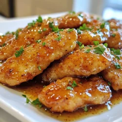 To make delicious brown sugar chicken tenders, you need a few key items. Here’s what you will need: - 1 pound chicken tenders - 1/2 cup brown sugar - 1/4 cup soy sauce (low sodium) - 1 tablespoon Dijon mustard - 1 tablespoon garlic powder - 1 teaspoon onion powder - 1/2 teaspoon black pepper - 1/2 teaspoon salt - 1 tablespoon olive oil These ingredients work together to create a sweet and savory dish that everyone will love. The chicken tenders soak up the marinade, making them juicy and flavorful. The marinade is what makes this dish stand out. It combines sweet and salty flavors. Here’s how each ingredient plays a role: - Brown sugar gives sweetness and caramelizes during cooking. - Soy sauce adds a salty taste and depth. - Dijon mustard brings a tangy note. - Garlic powder and onion powder infuse rich flavor. - Black pepper and salt enhance all the tastes. Mix these ingredients well to create a smooth marinade. This mixture will help tenderize the chicken and give it a great taste. To make your brown sugar chicken tenders even better, consider these garnishes: - Fresh parsley, chopped – This adds a pop of color and freshness. - Lemon wedges – Squeeze some for a zesty touch. - Sesame seeds – Sprinkle them on for crunch and flavor. These simple additions improve the dish’s look and taste. Serve the chicken tenders warm for the best experience. Enjoy! {{ingredient_image_1}} To make the marinade, grab a medium bowl. Add 1/2 cup of brown sugar. Then, pour in 1/4 cup of soy sauce. Next, mix in 1 tablespoon of Dijon mustard. Add 1 tablespoon of garlic powder and 1 teaspoon of onion powder. Sprinkle in 1/2 teaspoon of black pepper and 1/2 teaspoon of salt. Whisk all the ingredients together until smooth. This marinade will give the chicken a sweet and savory taste. Now, take 1 pound of chicken tenders. Place them in a large resealable bag or a shallow dish. Pour the marinade over the chicken. Make sure each piece is fully coated. Seal the bag or cover the dish tightly. Refrigerate for at least 1 hour. For the best flavor, marinate overnight. This helps the chicken soak up all those tasty flavors. Preheat your oven to 400°F (200°C). While it heats, line a baking sheet with parchment paper. You can also lightly grease it with olive oil. Next, remove the chicken from the marinade. Let any excess marinade drip off. Place the chicken tenders on the baking sheet in a single layer. Bake them for 15 to 20 minutes. - Checking for Proper Doneness To ensure the chicken is done, it should be no longer pink in the center. Use a meat thermometer to check the internal temperature. It should reach 165°F (75°C). Once cooked, take the chicken out of the oven. Let it rest for 5 minutes before serving. This helps keep it juicy. Enjoy your tasty brown sugar chicken tenders! Marinating chicken is key to great flavor. I always use a resealable bag. It keeps the chicken coated well. I mix the marinade in a bowl first. This ensures all the ingredients blend nicely. - Use fresh ingredients for the best taste. - Marinate for at least one hour. Longer marinating gives deeper flavor. - Always refrigerate the chicken while it marinates. For the best chicken tenders, aim for even cooking. I place the tenders in a single layer on the baking sheet. This helps them bake evenly. - Preheat your oven to 400°F (200°C) before baking. - Line the baking sheet with parchment paper or grease it lightly. - Bake for 15-20 minutes. Check for doneness at 165°F (75°C). Rest the chicken for five minutes after baking. This keeps them juicy and tender. Want to add a twist? I love experimenting with flavors. Here are some ideas: - Add a pinch of cayenne pepper for heat. - Try a splash of lime juice for a zesty kick. - Mix in fresh herbs like thyme or rosemary for extra aroma. These simple changes can take your chicken tenders to the next level. Pro Tips Marinate for Maximum Flavor: For the best flavor, marinate the chicken tenders overnight. This allows the sugars and spices to penetrate deeply into the meat. Check for Doneness: Always use a meat thermometer to ensure your chicken reaches an internal temperature of 165°F (75°C) for safety. Customize the Marinade: Feel free to experiment with additional spices or ingredients in the marinade, such as ginger or sesame oil, to enhance the flavor profile. Serve with Sides: Pair these chicken tenders with a fresh salad or steamed vegetables for a balanced meal that complements the sweet and savory flavors. {{image_2}} You can switch up the brown sugar in your marinade. Honey works well and adds a nice touch. Maple syrup is another good option if you want a unique flavor. Agave nectar is less sweet but still tasty. Each sweetener changes the taste a bit, so feel free to experiment. Grilling your chicken tenders gives them a smoky flavor. Just marinate as usual, then place them on the grill. Cook for about 6-8 minutes per side or until they reach 165°F. If you prefer air frying, it’s easy too. Cook at 400°F for 10-12 minutes. Both methods make the chicken crispy and delicious. Adding citrus can brighten your dish. Try lemon or lime juice in the marinade. Fresh herbs like thyme or rosemary can also enhance the taste. Just chop them up and mix them in. These simple tweaks create new flavors that keep your meals exciting. To store leftover chicken tenders, place them in an airtight container. Make sure to cool them first. This keeps them fresh and safe to eat later. You can keep them in the fridge for up to three days. If you want to save them longer, consider freezing. When you reheat chicken tenders, try using the oven. Preheat it to 350°F (175°C). Place the chicken on a baking sheet. Bake for about 10 to 15 minutes. This helps the tenders stay crispy. You can also use a microwave, but this may make them soft. If you use the microwave, cover the chicken with a damp paper towel. This keeps moisture in. To freeze chicken tenders, wrap them tightly in plastic wrap or foil. Place them in a freezer bag. Be sure to remove as much air as possible. They can last up to three months in the freezer. When you're ready to eat them, thaw them in the fridge overnight. For quicker thawing, you can use cold water. Just be sure to cook them right after thawing. You should marinate the chicken tenders for at least 1 hour. This time allows the flavors to soak in well. For even better taste, marinate them overnight. The longer you let them sit, the more flavor they will have. Yes, you can use chicken breasts instead of tenders. Just cut them into strips to match the size of tenders. Use the same marinade and cook them until they reach an internal temperature of 165°F (75°C). This way, you still get that sweet and savory taste. Brown sugar chicken tenders go great with many sides. Here are some ideas to try: - Steamed broccoli or green beans - Mashed potatoes or sweet potato fries - A fresh garden salad - Rice or quinoa for a hearty meal These sides will balance the sweetness of the chicken and add color to your plate. Enjoy experimenting with different combinations! We covered everything you need for brown sugar chicken tenders. You learned about the key ingredients, how to marinate and bake them perfectly, and tips for flavor enhancements. I also shared storage methods and alternative cooking ideas. With this guide, you can whip up tasty tenders for any meal. Remember, cooking can be fun and easy! Enjoy creating your dish and sharing it with others. Happy cooking!
