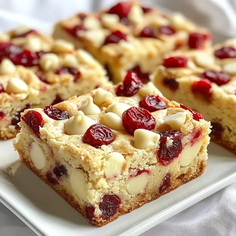 To make the best Cranberry White Chocolate Blondies, you need fresh ingredients. Here’s the list you’ll need: - 1 cup unsalted butter, melted - 1 cup brown sugar, packed - 1/2 cup granulated sugar - 2 large eggs - 2 teaspoons vanilla extract - 2 cups all-purpose flour - 1/2 teaspoon baking powder - 1/4 teaspoon baking soda - 1/4 teaspoon salt - 1 cup dried cranberries - 1 cup white chocolate chips Each ingredient plays a key role in the flavor and texture of the blondies. The butter adds richness, while the brown sugar gives a deep, caramel taste. The white chocolate chips bring sweetness, and the cranberries add a tart contrast. When choosing your ingredients, go for high-quality chocolate and fresh cranberries. This choice will greatly enhance the taste of your blondies. Since these blondies are so easy to make, you can whip them up for any occasion. They are perfect for sharing or enjoying with a warm drink. {{ingredient_image_1}} First, set your oven to 350°F (175°C). Grease an 8x8-inch baking pan. Line it with parchment paper. Let the paper hang over the edges. This will help you lift out the blondies later. In a large bowl, whisk together melted butter, brown sugar, and granulated sugar. Mix until it is smooth. Add the eggs one at a time. Stir well after each egg. Finally, mix in the vanilla extract. This step makes the batter rich and flavorful. In another bowl, whisk together the flour, baking powder, baking soda, and salt. Make sure it is evenly mixed. Gradually add this dry mixture to the wet ingredients. Stir until just combined. Avoid overmixing to keep the blondies soft. Now, gently fold in the dried cranberries and white chocolate chips. Make sure they are evenly distributed in the batter. This adds sweetness and tartness to your blondies. Pour the batter into the prepared pan. Spread it evenly with a spatula. Bake for 25-30 minutes. The edges should turn golden brown. To check if they are done, insert a toothpick in the center. If it comes out clean or with a few moist crumbs, they are ready. After baking, let the blondies cool in the pan for about 10 minutes. Then, lift them out using the parchment paper. Place them on a wire rack to cool completely. To get soft and chewy blondies, you need the right balance of ingredients. Use melted butter for a rich flavor and smooth texture. Mixing the brown sugar well with the butter helps create a nice base. When you add the flour, mix just until combined. Overmixing can lead to tough blondies. Bake until the edges are golden brown, but keep the center slightly moist. A toothpick should come out with a few crumbs for that perfect texture. You can easily make swaps if you lack some ingredients. If you want a lighter flavor, use half granulated sugar and half honey. For a dairy-free version, try coconut oil instead of butter. You can also use maple syrup for extra flavor. If you don't have dried cranberries, use raisins or chopped apricots. For the white chocolate chips, dark chocolate works well too. These swaps keep the joy of making these blondies alive! Having the right tools makes baking easy. A good mixing bowl is key for blending ingredients well. Use a whisk for the wet ingredients and a spatula for folding in the mix-ins. An 8x8-inch baking pan is perfect for these blondies. Don't forget parchment paper, which helps with easy lifting and cleanup. A toothpick helps check if the blondies are done baking. These tools ensure a fun and smooth baking experience! Pro Tips Use Room Temperature Eggs: Allow your eggs to come to room temperature for better incorporation into the batter, resulting in a smoother texture. Don't Overmix the Batter: Mix until just combined for a tender blondie. Overmixing can lead to a tougher texture. Chill for Cleaner Cuts: Refrigerate the blondies for about an hour after baking to make cutting them into squares easier and neater. Experiment with Mix-Ins: Feel free to swap cranberries and white chocolate chips with your favorite nuts or dried fruits for a personalized twist! {{image_2}} You can boost your blondies with nuts or other dried fruits. Try adding chopped walnuts or pecans for a nice crunch. You can also use dried cherries or apricots in place of cranberries. Mix in about 1 cup of your choice for added texture and flavor. To make these blondies gluten-free, swap the all-purpose flour with a gluten-free blend. Many blends work well, but I recommend one that contains xanthan gum. This will help keep the blondies soft and chewy, just like the original recipe. Adding flavor can take your blondies to the next level. Try mixing in a teaspoon of orange zest for a fresh twist. You can also add a pinch of cinnamon or nutmeg for warmth. These small changes make a big impact on taste and aroma. To keep your cranberry white chocolate blondies fresh, store them in an airtight container. You can place parchment paper between layers to avoid sticking. They stay great at room temperature for up to four days. If you want them to last longer, put them in the fridge. They can stay fresh in the fridge for about a week. Freezing blondies is easy and a great way to save them for later. Cut the cooled blondies into squares. Wrap each square tightly in plastic wrap. Then, place them in a freezer-safe bag. You can freeze them for up to three months. When you're ready to enjoy them, just thaw at room temperature for a couple of hours. These blondies taste amazing on their own, but you can make them even better. Try serving them warm with a scoop of vanilla ice cream. Drizzle some chocolate sauce or caramel over the top for extra flavor. You can also pair them with a cup of coffee or tea for a cozy treat. Yes, you can use fresh cranberries. However, they are more tart than dried cranberries. You may want to add a bit more sugar to balance the flavor. If you do use fresh cranberries, chop them roughly. This will help them mix better into the batter. You might also need to bake the blondies a bit longer since fresh fruit adds moisture. If you want to swap out white chocolate chips, there are many great options. You can use semi-sweet chocolate chips for a richer taste. Dark chocolate chips also work well if you like a bold flavor. For a nutty twist, try adding chopped nuts like pecans or walnuts. You could even use butterscotch chips for a fun change! The best way to check if your blondies are done is to look at the edges. They should be golden brown. Insert a toothpick into the center. If it comes out clean or with a few moist crumbs, they are ready. Remember, blondies will continue to cook a bit after you take them out of the oven. So don’t overbake them! In this article, we explored the key ingredients and steps to make delicious blondies. We discussed tips for perfect texture and clever ingredient substitutions. You can even create tasty variations with nuts or fruits. Remember, storing your blondies properly ensures they stay fresh. Baking can be fun and creative. Don’t hesitate to try different flavors! Enjoy the process and share the joy with friends and family. Happy baking!