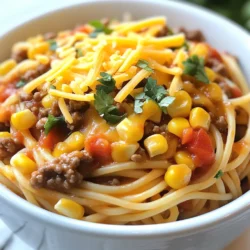 To make Cowboy Spaghetti, gather these ingredients: - 12 oz spaghetti - 1 lb ground beef - 1 cup bell peppers (mixed colors), diced - 1 cup corn (canned or frozen) - 1 medium onion, chopped - 3 cloves garlic, minced - 2 cups canned diced tomatoes with green chilies - 1 tablespoon chili powder - 1 teaspoon cumin - 1 teaspoon smoked paprika - Salt and pepper to taste - 1 cup shredded cheddar cheese - Fresh cilantro for garnish (optional) You can swap some ingredients for your taste: - Use turkey or chicken instead of ground beef for a lighter dish. - Try zucchini or mushrooms in place of bell peppers for a veggie boost. - Swap canned corn with fresh corn for a crunchier texture. - Use low-sodium diced tomatoes if you want less salt. - Replace cheddar cheese with pepper jack for a spicy kick. For the best flavor and texture: - Choose spaghetti made from durum wheat for a firmer noodle. - Use fresh garlic for a stronger taste. - Sauté the onions until they are soft and clear for the best base flavor. - Let the mixture simmer long enough to blend the spices well. - Add cheese just before serving to keep it melty and gooey. These tips will help you create a tasty Cowboy Spaghetti that everyone will love! {{ingredient_image_1}} Start by boiling a large pot of salted water. You want to add enough salt to make it taste like the sea. Once the water boils, add 12 ounces of spaghetti. Cook it according to the package instructions until it is al dente. This usually takes about 8 to 10 minutes. After cooking, drain the spaghetti and set it aside. Next, grab a large skillet and heat it over medium heat. Add 1 pound of ground beef to the skillet. Use a spatula to break it apart as it cooks. This should take about 5 to 7 minutes. You want the beef to be browned all over. If there is too much fat, carefully drain it off before moving to the next step. Now it's time for the veggies! Add 1 medium chopped onion and 3 cloves of minced garlic to the skillet with the beef. Stir and sauté for about 2 to 3 minutes. You want the onions to become soft and translucent. Then add 1 cup of diced bell peppers and 1 cup of corn. Cook this mix for an additional 3 to 4 minutes until everything is tender. It's time to bring the flavors together! Stir in 2 cups of canned diced tomatoes with green chilies. Add 1 tablespoon of chili powder, 1 teaspoon of cumin, and 1 teaspoon of smoked paprika. Don't forget to sprinkle in some salt and pepper to taste. Bring this mixture to a simmer and let it cook for about 5 to 7 minutes. This will let all the flavors blend well. Once your sauce is ready, add the cooked spaghetti into the skillet. Toss everything together until the spaghetti is well coated with the sauce. This is where all those flavors come together in a hearty mix. For the final touch, sprinkle 1 cup of shredded cheddar cheese on top of the spaghetti. Cover the skillet and let it cook on low heat for another 2 to 3 minutes. This will melt the cheese perfectly. Once it’s all melty and delicious, you are ready to serve! To keep your spaghetti from sticking, follow these steps: - Use a large pot for boiling water. This gives the pasta room to move. - Add salt to the water before cooking. This adds flavor and helps prevent sticking. - Stir the spaghetti often while it cooks. This keeps the strands separate. - Once cooked, drain the pasta quickly and rinse it under cold water. This stops the cooking and cools it down. If you follow these tips, your spaghetti will be perfect and ready for the tasty sauce. You can boost the flavor of Cowboy Spaghetti in many ways: - Add a pinch of red pepper flakes for heat. This adds a nice kick. - Include fresh herbs like parsley or basil. They give a fresh taste and color. - A splash of lime juice brightens up the dish. It adds a zesty touch. - For extra richness, mix in a tablespoon of butter before serving. This makes the dish creamy. These small changes can take your Cowboy Spaghetti from good to great! Getting that cheese just right is key. Here are my tips: - Use fresh shredded cheddar cheese. It melts better than pre-shredded cheese. - Add cheese in layers. Mix some in while cooking and top with more before serving. - Cover the skillet while the cheese melts. This traps heat and helps it melt evenly. - Let it sit for a minute after cooking. This helps the cheese set and makes serving easier. With these tips, your Cowboy Spaghetti will be cheesy and delicious every time! Pro Tips Use Fresh Ingredients: Fresh vegetables and spices will enhance the flavor of your Cowboy Spaghetti, making it more vibrant and delicious. Control the Heat: Adjust the amount of chili powder and diced tomatoes with green chilies according to your spice preference for a custom kick. One-Pan Wonder: To save on dishes, consider cooking the spaghetti in the same pot as the sauce. Just add the uncooked spaghetti directly to the sauce with enough water to cook it through. Cheese Variations: Experiment with different types of cheese, such as pepper jack or mozzarella, for a unique twist on the classic cheesy topping. {{image_2}} You can easily make a vegetarian version of Cowboy Spaghetti. Start by using plant-based ground meat. It mimics the texture of beef. You can also add more veggies. Try mushrooms, zucchini, or spinach for extra flavor. Use vegetable broth instead of beef broth. This keeps it hearty and tasty. Add more spices like oregano or basil to boost flavor. If you like heat, add chopped jalapeños or crushed red pepper. You can also use hot salsa instead of regular diced tomatoes. For a smoky flavor, add smoked chipotle peppers. These give a nice kick. Consider using spicy Italian sausage instead of beef for a unique twist. You don’t have to stick to ground beef. Try ground turkey or chicken for a lighter meal. They cook the same way and soak up flavors well. For a richer taste, use chorizo. It adds a savory depth. Each meat option gives a new spin on Cowboy Spaghetti. Experiment with what you like best! To keep your Cowboy Spaghetti fresh, let it cool first. Aim for room temperature. Use an airtight container for storage. This helps prevent any drying out or spoilage. You can keep it in the fridge for up to three days. Label the container with the date. This way, you always know when it was made. If you notice any off smell or mold, it’s best to toss it. Reheating Cowboy Spaghetti is simple. You can use the stove or microwave. For the stove, heat a skillet over low heat. Add a splash of water or broth to help steam it. Stir occasionally until hot. If you prefer the microwave, put it in a microwave-safe bowl. Cover the bowl to keep moisture in. Heat in short bursts, about one minute at a time, stirring in between. This ensures even heating and avoids overcooking. Freezing Cowboy Spaghetti is a great way to save time. First, cool the dish completely. Then, portion it into freezer bags or containers. Squeeze out as much air as possible. This helps prevent freezer burn. You can freeze it for up to three months. When ready to eat, thaw it in the fridge overnight. Reheat it as mentioned above for a quick meal. Enjoy your hearty dish anytime! Cowboy Spaghetti is a fun and filling dish. It mixes pasta with ground beef, veggies, and spices. You get a burst of flavors from the tomatoes and chili powder. This meal is hearty and great for family dinners. It's a one-pan recipe, so cleanup is easy. You can make Cowboy Spaghetti in about 30 minutes. First, boil the pasta for around 10 minutes. Then, cook the beef and veggies for about 10 minutes. Finally, combine everything and melt the cheese, which takes another 5 to 7 minutes. Yes, you can prepare Cowboy Spaghetti ahead. Cook it fully and let it cool. Store it in the fridge for up to three days. When you are ready to eat, just reheat it on the stove or in the microwave. Cowboy Spaghetti pairs well with garlic bread or a fresh salad. You can also serve it with a side of corn on the cob. These sides add crunch and balance to the meal. Cowboy Spaghetti is not gluten-free if you use regular spaghetti. However, you can easily make it gluten-free. Just swap regular pasta for a gluten-free version. Enjoy the same great taste without the gluten! Cowboy Spaghetti mixes tasty ingredients with easy steps. Remember to pick good substitutes and tips for the best dish. Explore variations for vegans or spice lovers. Store leftovers right and reheat for later. Whether you make it spicy or cheesy, this dish is a hit. Enjoy your cooking journey, and share your delicious results!