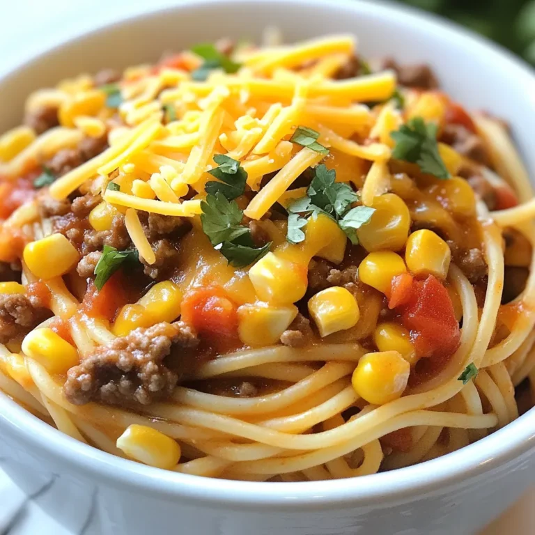 To make Cowboy Spaghetti, gather these ingredients: - 12 oz spaghetti - 1 lb ground beef - 1 cup bell peppers (mixed colors), diced - 1 cup corn (canned or frozen) - 1 medium onion, chopped - 3 cloves garlic, minced - 2 cups canned diced tomatoes with green chilies - 1 tablespoon chili powder - 1 teaspoon cumin - 1 teaspoon smoked paprika - Salt and pepper to taste - 1 cup shredded cheddar cheese - Fresh cilantro for garnish (optional) You can swap some ingredients for your taste: - Use turkey or chicken instead of ground beef for a lighter dish. - Try zucchini or mushrooms in place of bell peppers for a veggie boost. - Swap canned corn with fresh corn for a crunchier texture. - Use low-sodium diced tomatoes if you want less salt. - Replace cheddar cheese with pepper jack for a spicy kick. For the best flavor and texture: - Choose spaghetti made from durum wheat for a firmer noodle. - Use fresh garlic for a stronger taste. - Sauté the onions until they are soft and clear for the best base flavor. - Let the mixture simmer long enough to blend the spices well. - Add cheese just before serving to keep it melty and gooey. These tips will help you create a tasty Cowboy Spaghetti that everyone will love! {{ingredient_image_1}} Start by boiling a large pot of salted water. You want to add enough salt to make it taste like the sea. Once the water boils, add 12 ounces of spaghetti. Cook it according to the package instructions until it is al dente. This usually takes about 8 to 10 minutes. After cooking, drain the spaghetti and set it aside. Next, grab a large skillet and heat it over medium heat. Add 1 pound of ground beef to the skillet. Use a spatula to break it apart as it cooks. This should take about 5 to 7 minutes. You want the beef to be browned all over. If there is too much fat, carefully drain it off before moving to the next step. Now it's time for the veggies! Add 1 medium chopped onion and 3 cloves of minced garlic to the skillet with the beef. Stir and sauté for about 2 to 3 minutes. You want the onions to become soft and translucent. Then add 1 cup of diced bell peppers and 1 cup of corn. Cook this mix for an additional 3 to 4 minutes until everything is tender. It's time to bring the flavors together! Stir in 2 cups of canned diced tomatoes with green chilies. Add 1 tablespoon of chili powder, 1 teaspoon of cumin, and 1 teaspoon of smoked paprika. Don't forget to sprinkle in some salt and pepper to taste. Bring this mixture to a simmer and let it cook for about 5 to 7 minutes. This will let all the flavors blend well. Once your sauce is ready, add the cooked spaghetti into the skillet. Toss everything together until the spaghetti is well coated with the sauce. This is where all those flavors come together in a hearty mix. For the final touch, sprinkle 1 cup of shredded cheddar cheese on top of the spaghetti. Cover the skillet and let it cook on low heat for another 2 to 3 minutes. This will melt the cheese perfectly. Once it’s all melty and delicious, you are ready to serve! To keep your spaghetti from sticking, follow these steps: - Use a large pot for boiling water. This gives the pasta room to move. - Add salt to the water before cooking. This adds flavor and helps prevent sticking. - Stir the spaghetti often while it cooks. This keeps the strands separate. - Once cooked, drain the pasta quickly and rinse it under cold water. This stops the cooking and cools it down. If you follow these tips, your spaghetti will be perfect and ready for the tasty sauce. You can boost the flavor of Cowboy Spaghetti in many ways: - Add a pinch of red pepper flakes for heat. This adds a nice kick. - Include fresh herbs like parsley or basil. They give a fresh taste and color. - A splash of lime juice brightens up the dish. It adds a zesty touch. - For extra richness, mix in a tablespoon of butter before serving. This makes the dish creamy. These small changes can take your Cowboy Spaghetti from good to great! Getting that cheese just right is key. Here are my tips: - Use fresh shredded cheddar cheese. It melts better than pre-shredded cheese. - Add cheese in layers. Mix some in while cooking and top with more before serving. - Cover the skillet while the cheese melts. This traps heat and helps it melt evenly. - Let it sit for a minute after cooking. This helps the cheese set and makes serving easier. With these tips, your Cowboy Spaghetti will be cheesy and delicious every time! Pro Tips Use Fresh Ingredients: Fresh vegetables and spices will enhance the flavor of your Cowboy Spaghetti, making it more vibrant and delicious. Control the Heat: Adjust the amount of chili powder and diced tomatoes with green chilies according to your spice preference for a custom kick. One-Pan Wonder: To save on dishes, consider cooking the spaghetti in the same pot as the sauce. Just add the uncooked spaghetti directly to the sauce with enough water to cook it through. Cheese Variations: Experiment with different types of cheese, such as pepper jack or mozzarella, for a unique twist on the classic cheesy topping. {{image_2}} You can easily make a vegetarian version of Cowboy Spaghetti. Start by using plant-based ground meat. It mimics the texture of beef. You can also add more veggies. Try mushrooms, zucchini, or spinach for extra flavor. Use vegetable broth instead of beef broth. This keeps it hearty and tasty. Add more spices like oregano or basil to boost flavor. If you like heat, add chopped jalapeños or crushed red pepper. You can also use hot salsa instead of regular diced tomatoes. For a smoky flavor, add smoked chipotle peppers. These give a nice kick. Consider using spicy Italian sausage instead of beef for a unique twist. You don’t have to stick to ground beef. Try ground turkey or chicken for a lighter meal. They cook the same way and soak up flavors well. For a richer taste, use chorizo. It adds a savory depth. Each meat option gives a new spin on Cowboy Spaghetti. Experiment with what you like best! To keep your Cowboy Spaghetti fresh, let it cool first. Aim for room temperature. Use an airtight container for storage. This helps prevent any drying out or spoilage. You can keep it in the fridge for up to three days. Label the container with the date. This way, you always know when it was made. If you notice any off smell or mold, it’s best to toss it. Reheating Cowboy Spaghetti is simple. You can use the stove or microwave. For the stove, heat a skillet over low heat. Add a splash of water or broth to help steam it. Stir occasionally until hot. If you prefer the microwave, put it in a microwave-safe bowl. Cover the bowl to keep moisture in. Heat in short bursts, about one minute at a time, stirring in between. This ensures even heating and avoids overcooking. Freezing Cowboy Spaghetti is a great way to save time. First, cool the dish completely. Then, portion it into freezer bags or containers. Squeeze out as much air as possible. This helps prevent freezer burn. You can freeze it for up to three months. When ready to eat, thaw it in the fridge overnight. Reheat it as mentioned above for a quick meal. Enjoy your hearty dish anytime! Cowboy Spaghetti is a fun and filling dish. It mixes pasta with ground beef, veggies, and spices. You get a burst of flavors from the tomatoes and chili powder. This meal is hearty and great for family dinners. It's a one-pan recipe, so cleanup is easy. You can make Cowboy Spaghetti in about 30 minutes. First, boil the pasta for around 10 minutes. Then, cook the beef and veggies for about 10 minutes. Finally, combine everything and melt the cheese, which takes another 5 to 7 minutes. Yes, you can prepare Cowboy Spaghetti ahead. Cook it fully and let it cool. Store it in the fridge for up to three days. When you are ready to eat, just reheat it on the stove or in the microwave. Cowboy Spaghetti pairs well with garlic bread or a fresh salad. You can also serve it with a side of corn on the cob. These sides add crunch and balance to the meal. Cowboy Spaghetti is not gluten-free if you use regular spaghetti. However, you can easily make it gluten-free. Just swap regular pasta for a gluten-free version. Enjoy the same great taste without the gluten! Cowboy Spaghetti mixes tasty ingredients with easy steps. Remember to pick good substitutes and tips for the best dish. Explore variations for vegans or spice lovers. Store leftovers right and reheat for later. Whether you make it spicy or cheesy, this dish is a hit. Enjoy your cooking journey, and share your delicious results!