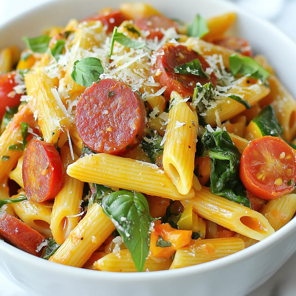 The key to making One Pot Kielbasa Pasta is gathering fresh and tasty ingredients. Here is what you need: - 8 oz. penne pasta - 12 oz. kielbasa, sliced into rounds - 1 tablespoon olive oil - 1 medium onion, diced - 3 cloves garlic, minced - 1 red bell pepper, sliced - 1 zucchini, diced - 4 cups chicken broth - 1 teaspoon Italian seasoning - 1/2 teaspoon red pepper flakes (optional, for heat) - Salt and pepper to taste - 1 cup cherry tomatoes, halved - 1 cup spinach - 1/2 cup grated Parmesan cheese - Fresh basil leaves for garnish Each ingredient plays a role in building flavor. The penne pasta soaks up the broth and spices, giving you a hearty bite. The kielbasa brings a rich, savory taste. Fresh veggies add color, crunch, and nutrients. Using good chicken broth is key. It adds depth and warmth to the dish. The Italian seasoning and red pepper flakes deliver a comforting spice that brings everything together. Remember, fresh ingredients make all the difference. They ensure your meal is not just quick but also full of flavor. {{ingredient_image_1}} 1. Heating oil and browning kielbasa Heat 1 tablespoon of olive oil in a large pot over medium heat. Once the oil is hot, add 12 oz. of sliced kielbasa. Cook for about 5-7 minutes. Aim for a nice brown color on the kielbasa. This adds great flavor! 2. Sautéing vegetables Next, stir in 1 medium diced onion, 3 minced garlic cloves, and 1 sliced red bell pepper. Sauté these for 3-4 minutes. You want them to soften and smell amazing. 3. Cooking pasta and adding broth Now, add 1 diced zucchini to the pot. Pour in 4 cups of chicken broth and bring it to a gentle simmer. Stir in 8 oz. of penne pasta along with 1 teaspoon of Italian seasoning, 1/2 teaspoon of red pepper flakes (if you like heat), and salt and pepper to taste. Make sure the pasta is well covered by the broth. 4. Final touches and serving Cover the pot and cook for 10-12 minutes. Stir occasionally to stop the pasta from sticking. Once the pasta is al dente, mix in 1 cup of halved cherry tomatoes and 1 cup of spinach. Cook for 2-3 minutes until the spinach wilts. Finally, remove from heat and stir in 1/2 cup of grated Parmesan cheese. Taste and adjust seasoning if needed. Serve hot, garnished with fresh basil leaves. Enjoy your meal! - How to avoid sticky pasta To keep your pasta from sticking, stir it well during cooking. Make sure to keep the pasta submerged in the broth. A quick stir every few minutes helps. - Ensuring even cooking of ingredients Cut all veggies to similar sizes. This way, they cook at the same rate. Start with the kielbasa, then add the onion and garlic. This sequence builds great flavor. - Adjusting seasonings for flavor Taste as you go. Add salt and pepper slowly. If you like heat, try more red pepper flakes. Adjust the Italian seasoning based on your taste. - Best pot to use A large, heavy-bottom pot works best for this dish. It helps cook the pasta evenly and prevents burning. A Dutch oven is also a great choice. - Essential kitchen tools You need a sharp knife for cutting. A wooden spoon is great for stirring. A measuring cup will help with the broth. Don’t forget a good cutting board for prep! Pro Tips Use High-Quality Kielbasa: Opt for a flavorful kielbasa to enhance the dish’s overall taste. Look for smoked or garlic-infused varieties for an extra punch. Al Dente Pasta: To prevent mushy pasta, cook it until al dente, as it will continue to soften slightly after being mixed with the other ingredients. Add Fresh Herbs: Incorporating fresh herbs like basil or parsley at the end of cooking brightens the flavors and adds a fresh touch to the dish. Customize Your Veggies: Feel free to swap in seasonal vegetables or whatever you have on hand. Broccoli, asparagus, or peas can be great alternatives! {{image_2}} You can switch up the pasta for a fun twist. Try using farfalle or fusilli. Each shape holds sauce differently, making each bite unique. If you want a gluten-free option, choose rice or corn pasta. They cook well and taste great. For meat, kielbasa is tasty, but you can use turkey sausage or chicken. Both add a lighter flavor. If you like a smokier taste, use andouille sausage. It brings a spicy kick that many love. Adding veggies boosts flavor and nutrition. You can use broccoli, carrots, or mushrooms. Mix and match to find your favorite combo. You can also toss in frozen peas or corn for extra color and taste. If you want to make this dish vegetarian, skip the kielbasa. Use canned beans like chickpeas or black beans for protein. They add texture and heartiness. You can also use a meat substitute like tofu or tempeh. For a vegan option, simply leave out the cheese. Nutritional yeast can replace Parmesan. It gives a cheesy flavor without dairy. You can also add more herbs for depth. Feel free to adjust the spice levels to suit your taste. If you like heat, add more red pepper flakes. For a milder dish, skip the flakes. You can also add a dash of hot sauce or a sprinkle of black pepper for a little kick. To store leftovers, let the dish cool first. Place it in an airtight container. You can keep it in the fridge for up to three days. When reheating, warm it gently on the stove. Add a splash of broth or water to keep it moist. Stir occasionally until heated through. Yes, you can freeze One Pot Kielbasa Pasta. Allow it to cool completely before freezing. Use a freezer-safe container and leave some space for expansion. It can last up to three months in the freezer. To thaw, move it to the fridge overnight. For the best texture, reheat it on the stove over low heat, adding a little broth or water as needed. This way, it stays creamy and delicious. How long does One Pot Kielbasa Pasta last in the fridge? One Pot Kielbasa Pasta lasts about 3 to 4 days in the fridge. Store it in an airtight container. Can I use gluten-free pasta? Yes, you can use gluten-free pasta. Just adjust the cooking time. Keep an eye on it to avoid mushiness. What sides go well with this dish? Great sides include a simple salad, garlic bread, or steamed vegetables. They add freshness and balance. Is it possible to make this in a slow cooker? Yes, you can make it in a slow cooker. Combine all ingredients and cook on low for about 4 hours. Can I omit the cheese? Yes, you can skip the cheese. The dish will still be tasty and creamy from the broth. Which other proteins can I use? You can use chicken, shrimp, or tofu as alternatives. Each adds a new flavor twist. How can I add more flavor? Add more spices like paprika or herbs like thyme. You can also use vegetable broth for extra depth. You’ve learned how to make One Pot Kielbasa Pasta using simple steps and fresh ingredients. We covered everything from cooking techniques to storage tips. With these ideas, you can enjoy a tasty dish any night. Feel free to customize it to fit your taste. Remember, cooking should be fun and creative. Now, gather your ingredients and get started! Enjoy your meal and share it with family and friends.