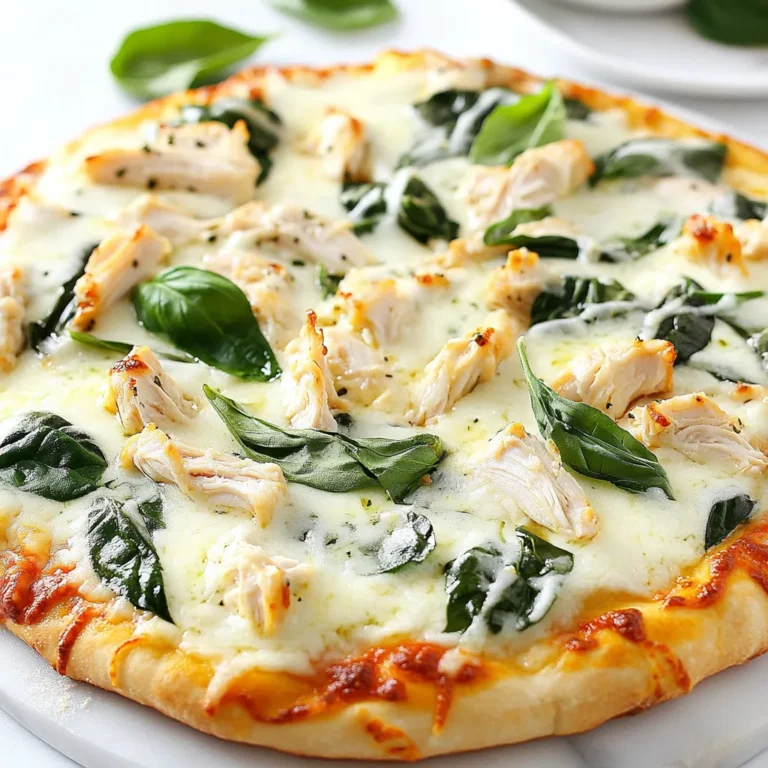 - 1 pre-made pizza crust (or homemade if preferred) - 1 cup cooked chicken breast, shredded - 1 cup Alfredo sauce (store-bought or homemade) - 1 ½ cups shredded mozzarella cheese - ½ cup grated Parmesan cheese - 1 cup fresh spinach, chopped - ½ teaspoon garlic powder - ¼ teaspoon black pepper - ¼ teaspoon crushed red pepper flakes (optional) - Fresh basil leaves, for garnish If you want to switch things up, try these options: - Use a cauliflower crust for a low-carb choice. - Swap chicken for cooked shrimp or sausage for different flavors. - Try a white sauce if you want a unique base. - Use vegan cheese for a dairy-free option. I trust these brands for quality: - Pizza Crust: Boboli or Caulipower for gluten-free. - Alfredo Sauce: Rao's Homemade or Bertolli for store-bought. - Cheese: Galbani for mozzarella and Kraft for Parmesan. - Spinach: Fresh Express for pre-washed convenience. Using great ingredients makes your Chicken Alfredo Pizza even better! {{ingredient_image_1}} Start by preheating your oven to 475°F (245°C). This high heat helps create a crispy crust. If you’re using homemade dough, roll it out on a floured surface until it’s the thickness you like. Once ready, place the dough on a pizza stone or baking sheet. This step sets the stage for the perfect pizza. In a small bowl, mix the Alfredo sauce with garlic powder, black pepper, and crushed red pepper flakes if you want a little heat. This adds depth to the sauce. Stir until all the ingredients blend well. You’ll want this sauce to be flavorful as it is the heart of your pizza. Spread the seasoned Alfredo sauce evenly over the pizza crust. Leave a small border around the edges for a nice crust. Next, sprinkle the shredded chicken on top of the sauce. This gives the pizza a hearty base. Then, add the chopped spinach for a fresh touch. Finish by covering everything with a generous amount of mozzarella cheese and a sprinkle of Parmesan cheese. This cheesy layer melts beautifully in the oven. Carefully place the pizza in your preheated oven. Bake for 12-15 minutes. Keep an eye on it until the cheese is bubbly and golden brown. The crust should be cooked to your liking. When it’s done, take the pizza out and let it cool for a minute. Garnish with fresh basil leaves to add color and flavor before slicing. Enjoy your Chicken Alfredo Pizza! To get a great crust, start with a hot oven. Preheat it to 475°F (245°C). This heat helps make the edges crisp. If you use a pizza stone, place it in the oven while it heats. A stone can keep the crust crispy. Roll out your dough to about ¼ inch thick. If it's too thick, it may not cook well. Also, avoid adding too much sauce or toppings. They can make the crust soggy. Give your pizza a flavor boost with seasonings. Mix garlic powder and black pepper into the Alfredo sauce. It adds depth to the taste. For a kick, include crushed red pepper flakes. Fresh spinach adds a nice pop of color and taste. You can also use fresh herbs like basil or oregano. These herbs will make your pizza even more delicious. Slice the pizza into squares for easy serving. This way, everyone can grab a piece. Serve it with a fresh salad for a light meal. A simple green salad pairs well with the rich flavors of the pizza. You can also offer extra grated Parmesan on the side. This lets guests add more cheese if they want. Pro Tips Cook Chicken in Advance: For the best flavor, use leftover rotisserie chicken or pre-cooked chicken breast to save time and enhance taste. Homemade Alfredo Sauce: If you have time, make your own Alfredo sauce for a richer flavor. Use butter, heavy cream, and Parmesan cheese for a creamy texture. Don’t Overload with Cheese: While cheese is delicious, too much can make your pizza soggy. Stick to the recommended amounts for the perfect balance. Fresh Basil Addition: Add fresh basil leaves after baking for a burst of flavor and color. It elevates the dish and adds a nice aroma! {{image_2}} You can change up your Chicken Alfredo Pizza with many toppings. Try adding sliced mushrooms for earthiness. Red onions give a mild sweetness. You can also use bell peppers for crunch and color. If you love heat, add jalapeños for a spicy kick. For a touch of sweetness, consider pineapple or roasted red peppers. Don’t forget, you can mix and match these toppings to make your pizza unique! While Alfredo sauce is a classic choice, feel free to get creative. A creamy garlic sauce can add a nice twist. You might like using a pesto sauce for a fresh taste. If you prefer a lighter option, try a white sauce made with yogurt. Marinara sauce can also work well if you want a tomato flavor. Each sauce changes the pizza's overall vibe, so explore until you find your favorite! The crust is the base of your pizza. You can use a pre-made crust for ease. If you want more control, try making your own at home. You can also explore using cauliflower crust for a low-carb option. For a fun twist, use a whole wheat crust for added flavor and nutrients. Each type of crust can change the texture and taste, so pick what you love! To keep your Chicken Alfredo Pizza fresh, store it in the fridge. Use an airtight container or wrap it tightly in plastic wrap. It stays good for 2-3 days. This helps keep moisture in and flavors intact. When you want to enjoy leftovers, the oven is your best friend. Preheat it to 350°F (175°C). Place the pizza on a baking sheet. Heat it for about 10-15 minutes. This brings back the crispy crust and melts the cheese again. You can also use a microwave, but the crust may get soft. If you want to save some pizza for later, freezing works great. Wrap each slice in plastic wrap and place them in a freezer bag. It can last up to 2 months. When you're ready to eat, thaw it in the fridge overnight before reheating. Chicken Alfredo Pizza is a tasty blend of flavors. It combines creamy Alfredo sauce with tender chicken. You start with a pizza crust, either store-bought or homemade. Then, you spread the Alfredo sauce on the base. Next, you add shredded chicken, fresh spinach, and lots of cheese. Bake it until golden brown and bubbly! This pizza is rich, filling, and perfect for any meal. Yes, you can skip the Alfredo sauce. Try using a white sauce or even pesto for a twist. You can also use olive oil and garlic for a lighter touch. Just be sure to keep the chicken and cheese. This way, you still get that wonderful flavor without the classic sauce. To make Chicken Alfredo Pizza gluten-free, use a gluten-free pizza crust. Many stores sell these now. You can also make your own crust with gluten-free flour. Just check all your ingredients to ensure they are gluten-free. This way, everyone can enjoy this delicious dish! Many sides go great with Chicken Alfredo Pizza. A simple green salad adds freshness. You can also serve garlic bread for a nice crunch. Roasted vegetables or steamed broccoli are healthy choices too. These sides balance the rich flavors of the pizza. We explored how to make Chicken Alfredo Pizza from start to finish. You learned about the best ingredients, step-by-step baking, and helpful tips for a tasty meal. Don't forget about variations and storage options. Experiment with different toppings or sauces to make it your own. This dish is fun and easy to share. I hope you feel ready to try it. Enjoy your cooking and sharing with others!