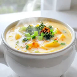To make a great baked potato soup, you need some key ingredients. Here’s what you’ll need: - 4 large russet potatoes, baked and cooled - 1 tablespoon olive oil - 1 medium onion, diced - 3 cloves garlic, minced - 4 cups vegetable broth - 1 cup heavy cream - 1 cup shredded sharp cheddar cheese - 1/2 cup sour cream - 1 teaspoon smoked paprika - Salt and pepper to taste These ingredients create a rich, creamy soup. The russet potatoes add a hearty base. The heavy cream and sour cream make it smooth and rich. Sharp cheddar cheese gives it a nice flavor. You can make your soup even better with garnishes. Here are some tasty options: - 4 green onions, chopped - Crumbled crispy kale or bacon bits These toppings add crunch and flavor. The green onions give a fresh taste. If you love bacon, it adds a salty kick. You can change some ingredients if needed. Here are a few ideas: - Instead of heavy cream, use coconut cream for a dairy-free option. - Use chicken broth instead of vegetable broth for a different flavor. - If you want a lighter soup, reduce the amount of cream. Feel free to mix and match ingredients as you wish. Cooking is all about finding what you love! Start by preheating your oven to 400°F (200°C). Take four large russet potatoes and wash them well. Place the potatoes directly on the oven rack. Bake for about one hour. You want them soft. Once baked, let them cool down for a bit. After they cool, cut each potato in half lengthwise. Use a spoon to scoop out the insides into a bowl. Leave a thin layer of potato in the skin. This adds some nice texture. In a large pot, pour in one tablespoon of olive oil. Heat it over medium heat. Add one diced medium onion. Sauté it until it turns translucent, which should take about five minutes. Next, add three minced garlic cloves. Cook for one to two minutes until the garlic smells good. Now, pour in four cups of vegetable broth. Bring this mix to a simmer. Stir in the scooped potato flesh, one cup of heavy cream, and one cup of shredded sharp cheddar cheese. Add one teaspoon of smoked paprika, along with salt and pepper to taste. Mix it well until the cheese melts and the soup becomes creamy. Once the soup base is ready, grab an immersion blender. Blend the soup until it reaches the consistency you like. You can make it smooth or leave some chunks for texture. Stir in half a cup of sour cream to enhance creaminess. Taste the soup and adjust the seasoning if needed. Serve it hot, garnished with chopped green onions. You can also add crumbled crispy kale or bacon bits for an extra touch. Enjoy your creamy baked potato soup! To get that creamy texture, use heavy cream. It adds richness. Blend the soup well. If you want chunks, blend only half. This mix makes each bite exciting. Seasoning your soup is key. Use smoked paprika for a deep flavor. Don't forget salt and pepper. They bring out the taste of the potatoes. Fresh herbs like chives can add brightness. Avoid using raw potatoes. Cook them first for a smooth base. Don't skip the blending step. This is crucial for creaminess. Lastly, be careful with salt. Taste as you go to prevent over-salting. {{image_2}} You can make baked potato soup even more fun! Add crispy bacon bits for a salty crunch. Top it with extra cheese for a cheesy bite. You might also like adding sour cream on top for creaminess. Chopped chives or green onions add a fresh taste. You can even throw in some broccoli for a veggie boost. For a vegetarian twist, skip the bacon and use vegetable broth. You can replace heavy cream with coconut milk for a vegan option. Use cashew cream for richness and flavor without dairy. Tofu can add protein and creaminess too. Always check labels to ensure all ingredients are vegan. Want to spice things up? Add more smoked paprika for a smoky flavor. You can mix in some cayenne pepper for heat. If you love herbs, try thyme or rosemary for extra depth. A squeeze of lemon juice can brighten the soup. Experiment with these flavors to find your favorite. After you enjoy your baked potato soup, store leftovers in the fridge. Use an airtight container to keep it fresh. The soup stays good for about 3 to 4 days. Before you put it away, let it cool down first. This helps prevent extra steam inside the container. When you want to heat up your soup, pour it into a pot. Use medium heat on the stove. Stir it well to avoid sticking. Heat until warm, but don’t let it boil. You can also use the microwave. Just heat it in short bursts, stirring in between. This way, it warms evenly. You can freeze this soup for later! First, let it cool completely. Then, put it in a freezer-safe container. Leave some space at the top for expansion. It can stay in the freezer for up to 3 months. When you’re ready to eat it, thaw it in the fridge overnight before reheating. Yes, you can make baked potato soup ahead of time. Just follow the recipe, and let it cool. Store it in the fridge for up to three days. When you're ready to eat, reheat it on the stove. Stir it well to keep it creamy. To thicken the soup, you have a few options. You can add more potatoes. Just cook and mash a few more russet potatoes. You can also mix in some cornstarch. Just blend one tablespoon of cornstarch with cold water, then stir it into the soup. Let it cook for a few minutes to thicken. If you need a substitute for heavy cream, try using half-and-half. You can also use coconut milk for a dairy-free option. If you want something lighter, use whole milk and add a bit of butter. This will give you some creaminess without being too heavy. Yes, baked potato soup is gluten-free. Just make sure your vegetable broth is gluten-free. Most store-bought broths are, but it's always good to check the label. This soup is great for those who need to avoid gluten. To make baked potato soup in a slow cooker, first, bake the potatoes. Once they cool, scoop out the insides and add them to the slow cooker. Add the onion, garlic, vegetable broth, and seasonings. Cook on low for 6-8 hours. Stir in the cream and cheese during the last 30 minutes. This will keep your soup creamy and warm. Baked potato soup is a simple and satisfying dish. We covered key ingredients and tasty toppings. You learned how to prep, cook, and blend the soup. I shared tips for a creamy texture and flavor boosts. We also explored variations, including veggie options. Lastly, I explained storage methods for leftovers. Enjoy making this comforting soup at home. Experiment with flavors and share it with friends. Happy cooking!