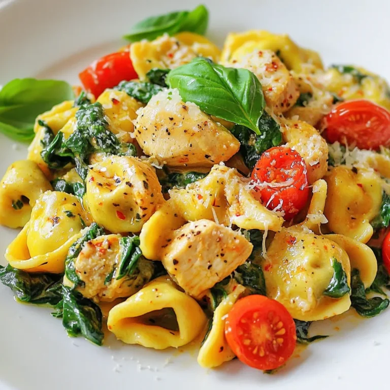 - 2 cups chicken breast, diced - 1 package (9 oz) tortellini (cheese or spinach-filled) - 4 tablespoons unsalted butter - 4 cloves garlic, minced - 1 teaspoon red pepper flakes (adjust to taste) - 1/2 teaspoon paprika - Salt and pepper to taste - 1 cup cherry tomatoes, halved - 2 cups fresh spinach - Fresh basil leaves for garnish - Grated Parmesan cheese, for serving For chicken, you can use thighs instead of breasts. They add more flavor. If you want a lighter dish, swap the butter for olive oil. You can also use low-fat cheese tortellini for fewer calories. Adjust the red pepper flakes based on your spice level. If you like it mild, use less. For a punch of flavor, add more garlic. I always prefer fresh ingredients for the best taste. Fresh chicken gives more juiciness. Fresh spinach wilts nicely and adds a vibrant color. Use fresh garlic for a stronger aroma. However, if you are short on time, pre-packaged tortellini works well. Just check the label for quality. Pre-packaged cherry tomatoes are convenient but fresh ones are sweeter. Choose according to your time and taste! {{ingredient_image_1}} To start, you need to cook the tortellini. Bring a large pot of salted water to a boil. Add the tortellini and cook it according to the package instructions. Usually, this takes about 3-5 minutes. You want the tortellini to be al dente, which means it should be firm but cooked through. Once it's ready, drain the tortellini and set it aside. This step makes sure your dish has a great texture. Next, we move on to the chicken. In a large skillet, melt 2 tablespoons of butter over medium heat. Once the butter is hot, add the diced chicken. Season it with salt, pepper, and paprika. Cook the chicken for about 5-7 minutes. You want it to be browned and cooked all the way through. When done, remove the chicken from the skillet and set it aside. This will add a nice flavor to your dish. Now, let’s make the garlic butter sauce. In the same skillet, add the remaining 2 tablespoons of butter. Allow it to melt. Once melted, add the minced garlic and red pepper flakes. Stir for about 1 minute. Be careful not to let the garlic burn; it can turn bitter quickly. This sauce will give your dish its spicy and buttery flavor. It's time to combine everything. Add the halved cherry tomatoes and fresh spinach to the skillet. Sauté these for about 2-3 minutes, or until the spinach wilts. After that, return the cooked chicken and tortellini to the skillet. Toss everything together until it’s well coated with the garlic butter sauce. Let it cook for another 2 minutes to heat through. This step brings all the flavors together. Now, it’s time to serve your delicious dish. Plate the tortellini and chicken mixture. Garnish with fresh basil leaves and a sprinkle of grated Parmesan cheese. This adds a nice touch and makes it look great! Enjoy your Spicy Garlic Butter Chicken Tortellini with a side salad or garlic bread for a complete meal. To cook the chicken just right, use fresh chicken breast. Dice it into small pieces for even cooking. Season it with salt, pepper, and paprika. This adds flavor! Cook the chicken in a hot skillet with butter. You want it golden brown, about 5-7 minutes. If you need to, cut a piece open to check it's done. It should no longer be pink inside. Love heat? You can add more red pepper flakes! Start with one teaspoon and taste. If it’s not spicy enough, add a bit more. For less heat, reduce the flakes to half a teaspoon. You could also skip them entirely if you prefer a milder dish. Always taste as you go to find your perfect spice level. When cooking tortellini, use a large pot of salted boiling water. It helps the pasta cook evenly. Follow the package instructions for timing. Usually, it takes around 3-5 minutes to be al dente. After cooking, drain the tortellini right away. Don’t rinse it, as you want to keep the starch. This helps the sauce cling better to the pasta. Pro Tips Use Fresh Ingredients: Fresh garlic and spinach can significantly enhance the flavor of your dish. Always opt for fresh produce when possible. Adjust the Spice Level: If you prefer a milder dish, reduce the amount of red pepper flakes. Conversely, for more heat, feel free to add extra. Don’t Overcook the Tortellini: To maintain the perfect texture, ensure that your tortellini is cooked al dente before mixing it with the sauce. Garnish for Flavor: Fresh basil and grated Parmesan cheese not only enhance the presentation but also add a burst of flavor to the final dish. {{image_2}} You can easily make this dish vegetarian. Swap the chicken for mushrooms or tofu. Both options add great texture. Use the same spices to keep the flavor strong. For a hearty twist, add more spinach and some bell peppers. They will bring in a nice crunch. To make this dish dairy-free, use plant-based butter and skip the cheese. Coconut cream is a great option for a creamy sauce. This keeps the dish rich and tasty without dairy. You can still add garlic and spices for flavor. Adding more veggies makes this dish colorful and healthy. Consider zucchini, broccoli, or asparagus. These veggies cook quickly and blend well with the sauce. Just toss them in with the cherry tomatoes and spinach. You can easily customize your plate with your favorite vegetables. After you enjoy your spicy garlic butter chicken tortellini, store any leftovers in an airtight container. Keep them in the fridge. They stay fresh for up to three days. Make sure to let the dish cool before sealing it. This helps keep the flavor and texture nice. To reheat, you can use the microwave or the stove. If using the microwave, place the tortellini in a bowl, cover it, and heat for about two minutes. Stir halfway through. For the stove, warm it in a skillet over low heat. Add a splash of water or broth to keep it moist. Stir until heated evenly. If you want to save some tortellini for later, freezing is a great option. Place the cooled dish in a freezer-safe container. It can last for up to three months in the freezer. When you're ready to eat, thaw it overnight in the fridge. Reheat it as mentioned above for the best results. Yes, you can use frozen tortellini. Just cook it according to the package instructions. Frozen tortellini is quick and easy. It saves time, and you get great flavor. The cooking time may be a bit longer than fresh. Make sure to taste it to check for doneness. You can prep this dish ahead for easy meals. Cook the tortellini and chicken earlier in the day. Store them separately in the fridge. You can also make the garlic butter sauce in advance. When ready to eat, just heat everything together. This keeps the flavors fresh and delicious. If you want a different protein, try using shrimp or turkey. You can also use tofu for a vegetarian option. Just make sure to adjust the cooking time. Each protein cooks differently. Shrimp cooks fast, while turkey may take longer. Each choice adds unique flavor to the dish. This blog post covered key ingredients and step-by-step cooking methods for a tasty dish. We explored ingredient lists, cooking tips, and variations like vegetarian options. Storing and reheating leftovers are also key to enjoying your meal later. In summary, experimenting with this recipe will boost your cooking skills. Don't hesitate to try new flavors and make it your own. Culinary creativity can lead to tasty surprises!