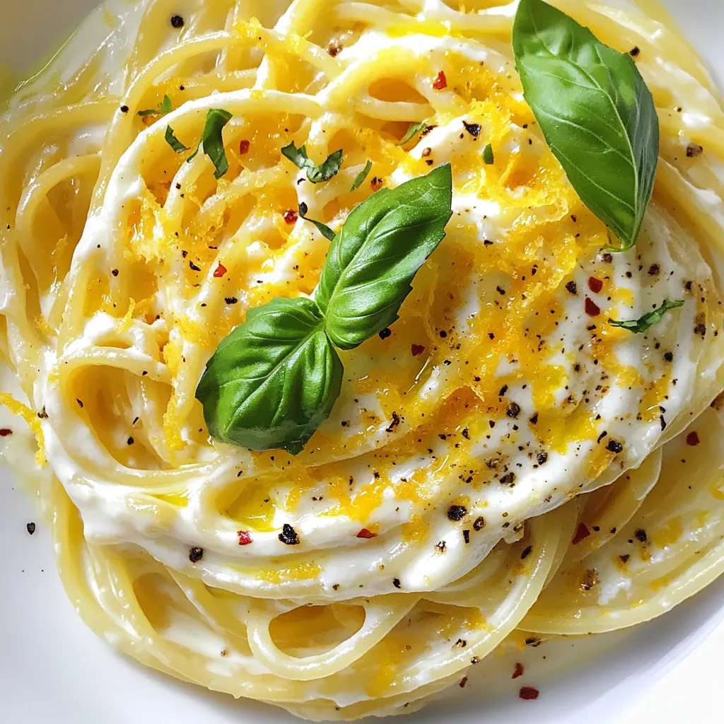 To make lemon ricotta pasta, you need these simple ingredients: - 12 oz pasta of choice (spaghetti or fettuccine recommended) - 1 cup ricotta cheese - Zest of 1 large lemon - 1/2 cup fresh lemon juice (about 2 lemons) - 2 tablespoons olive oil - 2 cloves garlic, minced - Salt and pepper to taste - 1/2 cup grated Parmesan cheese (plus more for serving) - 1/4 cup fresh basil leaves, chopped - Optional: red pepper flakes for heat You can swap some ingredients if needed: - Use goat cheese instead of ricotta for a tangy flavor. - Replace lemon juice with lime juice for a different twist. - If you don't have fresh basil, try parsley or arugula. - Use whole wheat or gluten-free pasta if you prefer a healthier option. Add these garnishes to enhance your dish: - More grated Parmesan cheese on top for extra creaminess. - Freshly cracked black pepper for a bit of spice. - A sprinkle of red pepper flakes for heat. - Extra lemon zest for a brighter flavor. These ingredients and options help you create a fresh and creamy lemon ricotta pasta that tastes amazing! {{ingredient_image_1}} To start, fill a large pot with water and add salt. Bring the water to a boil on high heat. Once boiling, add 12 oz of your favorite pasta, like spaghetti or fettuccine. Cook the pasta according to the package instructions until it's al dente. This usually takes about 8 to 10 minutes. When it’s done, reserve 1 cup of the pasta water for later. Drain the rest of the water and set the pasta aside. While the pasta cooks, you can prepare the sauce. In a large skillet, heat 2 tablespoons of olive oil over medium heat. When the oil is hot, add 2 minced garlic cloves. Sauté the garlic for about 1 minute. You want it to smell good but not turn brown. Next, lower the heat and stir in 1 cup of ricotta cheese. Add the zest from 1 large lemon and the juice from 2 fresh lemons. Mix everything until it becomes a creamy blend. Now it's time to mix the pasta and sauce. Add the drained pasta to the skillet with the sauce. Toss everything together gently. If the sauce seems too thick, slowly add some of the reserved pasta water. This will help you reach your desired creaminess. Then, stir in 1/2 cup of grated Parmesan cheese. Season with salt and pepper to taste. If you like a bit of heat, sprinkle in some red pepper flakes. Toss again until the pasta is well coated. Finally, fold in 1/4 cup of chopped fresh basil leaves before serving. Enjoy! To make a creamy sauce for your Lemon Ricotta Pasta, start with ricotta cheese. Use fresh ricotta for the best taste. Mix in lemon zest and fresh lemon juice. This adds a bright flavor. When you cook the garlic, let it get fragrant. Avoid browning it. Stir everything together over low heat. This helps keep it smooth and creamy. If it seems thick, add a bit of the pasta water. This will help it blend better. Cooking pasta al dente means it is firm to the bite. This is key for a perfect dish. Use a large pot with plenty of water. Add salt to the water; it enhances the taste. Follow the package instructions for cooking time. Taste it a minute before the time is up. You want to catch it at that perfect moment. Once done, reserve a cup of pasta water before draining. This water is your secret weapon for the sauce. Fresh ingredients make a big difference in flavor. Use fresh basil leaves for a pop of color and taste. The aroma alone will lift your dish. You can also add red pepper flakes if you like a bit of heat. Fresh lemon juice is key; it brightens the dish. Always use fresh lemons instead of bottled juice. The zest adds a zing that you won’t forget. Combining these fresh flavors creates a dish that feels alive and delicious. Pro Tips Use Fresh Lemons: Freshly squeezed lemon juice enhances the flavor significantly compared to bottled juice. Reserve Pasta Water: Always save some pasta water to adjust the sauce consistency. It adds starchiness, which helps the sauce cling to the pasta. Experiment with Herbs: While basil is fantastic, try adding other herbs like parsley or mint for a unique flavor twist. Adjust the Creaminess: If you prefer a creamier sauce, increase the amount of ricotta cheese or mix in a splash of heavy cream. {{image_2}} You can easily add proteins to your Lemon Ricotta Pasta. Chicken, shrimp, or salmon works great. For chicken, grill or bake it first. Slice it thin and toss it with the pasta. For shrimp, sauté them in olive oil until pink. Toss them in right before serving. If you use salmon, bake it lightly and flake it into the dish. Each protein adds its own flavor and keeps the dish filling. If you prefer vegetarian options, consider adding veggies. Spinach, zucchini, or roasted cherry tomatoes are great choices. Sauté spinach in olive oil until it wilts, then mix it into the pasta. For zucchini, spiralize it or cut it into thin slices. Add it to the skillet when you cook the garlic. Roasted cherry tomatoes add sweetness. Just roast them in the oven and fold them in at the end. For gluten-free alternatives, use gluten-free pasta. Many brands now offer great options that taste good. You can also try zucchini noodles or spaghetti squash. They both add a nice texture. Cook the noodles slightly less for a firmer bite. This way, you keep the dish fresh and light, perfect for any diet. You can store Lemon Ricotta Pasta in an airtight container. Make sure it cools down first. Place it in the fridge. It will last for about three days. If you want to keep it longer, consider freezing it. To reheat your pasta, use a skillet over medium heat. Add a splash of water or olive oil to keep it moist. Stir often. You can also microwave it. Use a microwave-safe dish and cover it with a lid or wrap. Heat in short bursts, stirring in between. If you want to freeze Lemon Ricotta Pasta, do so right after cooking. Let it cool completely, then transfer it to a freezer-safe container. It will stay fresh for up to three months. To eat, thaw it in the fridge overnight. Then reheat as mentioned above. This way, you can enjoy this creamy dish anytime! Yes, you can use other types of pasta. Spaghetti and fettuccine work well. You can also try penne, farfalle, or even whole wheat pasta. Each type gives a unique twist. Choose based on what you have at home or your taste. To make it ahead, cook the pasta and sauce separately. Store them in airtight containers. Keep the pasta and sauce in the fridge for up to two days. When ready to eat, combine them in a pan. Heat gently and add reserved pasta water if needed. Lemon Ricotta Pasta pairs well with many sides. You can serve a crisp green salad for freshness. Garlic bread is a great option for a warm touch. Grilled vegetables add a nice texture. For protein, consider grilled chicken or shrimp. These options enhance the meal and satisfy your guests. This blog post covered how to make Lemon Ricotta Pasta from start to finish. We looked at ingredients, substitutions, cooking tips, and fun variations. You learned how to store leftovers and serve the dish with great sides. In summary, this dish is simple, tasty, and can fit many diets. You can mix it up by adding proteins or making it vegetarian. Enjoy your cooking and let the fresh flavors shine through!