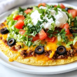 To make a tasty Copycat Mexican Pizza, you'll need these main ingredients: - 1 large flour tortilla - 1 cup refried beans - 1 cup seasoned ground beef (cooked with taco seasoning) - 1/2 cup salsa - 1 cup shredded cheddar cheese - 1 cup shredded lettuce - 1/2 cup chopped tomatoes - 1/4 cup sliced black olives - 1/4 cup sour cream - 1 tablespoon chopped fresh cilantro (for garnish) These ingredients create the perfect balance of flavors and textures. The tortilla serves as a crunchy base, while the seasoned beef gives it a meaty kick. The refried beans add creaminess, and the cheese melts beautifully. You can customize your pizza with these fun add-ins and toppings: - Jalapeños for a spicy kick - Avocado or guacamole for creaminess - Corn for sweetness - Green onions for freshness These extras can make your pizza even more delicious. Feel free to mix and match based on your taste. If you don’t have some ingredients, don’t worry! Here are some easy swaps: - Use corn tortillas instead of flour tortillas for a gluten-free option. - Swap ground beef for ground turkey or chicken for a leaner choice. - Use black beans instead of refried beans for a different flavor. - Try a dairy-free cheese if you want a plant-based option. These substitutions help you make the dish your own while keeping it delicious. Enjoy getting creative with your Copycat Mexican Pizza! {{ingredient_image_1}} First, heat your oven to 425°F (220°C). A hot oven helps the pizza cook evenly. While the oven warms up, grab a large flour tortilla. Place this tortilla on a baking sheet or pizza stone. This will be your pizza base. Now, it’s time for the fun part—layering! Start by spreading 1 cup of refried beans over the tortilla. Use a spatula to make it smooth. Next, add 1 cup of seasoned ground beef on top. This beef should be cooked with taco seasoning for great flavor. After the beef, spoon 1/2 cup of salsa over everything. Make sure it covers the beef well. Then, sprinkle 1 cup of shredded cheddar cheese on top of the salsa. This cheese will melt and create a tasty layer. Place your layered pizza in the preheated oven. Bake it for 10-12 minutes. You want the cheese to melt and bubble. The edges of the tortilla should turn golden brown. When it’s ready, carefully take it out of the oven. Let it cool for a couple of minutes. Then, top it with 1 cup of shredded lettuce, 1/2 cup of chopped tomatoes, and 1/4 cup of sliced black olives. Drizzle or dollop 1/4 cup of sour cream on top. Finish with a sprinkle of 1 tablespoon of chopped fresh cilantro. Now, your copycat Mexican pizza is ready to enjoy! To get a crispy tortilla, start by preheating your oven to 425°F. Use a large flour tortilla, as it holds toppings well. Place the tortilla directly on a baking sheet or a pizza stone. This helps it cook evenly. Spread a thin layer of refried beans first. This layer keeps the tortilla from getting soggy. Bake it for about 10-12 minutes. Watch for the edges to turn golden brown. The cheese should melt and bubble. This will give you a great crunch! You can prepare this pizza in advance. Assemble the pizza but don’t bake it yet. Wrap it tightly in plastic wrap. Then, place it in the freezer. This way, you can enjoy it later! When you want to bake it, just remove the plastic wrap. Preheat your oven and bake it straight from the freezer. It may take a few extra minutes to cook. This method is great for busy days! For the best experience, serve the pizza hot from the oven. Cut it into wedges for easy sharing. Add fresh toppings right before serving. I love using shredded lettuce and chopped tomatoes. They add color and crunch. Don’t forget the black olives and sour cream! You can also sprinkle fresh cilantro on top. Serve it on a fun plate or a wooden board. This makes the dish look festive and more inviting. Enjoy your delicious creation with friends or family! Pro Tips Use Fresh Ingredients: Fresh toppings like tomatoes and lettuce enhance the flavor and texture of your pizza, making it more enjoyable. Customize Your Spice Level: Adjust the salsa or add jalapeños to suit your taste. This allows you to control the heat of your Mexican pizza. Experiment with Cheese: While cheddar is classic, mixing in Monterey Jack or pepper jack can add a delicious twist to your pizza. Perfectly Toasted Tortilla: For an extra crispy base, pre-bake the tortilla for 3-5 minutes before adding toppings. This helps prevent sogginess. {{image_2}} You can easily make a tasty vegetarian version of this dish. Start by using the same large flour tortilla as before. Instead of ground beef, use black beans or a mix of sautéed bell peppers and onions. Spread refried beans on the tortilla, then add your veggie mix. Top with salsa and cheese, just like the original. Bake until the cheese melts. Finally, add fresh lettuce and tomatoes. This version is colorful and packed with flavor. If you love heat, try this spicy twist. Begin with the same large flour tortilla. Use seasoned ground beef as before, but add some diced jalapeños or crushed red pepper to the beef while cooking. You can also choose a spicy salsa to spread over the beef layer. The cheese can be pepper jack for extra kick. After baking, top with fresh cilantro and a drizzle of hot sauce. This pizza will have your taste buds dancing! For a gluten-free version, swap the flour tortilla for a gluten-free tortilla. Many brands offer great options that taste amazing. Follow the same steps as in the original recipe. Make sure to check all other ingredients for gluten. Use gluten-free salsa and refried beans if needed. Once baked, top with your favorite fresh veggies. You won’t miss the gluten at all! Enjoy this safe and delicious pizza. To store your leftover Mexican pizza, let it cool first. Once cool, place it in an airtight container. You can also wrap it in plastic wrap or aluminum foil. This keeps the pizza fresh and prevents it from drying out. Make sure to store it in the fridge for the best results. When you’re ready to eat your leftover pizza, reheating it right helps keep it tasty. Preheat your oven to 350°F (175°C). Place the pizza on a baking sheet. Heat it for about 10 minutes. This warms the pizza evenly and keeps the crust crispy. If you want it quicker, you can use the microwave. Just place a slice on a plate and cover it with a damp paper towel. Heat it in 30-second bursts until warm. Your leftover Mexican pizza will stay fresh in the fridge for about 3 days. After this, it may lose flavor and texture. Always check for any signs of spoilage before eating. If you want to keep it longer, consider freezing it instead. Yes, you can use corn tortillas or whole wheat tortillas. Corn tortillas give a nice crunch. Whole wheat tortillas add a healthy touch. Just remember, choose a size that fits your baking sheet. You can use ground turkey, chicken, or even beans for a meat-free option. For a vegan twist, use lentils or tempeh. These alternatives still give great flavor. Just make sure to season them well, like you would with beef. To add heat, use spicy salsa or add jalapeños. You can also sprinkle red pepper flakes on top. For more kick, mix hot sauce into the refried beans. Adjust the spice to your liking for the perfect bite! In this blog post, we explored how to make a delicious copycat Mexican pizza. We discussed the main ingredients, optional add-ins, and ingredient substitutions. I shared step-by-step instructions for perfecting your pizza, plus tips for crispiness and serving. You learned about fun variations too, like vegetarian and spicy options. Lastly, I included storage info for your leftovers. Dive into this tasty dish, and enjoy making it your way. You’ll impress friends and family with your new skills.