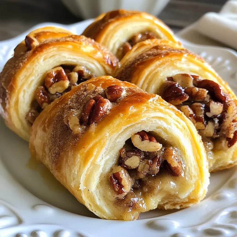To make Crescent Rolls with Pecan Filling, you will need: - 2 cans of refrigerated crescent roll dough - 1 cup pecans, finely chopped - ½ cup brown sugar - ¼ cup granulated sugar - 1 teaspoon cinnamon - 4 tablespoons unsalted butter, melted - 1 teaspoon vanilla extract - Pinch of salt You can change some ingredients if you wish. Try walnuts instead of pecans. Use maple syrup instead of brown sugar for a different taste. If you want a unique twist, add chocolate chips to the filling. Choose fresh pecans for the best flavor. Look for nuts that are crunchy and not soft. Use unsalted butter for more control over the salt in your dish. Fresh spices, like cinnamon, will really brighten the taste. Always check expiration dates on your ingredients to ensure freshness. {{ingredient_image_1}} Start by preheating your oven to 375°F (190°C). This step is key for crisp rolls. While the oven heats, line a baking sheet with parchment paper. This helps prevent sticking. Next, gather your mixing bowl. Add the finely chopped pecans, brown sugar, granulated sugar, and cinnamon. Pour in the melted butter and vanilla extract. Sprinkle in a pinch of salt. Mix these together well. You want a thick and sticky filling that holds together nicely. Now, take your crescent roll dough. Unroll it on a clean, flat surface. Carefully separate the triangles as shown on the package. This part is fun! At the wide end of each triangle, place a spoonful of your pecan mixture. Be sure not to overfill. This makes rolling hard and messy. After filling, roll each triangle from the wide end toward the point. Pinch the edges to keep the filling inside. Place each rolled crescent on your prepared baking sheet. Space them out well. This gives them room to puff while baking. Bake them for 12-15 minutes. Watch closely until they turn golden brown. Once done, let them cool on the baking sheet for a few minutes. Then, transfer them to a wire rack. Enjoy your warm, tasty treats! When you fill your crescent rolls, use a small spoon. Take just one spoonful of the pecan mix. If you use too much, the filling will leak out. This can make a mess and ruin the shape. Aim for a little filling at the wide end. Pinch the edges tightly after rolling. This helps seal in the goodness. To get the best bake, space out the rolls on the sheet. Leave about two inches between each roll. This gives them room to puff up. Always check your oven temperature. Use an oven thermometer for accuracy. Baking at 375°F (190°C) is key for golden rolls. Rotate the baking sheet halfway through to ensure even heat. Serve these rolls warm for the best taste. They pair well with coffee or tea. For extra flair, dust with powdered sugar on top. You can also drizzle chocolate sauce for a sweet treat. If you have leftovers, warm them up in the oven for a few minutes. Enjoy them as a snack or dessert! Pro Tips Use Fresh Ingredients: Always opt for fresh pecans and high-quality butter to enhance the flavor of your crescent rolls. Don’t Overfill: Be cautious with the filling; too much can cause the rolls to burst during baking. A small spoonful is usually sufficient. Cool Properly: Let the rolls cool on a wire rack to avoid moisture buildup, which can make them soggy. Experiment with Spices: Feel free to add other spices like nutmeg or ginger to the filling for a unique twist on the flavor. {{image_2}} Crescent rolls are great for many fillings. You can try chocolate chips for a sweet treat. Cream cheese mixed with fruit works well too. For a fun twist, use marshmallow fluff. If you love savory, try ham and cheese. Spinach and feta make a yummy option as well. You can choose sweet or savory for your crescent rolls. Sweet fillings like cinnamon sugar and fruit jams are delicious. They make great breakfast items or desserts. Savory fillings, like cheese and meats, work well as snacks or appetizers. The choice is yours based on your mood or meal. Pecans are tasty, but other nuts can work too. Walnuts give a rich flavor and nice crunch. Almonds add a sweet touch that many enjoy. Try hazelnuts for something unique and fancy. Each nut changes the taste, so experiment to find what you love best. To store leftover crescent rolls, let them cool first. Place them in an airtight container. You can also wrap them in plastic wrap. This keeps them fresh. Store the container in the fridge. They will last for about three days. If you want to freeze your rolls, wrap each one in plastic wrap. Then, place them in a freezer bag. Remove as much air as possible. This helps prevent freezer burn. You can freeze them for up to three months. When ready to eat, thaw them in the fridge overnight. To reheat your crescent rolls, preheat your oven to 350°F (175°C). Place the rolls on a baking sheet. Heat them for about 10 minutes. This warms them up and keeps them crispy. You can also microwave them for about 15-20 seconds, but they may become soft. Enjoy your tasty treat warm! Yes, you can use homemade dough for crescent rolls. Making your own dough gives you control over the flavors. Just be sure to roll it out thin. This helps create those lovely layers that make crescent rolls so flaky. You can prepare crescent rolls in advance. Just fill and roll them, then place them on a baking sheet. Cover the sheet with plastic wrap and chill in the fridge for up to 24 hours. When ready, bake them straight from the fridge. This saves time and keeps them fresh. If you don’t have pecans, try walnuts or almonds. Both nuts work well in the filling. You can also use hazelnuts for a different taste. Make sure to chop any nuts finely for even mixing. Absolutely! You can add more spices to the filling if you like. Nutmeg, ginger, or cloves can add warmth and depth. Start with a little and taste as you mix. Baked crescent rolls last about three days at room temperature. Keep them in an airtight container to stay fresh. If you want them to last longer, freeze them right after baking. They can last up to three months in the freezer. In this blog post, we explored the key steps to making tasty crescent rolls. We covered the essential ingredients, step-by-step instructions, and helpful tips. You learned about fun variations and how to store leftovers properly. Remember, baking takes practice, so don't rush it. Enjoy experimenting with different fillings and flavors. With these tips, you can create delicious crescent rolls for any occasion. Happy baking!