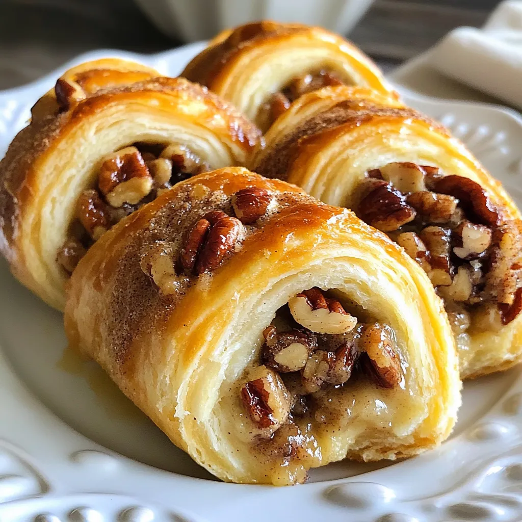 To make Crescent Rolls with Pecan Filling, you will need: - 2 cans of refrigerated crescent roll dough - 1 cup pecans, finely chopped - ½ cup brown sugar - ¼ cup granulated sugar - 1 teaspoon cinnamon - 4 tablespoons unsalted butter, melted - 1 teaspoon vanilla extract - Pinch of salt You can change some ingredients if you wish. Try walnuts instead of pecans. Use maple syrup instead of brown sugar for a different taste. If you want a unique twist, add chocolate chips to the filling. Choose fresh pecans for the best flavor. Look for nuts that are crunchy and not soft. Use unsalted butter for more control over the salt in your dish. Fresh spices, like cinnamon, will really brighten the taste. Always check expiration dates on your ingredients to ensure freshness. {{ingredient_image_1}} Start by preheating your oven to 375°F (190°C). This step is key for crisp rolls. While the oven heats, line a baking sheet with parchment paper. This helps prevent sticking. Next, gather your mixing bowl. Add the finely chopped pecans, brown sugar, granulated sugar, and cinnamon. Pour in the melted butter and vanilla extract. Sprinkle in a pinch of salt. Mix these together well. You want a thick and sticky filling that holds together nicely. Now, take your crescent roll dough. Unroll it on a clean, flat surface. Carefully separate the triangles as shown on the package. This part is fun! At the wide end of each triangle, place a spoonful of your pecan mixture. Be sure not to overfill. This makes rolling hard and messy. After filling, roll each triangle from the wide end toward the point. Pinch the edges to keep the filling inside. Place each rolled crescent on your prepared baking sheet. Space them out well. This gives them room to puff while baking. Bake them for 12-15 minutes. Watch closely until they turn golden brown. Once done, let them cool on the baking sheet for a few minutes. Then, transfer them to a wire rack. Enjoy your warm, tasty treats! When you fill your crescent rolls, use a small spoon. Take just one spoonful of the pecan mix. If you use too much, the filling will leak out. This can make a mess and ruin the shape. Aim for a little filling at the wide end. Pinch the edges tightly after rolling. This helps seal in the goodness. To get the best bake, space out the rolls on the sheet. Leave about two inches between each roll. This gives them room to puff up. Always check your oven temperature. Use an oven thermometer for accuracy. Baking at 375°F (190°C) is key for golden rolls. Rotate the baking sheet halfway through to ensure even heat. Serve these rolls warm for the best taste. They pair well with coffee or tea. For extra flair, dust with powdered sugar on top. You can also drizzle chocolate sauce for a sweet treat. If you have leftovers, warm them up in the oven for a few minutes. Enjoy them as a snack or dessert! Pro Tips Use Fresh Ingredients: Always opt for fresh pecans and high-quality butter to enhance the flavor of your crescent rolls. Don’t Overfill: Be cautious with the filling; too much can cause the rolls to burst during baking. A small spoonful is usually sufficient. Cool Properly: Let the rolls cool on a wire rack to avoid moisture buildup, which can make them soggy. Experiment with Spices: Feel free to add other spices like nutmeg or ginger to the filling for a unique twist on the flavor. {{image_2}} Crescent rolls are great for many fillings. You can try chocolate chips for a sweet treat. Cream cheese mixed with fruit works well too. For a fun twist, use marshmallow fluff. If you love savory, try ham and cheese. Spinach and feta make a yummy option as well. You can choose sweet or savory for your crescent rolls. Sweet fillings like cinnamon sugar and fruit jams are delicious. They make great breakfast items or desserts. Savory fillings, like cheese and meats, work well as snacks or appetizers. The choice is yours based on your mood or meal. Pecans are tasty, but other nuts can work too. Walnuts give a rich flavor and nice crunch. Almonds add a sweet touch that many enjoy. Try hazelnuts for something unique and fancy. Each nut changes the taste, so experiment to find what you love best. To store leftover crescent rolls, let them cool first. Place them in an airtight container. You can also wrap them in plastic wrap. This keeps them fresh. Store the container in the fridge. They will last for about three days. If you want to freeze your rolls, wrap each one in plastic wrap. Then, place them in a freezer bag. Remove as much air as possible. This helps prevent freezer burn. You can freeze them for up to three months. When ready to eat, thaw them in the fridge overnight. To reheat your crescent rolls, preheat your oven to 350°F (175°C). Place the rolls on a baking sheet. Heat them for about 10 minutes. This warms them up and keeps them crispy. You can also microwave them for about 15-20 seconds, but they may become soft. Enjoy your tasty treat warm! Yes, you can use homemade dough for crescent rolls. Making your own dough gives you control over the flavors. Just be sure to roll it out thin. This helps create those lovely layers that make crescent rolls so flaky. You can prepare crescent rolls in advance. Just fill and roll them, then place them on a baking sheet. Cover the sheet with plastic wrap and chill in the fridge for up to 24 hours. When ready, bake them straight from the fridge. This saves time and keeps them fresh. If you don’t have pecans, try walnuts or almonds. Both nuts work well in the filling. You can also use hazelnuts for a different taste. Make sure to chop any nuts finely for even mixing. Absolutely! You can add more spices to the filling if you like. Nutmeg, ginger, or cloves can add warmth and depth. Start with a little and taste as you mix. Baked crescent rolls last about three days at room temperature. Keep them in an airtight container to stay fresh. If you want them to last longer, freeze them right after baking. They can last up to three months in the freezer. In this blog post, we explored the key steps to making tasty crescent rolls. We covered the essential ingredients, step-by-step instructions, and helpful tips. You learned about fun variations and how to store leftovers properly. Remember, baking takes practice, so don't rush it. Enjoy experimenting with different fillings and flavors. With these tips, you can create delicious crescent rolls for any occasion. Happy baking!