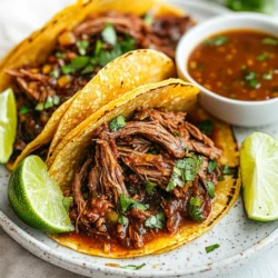 - 2 lbs beef chuck roast, cut into chunks - 3 dried guajillo chilies, stemmed and seeds removed - 3 dried ancho chilies, stemmed and seeds removed - 1 medium onion, chopped - 4 cloves garlic, minced - 1 teaspoon ground cumin - 1 teaspoon dried oregano - 1 teaspoon ground cinnamon - 4 cups beef broth - 2 tablespoons apple cider vinegar - Salt and pepper to taste - Corn tortillas The heart of Birria Tacos comes from the beef chuck roast. This cut is rich and tender when cooked low and slow. I love using dried guajillo and ancho chilies for their deep flavors. They add warmth and a hint of sweetness to the dish. Next, fresh herbs and veggies, like onion and garlic, bring in brightness. I always chop my onion finely and mince the garlic for the best flavor. Spices and seasonings, like cumin and oregano, create a tasty blend. Ground cinnamon adds a warm touch that surprises many! - Fresh cilantro, chopped (for garnish) - Lime wedges (for serving) - Optional toppings Once your tacos are ready, it's time to garnish! Fresh cilantro adds a pop of color and flavor. Lime wedges brighten the dish, giving each bite a fresh taste. You can also add optional toppings, like diced onions or avocado, for more fun! Enjoy making these tacos your own! {{ingredient_image_1}} Start by toasting the chilies. In a dry skillet, heat it on medium. Add the dried guajillo and ancho chilies. Toast them for about 2 to 3 minutes. You want them fragrant but not burnt. Once toasted, move them to a bowl. Cover the chilies with hot water. Let them soak for 15 minutes. This softens the chilies, making them easier to blend. After soaking, drain the chilies and set them aside. Next, make the chili sauce. In a blender, add the softened chilies, chopped onion, and minced garlic. Pour in the ground cumin, oregano, and cinnamon. Then add the beef broth and apple cider vinegar. Blend everything until smooth. This sauce will bring rich flavor to your dish. Now, let’s cook the beef. Season the beef chuck roast with salt and pepper. In a large Dutch oven, heat some oil over medium-high heat. Brown the beef chunks on all sides. This should take about 5 to 7 minutes. Once browned, pour the chili sauce over the beef. Stir everything to mix. Reduce the heat to low and cover the pot. Let it simmer for 3 hours. This makes the meat tender and easy to shred. After the beef is cooked, remove it from the pot. Use two forks to shred the beef. Return the shredded beef to the pot and stir it into the sauce. Now, heat the corn tortillas on a griddle. Warm them for about 30 seconds on each side. This makes them pliable. To assemble the tacos, place a generous amount of shredded beef on each tortilla. Top with chopped cilantro and a squeeze of lime juice. Serve the tacos with a side of the rich broth for dipping. Enjoy every flavorful bite! To make the beef tender, cook it low and slow. I recommend a temperature of about 200°F. Let it simmer for at least three hours. This slow cooking allows the meat to break down and become juicy. Make sure to check it often. The beef should shred easily when it’s done. A great chili sauce is key to tasty Birria tacos. Start by toasting your dried chilies first. This step brings out their flavor. Balance the heat by adding some cumin and cinnamon. If you want a different taste, try adding smoked paprika. Blend everything until it's smooth. Taste and adjust the seasoning as needed. How you serve the tacos matters! Use a colorful platter to catch the eye. Place lime wedges around the tacos. A small bowl of broth in the center adds a nice touch. Sprinkle fresh cilantro on top for color. You can even add sliced radishes for crunch. These small details make your dish pop and taste even better! Pro Tips Chili Soaking Tip: Soak the dried chilies in hot water until softened. This enhances their flavor and ensures a smoother sauce. Meat Browning Tip: Make sure to brown the beef well to develop a rich flavor base for your tacos. Don’t skip this step! Broth Dipping Tip: Serve the tacos with a side of the rich broth for dipping. It adds an authentic touch and enhances the flavor experience. Garnish Tip: Fresh cilantro and a squeeze of lime juice brighten the flavors of your tacos. Don’t forget this fresh garnish for a delicious finish! {{image_2}} You can use different meats for birria. Here are some tasty options: - Lamb: Gives a rich, gamey flavor. - Pork: Use cuts like shoulder or belly for juiciness. - Chicken: Quick to cook and still very tasty. - Turkey: A leaner option that works well. Each meat brings its own unique taste and texture. Experiment to find your favorite! For a plant-based birria, try these substitutes: - Jackfruit: Shredded jackfruit mimics pulled meat. - Mushrooms: Use hearty varieties like portobello or shiitake. - Lentils: Cooked lentils add protein and texture. - Cauliflower: Roasted or steamed cauliflower works great too. You can follow the same sauce recipe. Just replace the meat with your chosen option. Want to spice things up? Here are some ways to adjust the flavor: - Add jalapeños or serranos for heat. - Mix in honey or agave for sweetness. - Use smoked paprika for a smoky twist. - Try adding a splash of citrus juice for brightness. Feel free to play around! Each twist makes the dish unique. To keep your birria tacos fresh, place leftovers in an airtight container. The fridge is the best spot. Use them within three days for the best taste. Make sure the meat and broth are in separate containers. This helps keep the tortillas from getting soggy. You can freeze birria for later. First, let the meat cool completely. Then, pack it in freezer bags. Remove as much air as you can to prevent freezer burn. You can freeze the broth too. When you’re ready to eat, thaw overnight in the fridge. Reheat the beef on the stove with a bit of broth, and warm the tortillas on a griddle. Birria can last in the fridge for about three days. If you freeze it, it stays good for up to three months. For the best flavor, eat it within a month. Always check for any signs of spoilage before serving. This will ensure you enjoy the full taste of your birria tacos. Birria tacos are a tasty Mexican dish. They come from the state of Jalisco. This dish features slow-cooked beef. The meat is soaked in a spicy chili broth. It is often served in corn tortillas. People enjoy it with fresh cilantro and lime. The flavors are rich and satisfying. Birria has become popular in many places. You can serve birria tacos in many ways. Here are some great sides to try: - Rice: A side of seasoned rice works well. - Beans: Refried or black beans add a nice touch. - Salsa: Fresh salsa can add extra flavor. - Pickled onions: These add a nice crunch. - Guacamole: Creamy guacamole is always a favorite. Serve the tacos with a small bowl of broth. This makes dipping fun and tasty! Yes, you can prepare birria tacos ahead of time. Here are some tips for meal prep: - Cook the meat: You can cook the beef a day early. Just let it cool and store it in the fridge. - Make the broth: Prepare the chili sauce and broth in advance. It will save time on serving day. - Assemble fresh: Heat the tortillas and fill them just before serving. This keeps them warm and soft. With these tips, you can enjoy birria tacos anytime! In this post, we explored how to make tasty Birria Tacos. We discussed key ingredients like beef and chilies. Then, we covered the step-by-step cooking process, from preparing chilies to serving tacos. Next, we shared tips for tender meat and the perfect chili sauce. We also touched on meat alternatives and storage ideas. Birria Tacos can bring flavor and warmth to any meal. Try it out and enjoy!