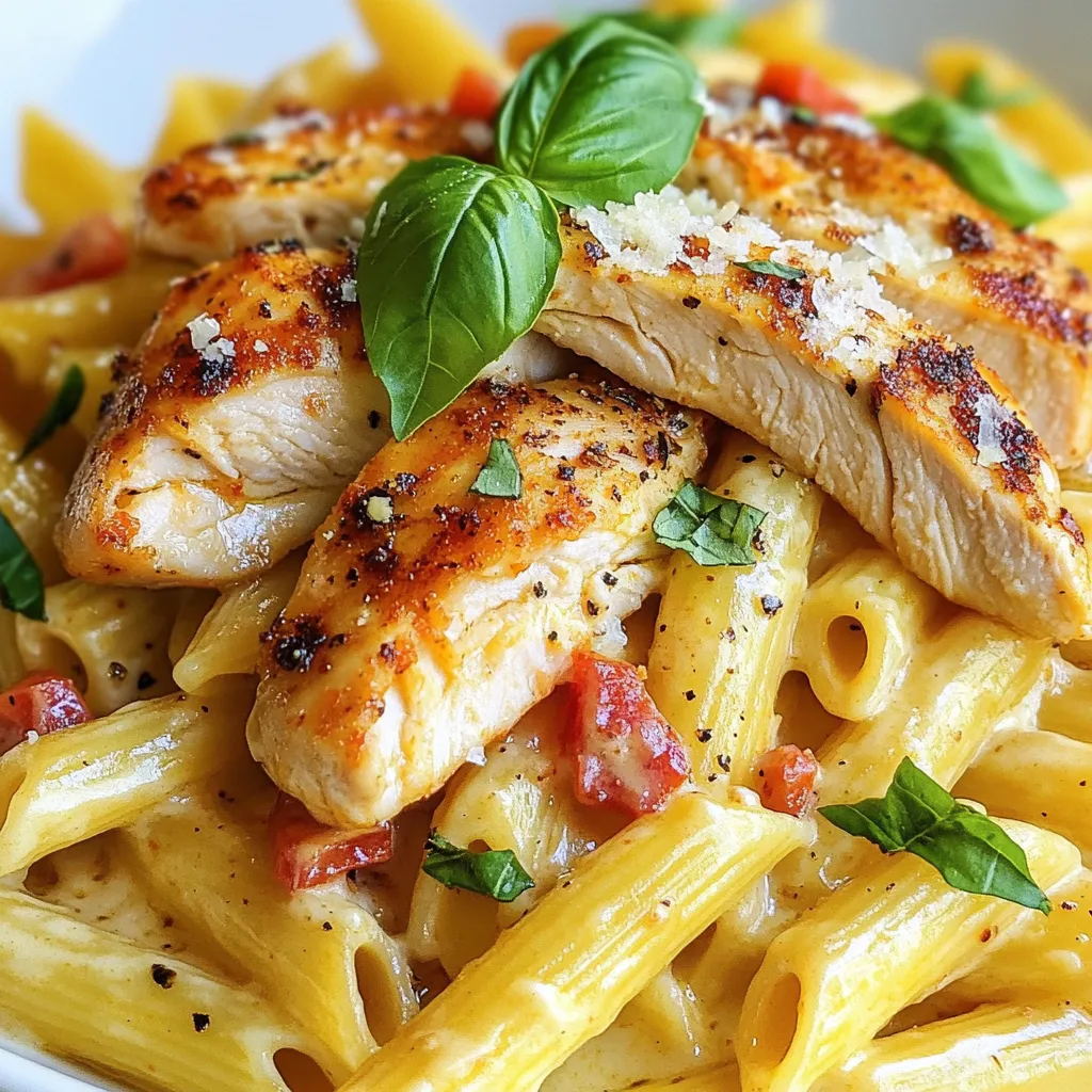 - 2 chicken breasts, boneless and skinless - 3 large roasted red peppers (jarred or homemade) - 1 cup heavy cream - 2 cloves garlic, minced - 1 teaspoon smoked paprika - 1 teaspoon Italian seasoning - Salt and pepper to taste - 8 ounces pasta (penne or fettuccine) - 2 tablespoons olive oil - Fresh basil leaves for garnish - Grated Parmesan cheese for serving You will need two chicken breasts. If you want, you can use thighs instead. Roasted red peppers are key here. You can use jarred ones for ease. If you prefer, you can roast fresh ones, too. For creaminess, heavy cream works best. You can swap it with half-and-half for a lighter option. Garlic adds flavor; fresh is best, but jarred is fine in a pinch. Smoked paprika gives depth. If you're out, regular paprika will work. Italian seasoning adds herbs; feel free to mix your own if you like. Fresh basil leaves add a nice touch. They brighten the dish with color and flavor. Grated Parmesan cheese is perfect on top. It gives a salty kick that pairs well with the sauce. You can also add crushed red pepper flakes if you want some heat. Enjoy experimenting with your garnishes! {{ingredient_image_1}} To start, fill a large pot with salted water. Bring it to a boil over high heat. Once boiling, add 8 ounces of pasta, like penne or fettuccine. Cook the pasta according to the package instructions until it is al dente, which means firm yet tender. This usually takes about 8 to 10 minutes. After cooking, drain the pasta in a colander and set it aside. While the pasta cooks, take 2 boneless, skinless chicken breasts. Season them with salt, pepper, 1 teaspoon of smoked paprika, and 1 teaspoon of Italian seasoning. Make sure to coat both sides evenly. This will add great flavor to the chicken as it cooks. In a large skillet, heat 2 tablespoons of olive oil over medium-high heat. Once hot, add the seasoned chicken breasts. Cook for 6 to 7 minutes on each side. You want them to turn golden brown and be fully cooked. After cooking, take the chicken out and let it rest on a plate. In the same skillet, lower the heat to medium. Add 2 minced garlic cloves and cook for about 1 minute until fragrant. Next, add 3 large roasted red peppers, drained if jarred. Use an immersion blender or transfer to a blender to puree the mixture until smooth. Return the red pepper sauce to the skillet. Pour in 1 cup of heavy cream and stir well. Let it simmer for about 3 to 4 minutes to thicken a bit. While it simmers, slice the chicken into thin strips. Then, add the drained pasta to the skillet and toss gently with the sauce. Finally, add the sliced chicken on top and mix to coat everything in that creamy goodness. Serve the pasta with fresh basil leaves and a sprinkle of grated Parmesan cheese for extra flavor. To make a great sauce, use quality roasted red peppers. If you can, roast your own. This adds a smoky flavor. Blend the peppers until smooth. Add garlic to the pan and sauté it for one minute. This boosts the taste. Then, pour in heavy cream. Let it simmer for a few minutes. This thickens the sauce and makes it creamy. Taste and adjust the seasoning with salt and pepper. To keep your chicken juicy, choose boneless, skinless breasts. Season well with salt, pepper, smoked paprika, and Italian seasoning. Sauté in olive oil on medium-high heat. Cook each side for 6-7 minutes. This gives a nice golden crust while keeping the inside moist. After cooking, let the chicken rest. This helps the juices stay inside when you slice it. For perfect pasta, use a large pot of salted water. Bring it to a rolling boil before adding the pasta. Stir it occasionally to prevent sticking. Cook until al dente, which means it should still have a slight bite. This usually takes about 8-10 minutes. Drain it, but don’t rinse. Rinsing removes the starch, which helps the sauce stick better. Pro Tips Use Fresh Ingredients: Fresh roasted red peppers give a vibrant flavor compared to jarred ones. If using jarred, look for those packed in olive oil for a richer taste. Perfectly Cooked Chicken: To avoid dry chicken, use a meat thermometer. The internal temperature should reach 165°F (75°C) for safe consumption without overcooking. Customize Your Pasta: Feel free to use any pasta shape you prefer, such as rigatoni or spaghetti. Just adjust the cooking time according to the package instructions. Add Extra Flavor: Enhance the sauce with a splash of white wine or lemon juice for brightness. You can also add a pinch of red pepper flakes for some heat. {{image_2}} You can make Roasted Red Pepper Chicken Pasta even better by adding veggies. Try adding spinach for a pop of green. It wilts nicely into the sauce and adds nutrients. You can also add cherry tomatoes for sweetness. Slice them in half and toss them in the pan. Bell peppers work too; just slice them thin and sauté with the garlic. This adds color and flavor to your dish. You do not have to stick with penne or fettuccine. You can use whole wheat pasta for a healthier option. Gluten-free pasta is also great for those with allergies. Spiralized zucchini can be a fun twist, giving you a lower-carb meal. Just remember to cook it less, so it stays crunchy. Each alternative brings its own taste and texture. Want some heat? Add red pepper flakes to the sauce. Start with just a pinch and taste it. If you like it spicier, add more. You can also use spicy sausage instead of chicken. Cook it in the skillet the same way. Another option is to add jalapeños. They bring a fresh, spicy kick that pairs well with the creamy sauce. To keep your Roasted Red Pepper Chicken Pasta fresh, store it in an airtight container. Let it cool first. It can last in the fridge for about 3 to 4 days. If you plan to eat it later, make sure to label the container with the date. Reheat your pasta on the stove for best results. Add a splash of water or cream to keep it moist. Heat over low heat, stirring gently. This helps the sauce stay creamy and prevents sticking. You can also use a microwave. Heat in short bursts and stir between. This ensures even heating. If you want to freeze it, divide your pasta into portions. Use freezer-safe bags or containers. Press out excess air to avoid freezer burn. It’s best to eat frozen pasta within 2 to 3 months. When ready to eat, thaw overnight in the fridge and reheat as described above. Yes, you can use fresh red peppers. Just roast them until soft. This adds a smoky taste. You can roast them in the oven or on a grill. Once roasted, peel off the skin and remove the seeds. This gives your dish a fresh flavor. If you need a substitute for heavy cream, try using half-and-half. You can also use milk mixed with butter. For a dairy-free option, use coconut milk or cashew cream. Each option changes the flavor slightly, but they all work well. This dish stays fresh in the fridge for about 3 to 4 days. Store it in an airtight container to keep it tasty. If you notice any changes in smell or texture, it’s best to throw it away. Yes, you can make this dish ahead of time. Cook the pasta and chicken, then store them separately. Prepare the sauce and combine everything when you’re ready to serve. This helps keep the pasta from getting mushy. This blog post covered how to make Roasted Red Pepper Chicken Pasta from start to finish. We listed ingredients, measured, and shared substitutes and garnishes. You learned step-by-step instructions for cooking pasta, chicken, and sauce. We offered tips for perfect sauce and juicy chicken. You also saw variations to try, plus storage and reheating tips. With these insights, you can easily create this tasty dish. Enjoy cooking and make it your own!