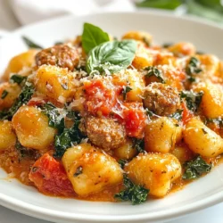 - 400g potato gnocchi - 250g Italian sausage, casings removed - 1 small onion, finely chopped - 2 garlic cloves, minced - 1 can (400g) diced tomatoes - 1 cup kale, chopped (or spinach) - 1/2 cup heavy cream - 1 teaspoon dried oregano - Salt and pepper to taste - Olive oil for cooking - Fresh basil leaves for garnish - Grated Parmesan cheese for serving Using fresh ingredients makes a big difference in taste. Choose high-quality Italian sausage for rich flavor. Fresh vegetables, like onion and garlic, boost the dish's aroma. For the greens, fresh kale or spinach adds color and nutrition. When selecting canned tomatoes, pick ones with no added sugar or preservatives. The heavy cream should be rich and thick to create a creamy sauce. Lastly, freshly grated Parmesan cheese enhances flavor, so skip the pre-grated option. If you want a lighter version, use half-and-half instead of heavy cream. For a spicier kick, try hot Italian sausage. If you cannot find potato gnocchi, you can use store-bought or homemade gnocchi made from other ingredients, like ricotta. Need a veggie option? Swap the sausage for lentils or mushrooms for a hearty bite. You can replace kale with spinach, swiss chard, or even arugula for a different taste. {{ingredient_image_1}} To start, gather all your ingredients. Here’s what you need: - 400g potato gnocchi - 250g Italian sausage, casings removed - 1 small onion, finely chopped - 2 garlic cloves, minced - 1 can (400g) diced tomatoes - 1 cup kale, chopped (or spinach) - 1/2 cup heavy cream - 1 teaspoon dried oregano - Salt and pepper to taste - Olive oil for cooking - Fresh basil leaves for garnish - Grated Parmesan cheese for serving Chop the onion and mince the garlic before you begin cooking. This prep will make the cooking process smooth and quick. 1. Heat a drizzle of olive oil in a large skillet over medium heat. 2. Add the chopped onion and sauté for about 3-4 minutes. You want the onions to be soft and translucent. 3. Next, add the minced garlic and cook for one more minute. This will create a lovely aroma. 4. Now, add the Italian sausage to the skillet. Use a spoon to break it up as it cooks. Brown it for about 5-7 minutes until fully cooked. 5. Stir in the diced tomatoes, with their juices, and the dried oregano. Bring it to a gentle simmer. Let it cook for about 5 minutes to blend the flavors. 6. Add your chopped kale or spinach next. Allow it to wilt for about 2 minutes. 7. Reduce the heat to low and mix in the heavy cream. Stir well and let it heat through for another 2-3 minutes. 8. Meanwhile, cook the potato gnocchi in boiling salted water. Follow the package instructions, usually taking 2-3 minutes until they float. 9. Drain the gnocchi and add them to the sausage and tomato mixture. Toss gently to coat them in the sauce. Season with salt and pepper to taste. 10. Finally, remove the skillet from heat. Serve hot, garnished with fresh basil and a sprinkle of grated Parmesan cheese. Serve this dish warm in bowls. It looks beautiful with fresh basil on top. The grated Parmesan adds a nice touch, too! This Tuscan sausage gnocchi pairs well with a crisp green salad or some crusty bread for a satisfying meal. Enjoy the wonderful flavors! When making Tuscan sausage gnocchi, start with a hot skillet. Heat olive oil before adding onions. This helps the onions cook evenly. Sauté until they are soft and clear. This step builds a great base. Next, add garlic. Cook it just until you smell that lovely aroma. This keeps the garlic from burning, which can make it taste bitter. Brown the Italian sausage well. This gives it flavor. Use a wooden spoon to break it up. Cook for about 5-7 minutes until it's no longer pink. After that, stir in the diced tomatoes. Don't forget to include those juices; they pack flavor. Let the mixture simmer for a few minutes. This helps the ingredients blend well. You might want to adjust the taste. If you like it spicy, add red pepper flakes when you cook the sausage. For a deeper flavor, add more oregano or fresh herbs. Taste the dish as you cook. This way, you can add salt and pepper just right. If you want creaminess, ensure you mix in the heavy cream slowly. This keeps the dish from getting too thick. Presentation matters! Use a large bowl for serving. It makes the dish look inviting. When you serve, add fresh basil on top for color and aroma. A sprinkle of grated Parmesan cheese adds richness. You can also drizzle a little olive oil for extra flavor. Serve it hot, and enjoy every bite! Pro Tips Use Fresh Ingredients: Fresh herbs and vegetables enhance the dish's flavor. Always opt for fresh basil and vibrant greens. Don’t Overcook Gnocchi: Gnocchi should be cooked until they float in the boiling water. Overcooking can lead to a mushy texture. Variations of Greens: While kale is traditional, feel free to substitute with spinach or even arugula for a different taste profile. Make it Creamy: For a richer sauce, add more heavy cream or even a splash of white wine before serving. {{image_2}} You can make a tasty vegetarian version of Tuscan sausage gnocchi. Instead of using Italian sausage, try crumbled tempeh or lentils. Both options add protein and texture. For flavor, add smoked paprika or fennel seeds. These spices will give a nice depth to your dish. You can also increase the garlic for extra flavor. If you want to change the sauce, you can use a pesto base. Mix basil pesto with cream for a rich twist. This will give a fresh taste that pairs well with gnocchi. You can also add sun-dried tomatoes for a tangy kick. Another option is to use a light tomato sauce mixed with vegetable broth. This keeps the dish lighter while still delicious. Seasonal greens can elevate your gnocchi dish. In spring, use fresh peas or arugula. They add a crisp bite and bright color. In summer, try zucchini or Swiss chard. Both add great flavor and texture. In fall, you can add butternut squash or Brussels sprouts. They bring a sweet earthiness that balances the dish. In winter, kale or collard greens work well. They are hearty and pair perfectly with the creamy sauce. To keep your Tuscan sausage gnocchi fresh, store leftovers in an airtight container. Let the dish cool to room temperature before sealing. Store it in the fridge for up to three days. This way, the flavors stay bright and tasty. When you’re ready to enjoy your gnocchi again, reheat it gently. Place it in a skillet over low heat. Add a splash of water or cream to keep it moist. Stir occasionally until it’s warmed through. You can also use the microwave. Heat it in short intervals, stirring in between, until hot. If you want to save some for later, freezing is a great option. Cool it completely and place it in a freezer-safe container. It can last for up to two months in the freezer. For the best taste, thaw it overnight in the fridge before reheating. You can use half-and-half or whole milk mixed with butter. This makes a creamy sauce. If you need a vegan option, use coconut milk or cashew cream. These alternatives still give a nice texture. Yes, homemade gnocchi works great! In fact, homemade gnocchi can be even more delicious. Just ensure they are cooked right. Fresh gnocchi adds a personal touch to the dish. To keep gnocchi intact, use plenty of salt in boiling water. Do not overcrowd the pot. Cook them until they float, then remove them gently. This helps them stay firm and tasty. This blog post covered key ingredients, cooking steps, and helpful tips for making gnocchi. You learned about quality ingredients and substitutions, ensuring your dish turns out great. We explored best practices and tasty variations for all diets. You now have proper storage methods and answers to common questions. Cooking gnocchi can be fun and rewarding. Use these insights to create your perfect dish. Enjoy every bite!