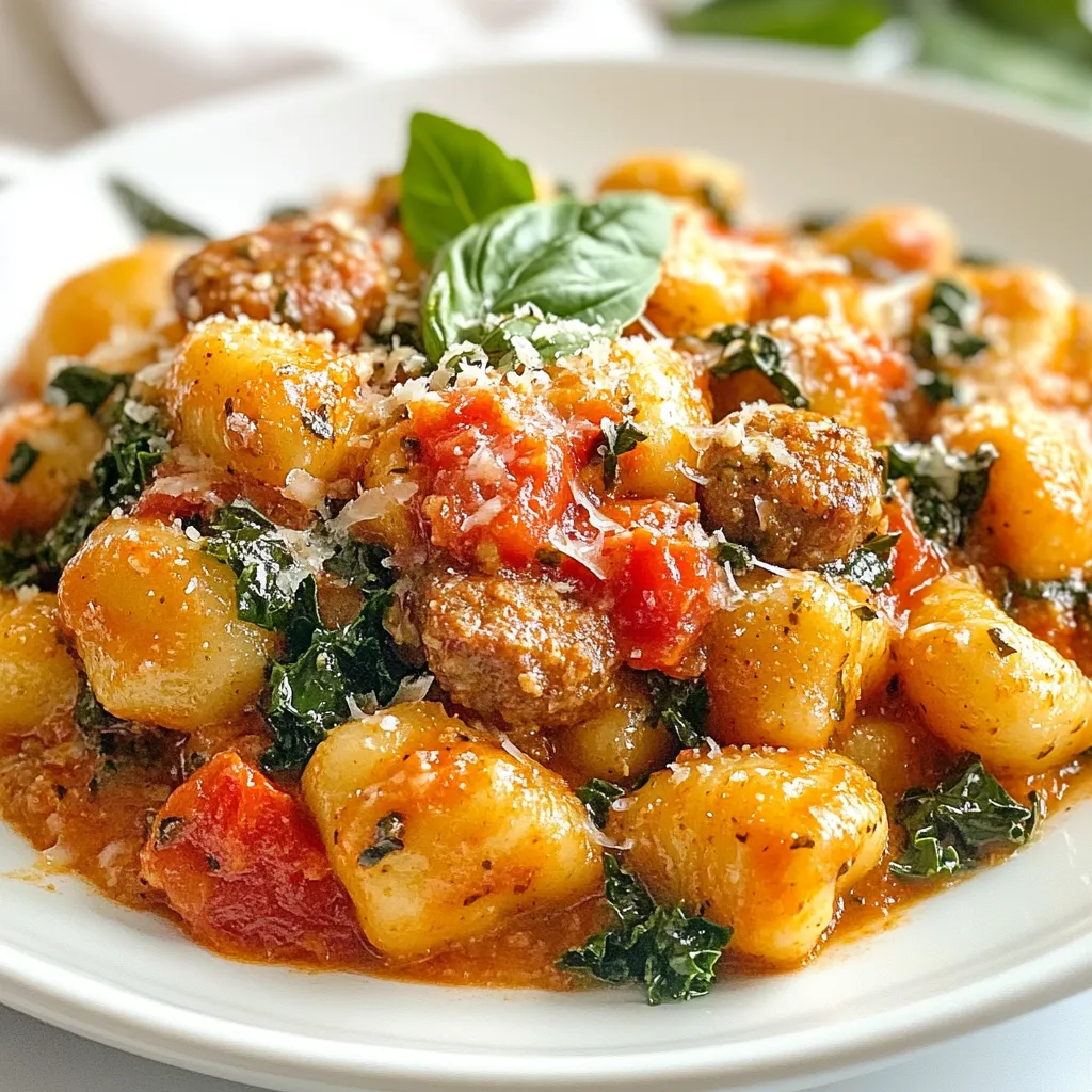 - 400g potato gnocchi - 250g Italian sausage, casings removed - 1 small onion, finely chopped - 2 garlic cloves, minced - 1 can (400g) diced tomatoes - 1 cup kale, chopped (or spinach) - 1/2 cup heavy cream - 1 teaspoon dried oregano - Salt and pepper to taste - Olive oil for cooking - Fresh basil leaves for garnish - Grated Parmesan cheese for serving Using fresh ingredients makes a big difference in taste. Choose high-quality Italian sausage for rich flavor. Fresh vegetables, like onion and garlic, boost the dish's aroma. For the greens, fresh kale or spinach adds color and nutrition. When selecting canned tomatoes, pick ones with no added sugar or preservatives. The heavy cream should be rich and thick to create a creamy sauce. Lastly, freshly grated Parmesan cheese enhances flavor, so skip the pre-grated option. If you want a lighter version, use half-and-half instead of heavy cream. For a spicier kick, try hot Italian sausage. If you cannot find potato gnocchi, you can use store-bought or homemade gnocchi made from other ingredients, like ricotta. Need a veggie option? Swap the sausage for lentils or mushrooms for a hearty bite. You can replace kale with spinach, swiss chard, or even arugula for a different taste. {{ingredient_image_1}} To start, gather all your ingredients. Here’s what you need: - 400g potato gnocchi - 250g Italian sausage, casings removed - 1 small onion, finely chopped - 2 garlic cloves, minced - 1 can (400g) diced tomatoes - 1 cup kale, chopped (or spinach) - 1/2 cup heavy cream - 1 teaspoon dried oregano - Salt and pepper to taste - Olive oil for cooking - Fresh basil leaves for garnish - Grated Parmesan cheese for serving Chop the onion and mince the garlic before you begin cooking. This prep will make the cooking process smooth and quick. 1. Heat a drizzle of olive oil in a large skillet over medium heat. 2. Add the chopped onion and sauté for about 3-4 minutes. You want the onions to be soft and translucent. 3. Next, add the minced garlic and cook for one more minute. This will create a lovely aroma. 4. Now, add the Italian sausage to the skillet. Use a spoon to break it up as it cooks. Brown it for about 5-7 minutes until fully cooked. 5. Stir in the diced tomatoes, with their juices, and the dried oregano. Bring it to a gentle simmer. Let it cook for about 5 minutes to blend the flavors. 6. Add your chopped kale or spinach next. Allow it to wilt for about 2 minutes. 7. Reduce the heat to low and mix in the heavy cream. Stir well and let it heat through for another 2-3 minutes. 8. Meanwhile, cook the potato gnocchi in boiling salted water. Follow the package instructions, usually taking 2-3 minutes until they float. 9. Drain the gnocchi and add them to the sausage and tomato mixture. Toss gently to coat them in the sauce. Season with salt and pepper to taste. 10. Finally, remove the skillet from heat. Serve hot, garnished with fresh basil and a sprinkle of grated Parmesan cheese. Serve this dish warm in bowls. It looks beautiful with fresh basil on top. The grated Parmesan adds a nice touch, too! This Tuscan sausage gnocchi pairs well with a crisp green salad or some crusty bread for a satisfying meal. Enjoy the wonderful flavors! When making Tuscan sausage gnocchi, start with a hot skillet. Heat olive oil before adding onions. This helps the onions cook evenly. Sauté until they are soft and clear. This step builds a great base. Next, add garlic. Cook it just until you smell that lovely aroma. This keeps the garlic from burning, which can make it taste bitter. Brown the Italian sausage well. This gives it flavor. Use a wooden spoon to break it up. Cook for about 5-7 minutes until it's no longer pink. After that, stir in the diced tomatoes. Don't forget to include those juices; they pack flavor. Let the mixture simmer for a few minutes. This helps the ingredients blend well. You might want to adjust the taste. If you like it spicy, add red pepper flakes when you cook the sausage. For a deeper flavor, add more oregano or fresh herbs. Taste the dish as you cook. This way, you can add salt and pepper just right. If you want creaminess, ensure you mix in the heavy cream slowly. This keeps the dish from getting too thick. Presentation matters! Use a large bowl for serving. It makes the dish look inviting. When you serve, add fresh basil on top for color and aroma. A sprinkle of grated Parmesan cheese adds richness. You can also drizzle a little olive oil for extra flavor. Serve it hot, and enjoy every bite! Pro Tips Use Fresh Ingredients: Fresh herbs and vegetables enhance the dish's flavor. Always opt for fresh basil and vibrant greens. Don’t Overcook Gnocchi: Gnocchi should be cooked until they float in the boiling water. Overcooking can lead to a mushy texture. Variations of Greens: While kale is traditional, feel free to substitute with spinach or even arugula for a different taste profile. Make it Creamy: For a richer sauce, add more heavy cream or even a splash of white wine before serving. {{image_2}} You can make a tasty vegetarian version of Tuscan sausage gnocchi. Instead of using Italian sausage, try crumbled tempeh or lentils. Both options add protein and texture. For flavor, add smoked paprika or fennel seeds. These spices will give a nice depth to your dish. You can also increase the garlic for extra flavor. If you want to change the sauce, you can use a pesto base. Mix basil pesto with cream for a rich twist. This will give a fresh taste that pairs well with gnocchi. You can also add sun-dried tomatoes for a tangy kick. Another option is to use a light tomato sauce mixed with vegetable broth. This keeps the dish lighter while still delicious. Seasonal greens can elevate your gnocchi dish. In spring, use fresh peas or arugula. They add a crisp bite and bright color. In summer, try zucchini or Swiss chard. Both add great flavor and texture. In fall, you can add butternut squash or Brussels sprouts. They bring a sweet earthiness that balances the dish. In winter, kale or collard greens work well. They are hearty and pair perfectly with the creamy sauce. To keep your Tuscan sausage gnocchi fresh, store leftovers in an airtight container. Let the dish cool to room temperature before sealing. Store it in the fridge for up to three days. This way, the flavors stay bright and tasty. When you’re ready to enjoy your gnocchi again, reheat it gently. Place it in a skillet over low heat. Add a splash of water or cream to keep it moist. Stir occasionally until it’s warmed through. You can also use the microwave. Heat it in short intervals, stirring in between, until hot. If you want to save some for later, freezing is a great option. Cool it completely and place it in a freezer-safe container. It can last for up to two months in the freezer. For the best taste, thaw it overnight in the fridge before reheating. You can use half-and-half or whole milk mixed with butter. This makes a creamy sauce. If you need a vegan option, use coconut milk or cashew cream. These alternatives still give a nice texture. Yes, homemade gnocchi works great! In fact, homemade gnocchi can be even more delicious. Just ensure they are cooked right. Fresh gnocchi adds a personal touch to the dish. To keep gnocchi intact, use plenty of salt in boiling water. Do not overcrowd the pot. Cook them until they float, then remove them gently. This helps them stay firm and tasty. This blog post covered key ingredients, cooking steps, and helpful tips for making gnocchi. You learned about quality ingredients and substitutions, ensuring your dish turns out great. We explored best practices and tasty variations for all diets. You now have proper storage methods and answers to common questions. Cooking gnocchi can be fun and rewarding. Use these insights to create your perfect dish. Enjoy every bite!