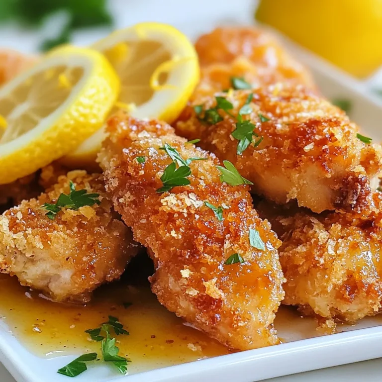 - 1 lb chicken breast, cut into bite-sized pieces - 1 cup all-purpose flour - 2 eggs, beaten - 1 cup breadcrumbs (preferably panko for extra crispiness) - 1/4 cup honey - 1/4 cup fresh lemon juice - Zest of 1 lemon - 1 tablespoon soy sauce - 1 teaspoon garlic powder - 1 teaspoon ginger powder - Salt and pepper to taste - Oil for frying - Optional: lemon slices and fresh parsley for garnish To make the crispy honey lemon chicken, gather your ingredients first. You need chicken, flour, eggs, and breadcrumbs. Panko breadcrumbs give the best crunch. Next, prepare the sauce. You will need honey, fresh lemon juice, and lemon zest. Add soy sauce, garlic, and ginger for extra flavor. Don’t forget salt and pepper to taste. Using fresh ingredients makes a big difference. Fresh lemon juice brightens the dish. The zest adds a lovely fragrance. Make sure you have enough oil for frying. This will help the chicken get crispy. If you like, you can garnish your dish with lemon slices and parsley for a splash of color. Enjoy preparing this delightful meal! {{ingredient_image_1}} Start by cutting the chicken breast into bite-sized pieces. This ensures even cooking and makes it easy to eat. Next, in a shallow dish, mix the flour, garlic powder, ginger powder, salt, and pepper. This flour mix helps the coating stick well to the chicken. In another bowl, beat the eggs until they are smooth. Place the breadcrumbs, preferably panko, in a third shallow dish for extra crunch. Now, take each chicken piece, coat it in the flour mix, dip it in the eggs, and finally cover it with breadcrumbs. Make sure each piece is fully coated. This step is key for that crispy bite. In a medium bowl, combine honey, fresh lemon juice, and lemon zest. Whisk these together until well mixed. The honey adds sweetness while the lemon juice gives a nice tang. This sauce will bring the dish to life. Make sure to set this mixture aside for later. It will be drizzled over the chicken once it is cooked. Heat oil in a large skillet over medium-high heat. Once the oil is hot, carefully add the breaded chicken pieces in batches. Fry them until they are golden brown and crispy, about 4-5 minutes on each side. This step gives the chicken that delightful crunch. Once done, place the fried chicken on a paper towel-lined plate to drain any excess oil. After all the chicken is cooked, drizzle the honey lemon sauce over it while it’s warm. Gently toss the chicken to coat it evenly. If you want to add a special touch, garnish with lemon slices and sprinkle fresh parsley on top. To get that crunchy outside, follow a few key steps. First, coat each chicken piece well. Start with the flour mix, then dip in eggs, and finish with breadcrumbs. I prefer panko crumbs for a better crunch. When frying, use oil that’s hot enough. If it’s too cool, the chicken will soak up oil and lose crispiness. The honey lemon sauce is where the magic happens. You want it sweet but also tart. Adjust the lemon juice to your taste. If you like it sweeter, add more honey. If you want it tangier, add lemon juice. Zest from the lemon gives a nice aroma. Taste the sauce before drizzling it on the chicken. Frying gives a golden and crunchy finish. It’s quick and easy. However, baking can also work if you prefer a healthier option. If you choose to bake, preheat your oven to 400°F. Place the breaded chicken on a baking sheet. Spray lightly with oil. Bake for about 20 minutes, flipping halfway through. You’ll still get a nice crunch! Pro Tips Use Panko Breadcrumbs: For the crispiest texture, opt for panko breadcrumbs instead of regular breadcrumbs. They create a light and airy crust that stays crunchy longer. Double Dredge for Extra Crispiness: For an even crunchier coating, consider double dredging the chicken pieces. After the first coating, dip them back into the egg and then coat with breadcrumbs again. Control Oil Temperature: Ensure the oil is hot enough before frying. Use a thermometer; the ideal temperature is around 350°F (175°C). If the oil is too cool, the chicken will absorb more oil and become greasy. Let Chicken Rest: After frying, let the chicken rest for a few minutes before drizzling with sauce. This allows the coating to set and stay crispy as it absorbs the flavors of the honey lemon sauce. {{image_2}} You can change the sauce for a different flavor. Try a sweet chili sauce for heat. A teriyaki sauce gives a rich, savory taste. You can also use a honey mustard mix for a tangy twist. Each sauce adds its own special touch to the dish. Chicken is great, but you can use other proteins. Try shrimp or tofu for a fun change. Both cook quickly and soak up flavors well. If you want a heartier meal, use pork or beef. Just adjust the cooking time based on the protein you choose. Add vegetables to make the dish more colorful and healthy. Broccoli, bell peppers, or snap peas work well. You can stir-fry them with the chicken or serve them on the side. Pair this dish with rice or noodles for a complete meal. Garlic fried rice or sesame noodles are perfect choices. After enjoying your crispy honey lemon chicken, cool it down to room temperature. Place the chicken in an airtight container. Store it in the fridge for up to three days. If you want to keep it longer, freezing is a great option. To reheat your chicken, first, take it out of the fridge or freezer. If frozen, let it thaw overnight in the fridge. Preheat your oven to 375°F (190°C). Lay the chicken on a baking sheet. Heat for about 10-15 minutes, or until warm and crispy. You can also use a microwave, but it may not stay crispy. For freezing, lay the chicken pieces on a baking sheet. Make sure they are not touching. Freeze them for about an hour. Once they are solid, transfer them to a freezer bag. This way, they won’t stick together. Use within three months for the best taste. Yes, you can use frozen chicken. Just make sure to thaw it first. Thawing helps the chicken cook evenly. It also allows the breading to stick better. You can thaw chicken overnight in the fridge. If you’re in a hurry, you can also use the microwave. Just be careful not to start cooking it. If you need a substitute for honey, try maple syrup. It offers a similar sweetness. You can also use agave nectar or brown sugar mixed with water. Each option gives a different flavor, so choose what you like best. Keep in mind that the taste will change slightly. To make this recipe healthier, try baking instead of frying. Place the breaded chicken on a baking sheet and spray it lightly with oil. This method cuts down on fat. You can also use whole wheat flour for added fiber. Another option is to add more veggies as a side dish. Serve with steamed broccoli or a fresh salad. In this blog post, we covered everything from ingredients to cooking methods. We explored the perfect blend of chicken, sauces, and techniques to create a delicious meal. I shared tips for crispiness, flavor balance, and cooking options. You can also discover fun variations and storage tips for leftovers. Remember, cooking is about creativity. Feel free to adjust ingredients to suit your taste. Enjoy making this dish your own, and happy cooking!