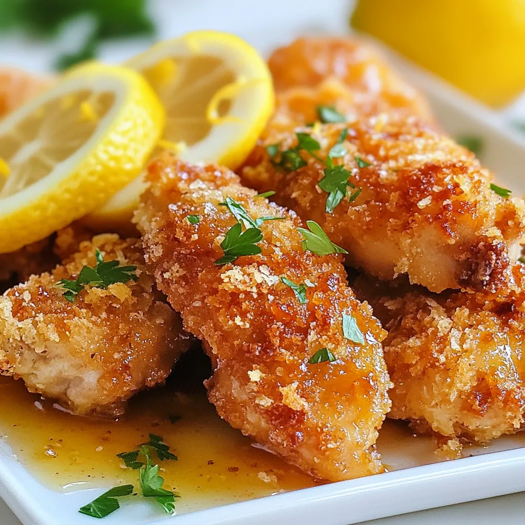 - 1 lb chicken breast, cut into bite-sized pieces - 1 cup all-purpose flour - 2 eggs, beaten - 1 cup breadcrumbs (preferably panko for extra crispiness) - 1/4 cup honey - 1/4 cup fresh lemon juice - Zest of 1 lemon - 1 tablespoon soy sauce - 1 teaspoon garlic powder - 1 teaspoon ginger powder - Salt and pepper to taste - Oil for frying - Optional: lemon slices and fresh parsley for garnish To make the crispy honey lemon chicken, gather your ingredients first. You need chicken, flour, eggs, and breadcrumbs. Panko breadcrumbs give the best crunch. Next, prepare the sauce. You will need honey, fresh lemon juice, and lemon zest. Add soy sauce, garlic, and ginger for extra flavor. Don’t forget salt and pepper to taste. Using fresh ingredients makes a big difference. Fresh lemon juice brightens the dish. The zest adds a lovely fragrance. Make sure you have enough oil for frying. This will help the chicken get crispy. If you like, you can garnish your dish with lemon slices and parsley for a splash of color. Enjoy preparing this delightful meal! {{ingredient_image_1}} Start by cutting the chicken breast into bite-sized pieces. This ensures even cooking and makes it easy to eat. Next, in a shallow dish, mix the flour, garlic powder, ginger powder, salt, and pepper. This flour mix helps the coating stick well to the chicken. In another bowl, beat the eggs until they are smooth. Place the breadcrumbs, preferably panko, in a third shallow dish for extra crunch. Now, take each chicken piece, coat it in the flour mix, dip it in the eggs, and finally cover it with breadcrumbs. Make sure each piece is fully coated. This step is key for that crispy bite. In a medium bowl, combine honey, fresh lemon juice, and lemon zest. Whisk these together until well mixed. The honey adds sweetness while the lemon juice gives a nice tang. This sauce will bring the dish to life. Make sure to set this mixture aside for later. It will be drizzled over the chicken once it is cooked. Heat oil in a large skillet over medium-high heat. Once the oil is hot, carefully add the breaded chicken pieces in batches. Fry them until they are golden brown and crispy, about 4-5 minutes on each side. This step gives the chicken that delightful crunch. Once done, place the fried chicken on a paper towel-lined plate to drain any excess oil. After all the chicken is cooked, drizzle the honey lemon sauce over it while it’s warm. Gently toss the chicken to coat it evenly. If you want to add a special touch, garnish with lemon slices and sprinkle fresh parsley on top. To get that crunchy outside, follow a few key steps. First, coat each chicken piece well. Start with the flour mix, then dip in eggs, and finish with breadcrumbs. I prefer panko crumbs for a better crunch. When frying, use oil that’s hot enough. If it’s too cool, the chicken will soak up oil and lose crispiness. The honey lemon sauce is where the magic happens. You want it sweet but also tart. Adjust the lemon juice to your taste. If you like it sweeter, add more honey. If you want it tangier, add lemon juice. Zest from the lemon gives a nice aroma. Taste the sauce before drizzling it on the chicken. Frying gives a golden and crunchy finish. It’s quick and easy. However, baking can also work if you prefer a healthier option. If you choose to bake, preheat your oven to 400°F. Place the breaded chicken on a baking sheet. Spray lightly with oil. Bake for about 20 minutes, flipping halfway through. You’ll still get a nice crunch! Pro Tips Use Panko Breadcrumbs: For the crispiest texture, opt for panko breadcrumbs instead of regular breadcrumbs. They create a light and airy crust that stays crunchy longer. Double Dredge for Extra Crispiness: For an even crunchier coating, consider double dredging the chicken pieces. After the first coating, dip them back into the egg and then coat with breadcrumbs again. Control Oil Temperature: Ensure the oil is hot enough before frying. Use a thermometer; the ideal temperature is around 350°F (175°C). If the oil is too cool, the chicken will absorb more oil and become greasy. Let Chicken Rest: After frying, let the chicken rest for a few minutes before drizzling with sauce. This allows the coating to set and stay crispy as it absorbs the flavors of the honey lemon sauce. {{image_2}} You can change the sauce for a different flavor. Try a sweet chili sauce for heat. A teriyaki sauce gives a rich, savory taste. You can also use a honey mustard mix for a tangy twist. Each sauce adds its own special touch to the dish. Chicken is great, but you can use other proteins. Try shrimp or tofu for a fun change. Both cook quickly and soak up flavors well. If you want a heartier meal, use pork or beef. Just adjust the cooking time based on the protein you choose. Add vegetables to make the dish more colorful and healthy. Broccoli, bell peppers, or snap peas work well. You can stir-fry them with the chicken or serve them on the side. Pair this dish with rice or noodles for a complete meal. Garlic fried rice or sesame noodles are perfect choices. After enjoying your crispy honey lemon chicken, cool it down to room temperature. Place the chicken in an airtight container. Store it in the fridge for up to three days. If you want to keep it longer, freezing is a great option. To reheat your chicken, first, take it out of the fridge or freezer. If frozen, let it thaw overnight in the fridge. Preheat your oven to 375°F (190°C). Lay the chicken on a baking sheet. Heat for about 10-15 minutes, or until warm and crispy. You can also use a microwave, but it may not stay crispy. For freezing, lay the chicken pieces on a baking sheet. Make sure they are not touching. Freeze them for about an hour. Once they are solid, transfer them to a freezer bag. This way, they won’t stick together. Use within three months for the best taste. Yes, you can use frozen chicken. Just make sure to thaw it first. Thawing helps the chicken cook evenly. It also allows the breading to stick better. You can thaw chicken overnight in the fridge. If you’re in a hurry, you can also use the microwave. Just be careful not to start cooking it. If you need a substitute for honey, try maple syrup. It offers a similar sweetness. You can also use agave nectar or brown sugar mixed with water. Each option gives a different flavor, so choose what you like best. Keep in mind that the taste will change slightly. To make this recipe healthier, try baking instead of frying. Place the breaded chicken on a baking sheet and spray it lightly with oil. This method cuts down on fat. You can also use whole wheat flour for added fiber. Another option is to add more veggies as a side dish. Serve with steamed broccoli or a fresh salad. In this blog post, we covered everything from ingredients to cooking methods. We explored the perfect blend of chicken, sauces, and techniques to create a delicious meal. I shared tips for crispiness, flavor balance, and cooking options. You can also discover fun variations and storage tips for leftovers. Remember, cooking is about creativity. Feel free to adjust ingredients to suit your taste. Enjoy making this dish your own, and happy cooking!