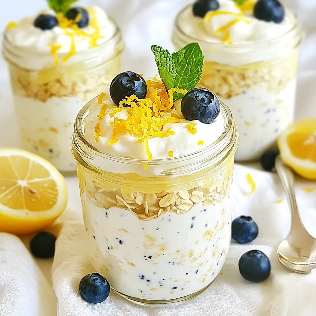 To make Lemon Blueberry Overnight Oats, you need a few key ingredients: - 1 cup rolled oats - 1 cup almond milk (or any milk of choice) - 1/2 cup Greek yogurt (or plant-based yogurt) - 1 tablespoon honey or maple syrup (adjust to taste) - Zest of 1 lemon - 2 tablespoons freshly squeezed lemon juice - 1/2 cup fresh blueberries (plus extra for topping) - 1 tablespoon chia seeds - Pinch of salt These ingredients blend well to create a creamy and bright flavor. The oats soak up the almond milk, which makes them soft and tasty. The lemon gives a nice zing, while the blueberries add sweetness. You can add some optional ingredients to make your oats even better: - A sprinkle of cinnamon for warmth - A handful of nuts for crunch, like walnuts or almonds - A dash of vanilla extract for extra sweetness - Flax seeds for added nutrition These extras can change the taste and texture a bit. Feel free to mix and match based on what you like. If you want a dairy-free or vegan version, here are some swaps: - Use plant-based yogurt instead of Greek yogurt - Replace honey with maple syrup or agave syrup These substitutes keep the dish tasty while fitting your diet. You can still enjoy creamy, flavorful overnight oats with these changes. {{ingredient_image_1}} First, grab a mixing bowl. Add 1 cup of rolled oats to the bowl. Next, add 1 tablespoon of chia seeds. Sprinkle in a pinch of salt. Mix these dry ingredients until they blend well. This step is key for even flavor. In a separate bowl, whisk together 1 cup of almond milk and 1/2 cup of Greek yogurt. If you prefer plant-based yogurt, that works too. Add 1 tablespoon of honey or maple syrup. Adjust this based on how sweet you want it. Now, add the zest of 1 lemon and 2 tablespoons of freshly squeezed lemon juice. Whisk until it’s smooth and creamy. Pour the wet mixture over the dry ingredients. Stir gently to coat all the oats. Next, fold in 1/2 cup of fresh blueberries. Save some blueberries for later. Divide the mixture into jars or airtight containers. Seal them up tight. Refrigerate overnight, or for at least 4 hours. This will help the oats soak up all the flavors. In the morning, take the jars out of the fridge. Stir the oats well. If it’s too thick, add a splash of almond milk. Now, top with those extra blueberries you saved. You can also sprinkle some lemon zest on top. For a fun touch, serve in clear glass jars. Add a sprig of mint for extra freshness. Enjoy your tasty and nutritious meal! To make perfect overnight oats, start with rolled oats. They soak up liquid well and keep a nice texture. Mix the oats, chia seeds, and salt in a bowl first. This step ensures even distribution of the chia seeds. When you add the wet ingredients, whisk them well. This helps combine flavors and creates a smooth mixture. You can easily customize your oats. Swap blueberries for your favorite fruit, like strawberries or bananas. Add nuts, seeds, or spices for extra flavor. You can also change the sweetener to fit your taste. Use agave, maple syrup, or even a bit of brown sugar. Want a creamier texture? Try adding more yogurt or milk. To get the best texture, let the oats soak overnight. This allows the oats and chia seeds to expand. If the oats seem too thick in the morning, just add a splash of milk. Stir well to mix in the extra liquid. For a burst of flavor, top your oats with fresh fruits, a sprinkle of lemon zest, or a dollop of yogurt. This makes your breakfast not only tasty but also pretty! Pro Tips Use Fresh Ingredients: Fresh blueberries and lemon juice will elevate the flavor profile of your overnight oats. Avoid using frozen blueberries as they can make the mixture too watery. Customize Sweetness: Adjust the amount of honey or maple syrup according to your taste preferences. You can also omit the sweetener if you prefer a more tart flavor from the lemon. Make Ahead: These overnight oats can be prepared up to 3 days in advance. Just store them in airtight containers in the fridge for a quick and easy breakfast throughout the week. Experiment with Toppings: Get creative with your toppings! Try adding nuts, seeds, or a dollop of nut butter for added texture and flavor. {{image_2}} You can change the flavor of your overnight oats easily. Try using strawberries or raspberries instead of blueberries. Both fruits add sweetness and a nice color. Just chop them up and mix them in like you would with blueberries. You can also mix in some mango or peaches for a tropical twist. Each fruit has its own taste and health benefits. If you want to cut down on sweetness, reduce the honey or maple syrup. You can skip the sweetener altogether if you like. The zest and juice of the lemon will still give a nice tang. You can also use unsweetened almond milk to keep it light. This way, you enjoy the flavor without added sugars. You can swap rolled oats for steel-cut oats. Steel-cut oats give a chewier texture and a nutty flavor. Just remember, they need longer to soak. Instead of overnight, let them sit for 8 to 12 hours. This change makes the oats hearty and filling. It’s a great way to vary your breakfast while still keeping it healthy. To keep your lemon blueberry overnight oats fresh, always use airtight containers. This helps prevent odors and keeps them safe. Store your oats in the fridge for up to five days. You can prepare them in jars for easy grab-and-go meals. If you want to make a big batch, you can freeze your oats. Use freezer-safe containers. Leave some space at the top as the oats will expand. When you want to eat them, move a jar to the fridge overnight. This will help them thaw slowly and stay creamy. Your overnight oats will taste best within five days in the fridge. After five days, check for any off smells or changes in texture. If they look or smell strange, throw them out. Always trust your senses; safety comes first! Yes, you can make these oats in advance. I often prepare them the night before. This way, they are ready to eat in the morning. Just store them in the fridge for up to three days. This makes breakfast easy during busy mornings. If you want a dairy-free option, use plant-based yogurt. Almond or coconut yogurt works great. You can also try silken tofu blended until smooth. This keeps the creaminess of the oats while making them vegan-friendly. To make your oats creamier, add more yogurt or milk. You can use almond milk or any milk you like. Adding a mashed banana can also help. It adds creaminess and sweetness without extra sugar. Many fruits pair well with lemon and blueberry. Strawberries and raspberries are great choices. You can also try peaches or blackberries. Each fruit adds a unique flavor while keeping it fresh and tasty. Lemon blueberry overnight oats are easy and fun to make. You learned the right ingredients, how to mix them, and creative ways to customize your oats. These tips help you enjoy tasty and healthy meals. Experiment with new flavors and textures to find what you love most. Remember, you can prepare these oats ahead of time for a quick breakfast. Keep this guide handy, and enjoy your delicious creations!