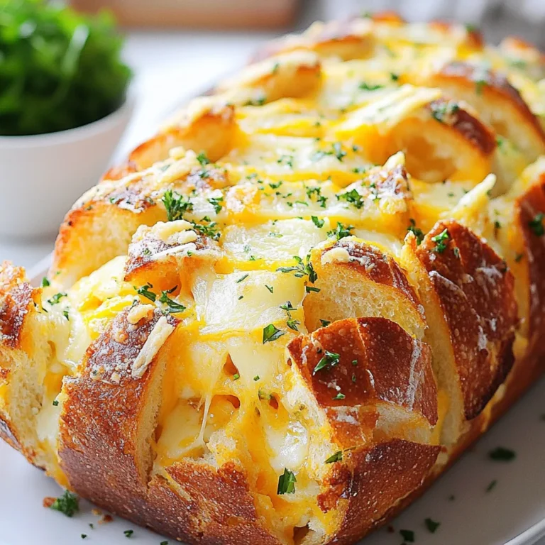 - 1 large Italian bread loaf - 1 cup shredded mozzarella cheese - 1 cup shredded cheddar cheese - 1/2 cup unsalted butter, melted - 4 cloves garlic, minced - 2 tablespoons fresh parsley, chopped - 1 teaspoon dried oregano - 1/2 teaspoon salt - 1/4 teaspoon black pepper - 1/4 teaspoon red pepper flakes for heat For this cheesy pull apart garlic bread, you need a few key items. First, grab a large Italian bread loaf. This bread has a soft inside and a crunchy crust, perfect for pulling apart. Next, you will need cheese. I suggest using one cup each of shredded mozzarella and cheddar cheese. This mix gives a great taste and stretch. Now, let’s talk about flavor. You will need half a cup of unsalted butter, melted. This adds richness. You will also need four cloves of minced garlic and two tablespoons of chopped fresh parsley. Together, these make a tasty garlic butter. If you want to add more flavor, consider optional ingredients. A teaspoon of dried oregano works well. You can also add half a teaspoon of salt and a quarter teaspoon of black pepper. If you like a bit of heat, sprinkle in a quarter teaspoon of red pepper flakes. These ingredients are not required but can make the bread even tastier. Gather these ingredients, and you are ready to make a delicious cheesy pull apart garlic bread! {{ingredient_image_1}} 1. Preheat your oven to 375°F (190°C). This helps the bread bake evenly. 2. In a small bowl, mix together the melted butter, minced garlic, chopped parsley, oregano, salt, black pepper, and optional red pepper flakes. This garlic butter adds great flavor. 1. Take the large Italian bread loaf and make cuts about 1 inch apart. Cut down the length of the loaf but do not cut all the way through the bottom. This keeps the bread together. 2. Gently pry open the cuts in the bread. Drizzle or brush the garlic butter mixture generously into each slit. Make sure every part gets some flavor. 1. Stuff the shredded mozzarella and cheddar cheese into the slits of the bread. Spread it out evenly so every bite is cheesy. 2. Wrap the entire loaf in aluminum foil and place it on a baking sheet. This helps keep the bread moist as it bakes. 3. Bake in the preheated oven for 15 minutes. After that, remove the foil and bake for another 10 minutes. The bread should be golden brown, and the cheese should be melted and bubbly. 4. Remove from the oven and let it cool slightly before pulling apart and serving. The bread pulls apart easily when it cools a bit. Enjoy! Choosing the right bread is key. I suggest a large Italian bread loaf. It has a soft inside and a golden crust. This bread holds up well when you pull it apart. You can also try a French baguette for a different twist. Adjusting garlic and seasoning levels makes a big difference. If you love garlic, use more than four cloves. You can also play with herbs. Try fresh thyme or rosemary for a unique taste. Don’t forget to taste your garlic butter mix as you go! Using the right cheese blends ensures a gooey texture. I love mixing mozzarella and cheddar. Mozzarella melts beautifully, while cheddar adds sharpness. You can also add cream cheese for extra richness. Baking tips for a crispy crust are simple. Wrap your loaf in aluminum foil first. This traps steam and helps the cheese melt. Unwrap it for the last ten minutes to crisp the top. Watch for a golden brown color—it means it's ready! Pairings with sauces or dips make this dish shine. Try serving it with marinara sauce or a garlic aioli. These dips add flavor and keep it fun. Presentation ideas for gatherings can elevate your bread. Place the loaf on a cutting board. Add fresh herbs or a small bowl of dip beside it. This makes it look inviting and ready to share! Pro Tips Use Fresh Ingredients: Fresh garlic and herbs will enhance the flavor of your garlic bread significantly. Avoid using pre-minced garlic for the best taste. Customize Your Cheeses: Feel free to experiment with different types of cheese. Gouda, fontina, or pepper jack can add unique flavors to your pull-apart bread. Let It Rest: Allow the bread to cool for a few minutes before serving. This helps the cheese set slightly, making it easier to pull apart without losing too much cheese. Serve with Dipping Sauce: Pair your cheesy garlic bread with marinara or a garlic herb dip for an extra layer of flavor and fun. {{image_2}} You can make Cheesy Pull Apart Garlic Bread even better by changing the cheese. Instead of just mozzarella and cheddar, try using different cheese blends. For example, gouda or pepper jack can add a fun twist. Adding cream cheese also works well. It gives the bread a rich, smooth taste. Mix cream cheese with shredded cheese for a creamy surprise in each bite. You can spice up the flavor with herbs. Try adding fresh thyme or basil to your garlic butter mix. These herbs bring a fresh taste that brightens each bite. Another tasty addition is cooked bacon or ham. Chop them into small pieces and mix them with the cheese. The salty, savory flavor pairs well with the garlic and cheese. If you need a gluten-free option, use gluten-free bread. Look for brands that are soft and have good texture. This way, everyone can enjoy the bread, no matter their diet. For those who are dairy-free, choose dairy-free cheese. There are many good options now that melt well. You won’t miss out on the cheesy goodness! For leftover cheesy pull apart garlic bread, wrap it tightly in plastic wrap or foil. This keeps it soft and fresh. Store it in the fridge for up to three days. To reheat, preheat your oven to 350°F (175°C). Place the bread on a baking sheet and cover it with foil. Bake for about 10-15 minutes. This helps the cheese melt again while keeping the bread soft. You can freeze cheesy pull apart garlic bread if you have extra. Wrap it tightly in plastic wrap and then in foil. This protects it from freezer burn. It can last in the freezer for up to three months. To thaw, move it to the fridge overnight. When ready to eat, reheat in the oven at 350°F (175°C) for about 15-20 minutes. When stored correctly, cheesy pull apart garlic bread stays fresh for about three days in the fridge. You can see signs of spoilage if the bread becomes hard or develops mold. If the bread smells sour or off, it's best to throw it away. Always check for freshness before eating! Can I make Cheesy Pull Apart Garlic Bread ahead of time? Yes, you can prepare it in advance. Make the garlic butter and cut the bread. Store them separately in the fridge. When ready, assemble and bake it. This saves time and adds fresh flavor. What can I serve with Cheesy Pull Apart Garlic Bread? This bread pairs well with many dishes. Consider serving it with pasta, soup, or salad. It also complements grilled meats and dips. Try marinara or ranch dressing for extra flavor. Why is my cheese not melting properly? This issue can arise from using low-moisture cheese. Always choose high-moisture mozzarella and cheddar. Ensure you bake it long enough for proper melting. Covering the bread with foil for the first part of baking helps too. How do I prevent the bread from getting soggy? To avoid sogginess, use less garlic butter. Make sure to not soak the bread. Drizzle or brush the butter mixture in the slits only. Bake it at the right temperature for a crispy crust. Can I use whole wheat bread for this recipe? Yes, whole wheat bread works well. It adds a nutty flavor and is healthier. Just ensure it is fresh for the best results. Follow the same preparation steps for great taste. How can I make it spicier? To add heat, use red pepper flakes. Mix them into the garlic butter. You can also add sliced jalapeños or hot sauce. Adjust the spice level to suit your taste. This blog post showed you how to make Cheesy Pull Apart Garlic Bread. We outlined the key ingredients, from the bread to tasty seasonings. I shared easy steps for preparing and baking the bread to perfection. You also learned tips for flavor and storage. In conclusion, this dish is fun to make and enjoy. Feel free to get creative with variations that suit your taste. Happy cooking!