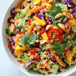 - 1 cup quinoa, rinsed - 2 cups water - 1 cup red cabbage, finely shredded - 1 cup carrots, julienned - 1/2 cup bell peppers (red and yellow), diced - 1/2 cup cucumber, diced - 1/4 cup green onions, sliced - 1/4 cup fresh cilantro, chopped - 1/4 cup peanuts, chopped - 3 tablespoons almond butter - 2 tablespoons soy sauce (or tamari for gluten-free) - 1 tablespoon lime juice - 1 tablespoon maple syrup - 1 tablespoon sesame oil - 1 teaspoon grated ginger I love using quinoa in my salads. It gives you protein and fiber. Rinsing the quinoa first helps remove a bitter taste. You will also want to cook it well for a fluffy texture. Fresh vegetables are key to this salad. I use red cabbage for its crunch and color. Carrots add sweetness, while bell peppers bring a slight tang. Cucumbers offer a refreshing taste. Green onions and cilantro give it a fresh kick. Peanuts add the perfect crunch at the end. The dressing is simple but full of flavor. Almond butter adds creaminess, while soy sauce offers salt. Lime juice balances the dish with a tangy twist. Maple syrup adds a hint of sweetness. Sesame oil rounds it out with a nutty flavor. Grated ginger gives it a warm spice. - Thai chili for heat - Additional toppings If you like spice, add sliced Thai chili. It gives a nice heat that pairs well with the salad. You can also try different toppings. Sesame seeds or crispy shallots can add extra texture. Feel free to play with what you have on hand. {{ingredient_image_1}} First, rinse the quinoa well under cold water. This step removes the bitter coating. Next, bring 2 cups of water to a boil in a medium saucepan. Add the rinsed quinoa and a pinch of salt. Reduce the heat to low and cover the pot. Let it simmer for about 15 minutes. The quinoa is done when all the water is absorbed and it looks fluffy. Remove the pot from heat and let it cool for a few minutes. While the quinoa cools, it's time to make the dressing. In a small bowl, whisk together almond butter, soy sauce, lime juice, maple syrup, sesame oil, and grated ginger. Mix until you have a smooth and creamy texture. Taste the dressing and adjust the flavors. You want a balance of salty, sweet, and a bit of tang. If it needs more kick, add a dash of lime juice or soy sauce. Now, grab a large mixing bowl. Combine the finely shredded red cabbage, julienned carrots, diced bell peppers, diced cucumber, sliced green onions, and chopped cilantro. Mix these ingredients well. Once the quinoa has cooled, add it to the bowl of vegetables. Pour the prepared dressing over the salad. Toss everything gently until the salad is well coated. Before serving, sprinkle the chopped peanuts on top. This adds a nice crunch. If you're feeling bold, garnish with sliced Thai chili for an extra kick of heat. Enjoy your fresh and vibrant Crunchy Thai Quinoa Salad! To ensure fluffy quinoa, rinse it well before cooking. This removes the bitter coating called saponin. Use a ratio of 1 cup quinoa to 2 cups water. Bring the water to a boil, then add the quinoa and a pinch of salt. Cover and reduce the heat. Let it simmer for 15 minutes. After cooking, let it sit for 5 minutes. This helps the grains puff up even more. For cutting vegetables, use a sharp knife. It makes the job safer and easier. Cut the carrots into thin strips. Julienne them for a nice crunch. Dice the bell peppers and cucumber into small, even pieces. This helps the salad look great and makes it easier to eat. You can customize the dressing based on your taste. Start with the base of almond butter, soy sauce, lime juice, maple syrup, sesame oil, and ginger. Whisk them together until smooth. If you like it sweeter, add more maple syrup. For a saltier taste, increase the soy sauce. Balancing flavors is key. Aim for a mix of salty, sweet, and tangy. Taste as you mix. This way, you can adjust and find the perfect flavor for you. For serving suggestions, use a large bowl. This lets everyone mix and enjoy the salad together. You can also plate individual servings for a fancy touch. When it comes to garnishing, sprinkle chopped peanuts on top. They add a nice crunch. If you want more heat, slice some Thai chili and add it to the top. Fresh cilantro makes a great garnish too! Pro Tips Rinse Your Quinoa: Always rinse quinoa under cold water before cooking to remove its natural coating, called saponin, which can give a bitter taste. Chill the Salad: For the best flavor, let the salad chill in the refrigerator for at least 30 minutes after mixing. This allows the flavors to meld beautifully. Customize Your Veggies: Feel free to swap in seasonal vegetables or your favorites to make the salad your own. Broccoli, snap peas, or even avocado work great! Nut Alternatives: If you have nut allergies, substitute the peanuts with sunflower seeds or pumpkin seeds for a crunchy texture without the nuts. {{image_2}} You can easily make this salad fit your needs. For gluten-free options, use tamari instead of soy sauce. This small change keeps the flavors intact while making it safe for those with gluten sensitivities. If you want a vegan alternative, make sure to use maple syrup instead of honey in the dressing. You can also skip the peanuts if you have nut allergies. To add protein, consider including tofu or chicken. For tofu, press it first to remove water. Then, cube it and pan-fry until golden. For chicken, grill or bake it, then slice it into bite-sized pieces. Both will boost nutrition and make the salad heartier. You can also mix in different greens like spinach or kale. Adding these will give you more vitamins and a fresh taste. The dressing is where you can get creative! You might try using different nut butters like peanut or cashew for a unique flavor. Each nut butter adds its own twist. You can also play with spices. Add a pinch of cayenne for heat or a dash of sesame seeds for extra crunch. These small tweaks can change the entire dish. To keep your Crunchy Thai Quinoa Salad fresh, store it in the fridge. Place leftovers in airtight containers. Glass or BPA-free plastic containers work best. Make sure to seal them tightly. This way, your salad stays crisp and tasty. In the fridge, this salad lasts about 3 to 5 days. If you want to keep it longer, you can freeze it. However, some veggies may not freeze well. Freezing can change their texture. I recommend freezing only the quinoa and dressing. Store them separately to keep flavors intact. To refresh your salad, let it sit at room temperature for a few minutes. If you prefer warmth, gently heat the quinoa in a microwave or on the stove. Avoid heating the veggies. Instead, add them fresh after warming the quinoa. This keeps them crunchy and vibrant. Enjoy your meal! Crunchy Thai Quinoa Salad is a fresh and vibrant dish. It combines cooked quinoa with crunchy veggies. You get a mix of red cabbage, carrots, and bell peppers. The salad also has cucumber, green onions, and cilantro. Each bite brings a lovely crunch and a burst of flavor. The dressing blends almond butter, soy sauce, lime juice, and sesame oil. This salad is healthy, colorful, and fun to eat. Yes, you can prepare this salad ahead of time. Cook the quinoa and chop the veggies in advance. Store the quinoa and veggies separately in the fridge. Keep the dressing in a jar. When you are ready to eat, combine everything. This way, your salad stays fresh and crunchy. You can make it up to two days before serving. Just add the peanuts and any fresh herbs right before eating for the best taste. If you want more heat, add sliced Thai chili. You can mix the chili into the salad or use it as a garnish. Another option is to add a pinch of red pepper flakes. If you love spice, try adding a dash of hot sauce to the dressing. Adjust the heat to match your taste. Enjoy the extra kick while keeping the salad fresh and tasty! This blog post covered how to make a Crunchy Thai Quinoa Salad. We detailed the key ingredients, like quinoa and fresh veggies, along with dressings and optional toppings. I shared simple steps for cooking quinoa, preparing dressings, and assembling the salad. You learned tips for cooking, customizing flavors, and presenting your dish. Lastly, we explored variations for ingredients and storage. This salad is easy and flexible. Enjoy making it your own!