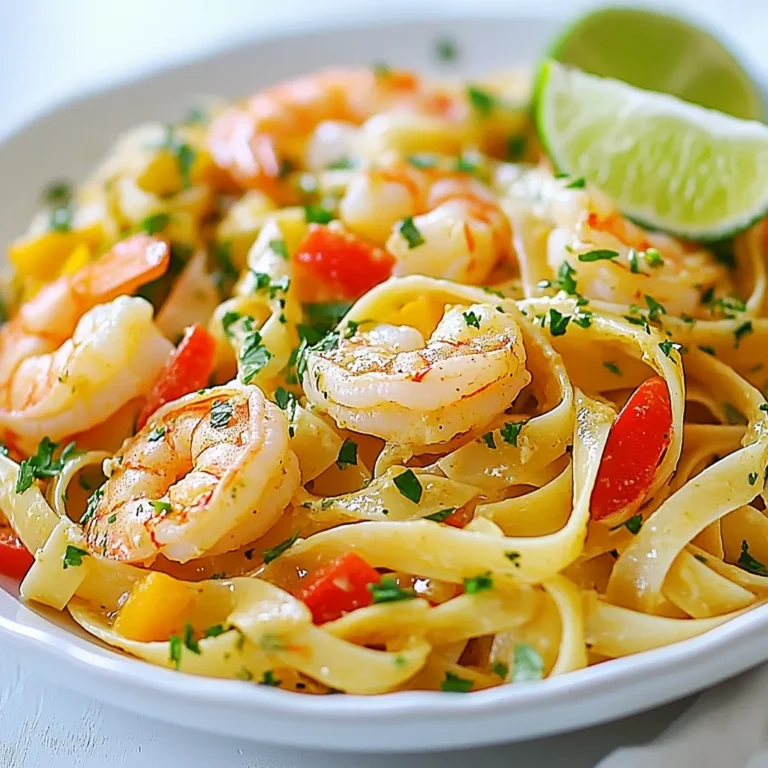 - 8 oz spaghetti or fettuccine - 1 lb large shrimp, peeled and deveined - 1 cup coconut milk - 2 tablespoons olive oil - 1 medium onion, diced - 3 cloves garlic, minced - 1 red bell pepper, sliced - 1 green bell pepper, sliced - 1 teaspoon Jamaican jerk seasoning - 1 tablespoon lime juice - Salt and pepper to taste - Fresh cilantro, chopped (for garnish) When I make Jamaican shrimp pasta, I love using fresh shrimp. The shrimp should be large and peeled. This makes cooking quick and easy. I also use either spaghetti or fettuccine, but both work great. Coconut milk adds a rich creaminess. It balances the spicy jerk seasoning. I prefer using full-fat coconut milk for a creamier sauce. For the veggies, I use a mix of onion and bell peppers. The colors make the dish pop. The sweet red and crisp green bell peppers add flavor and texture. Jamaican jerk seasoning is key for this dish. It brings heat and depth. You can find it in stores or make your own blend. Lime juice brightens the dish, making it fresh. I finish with chopped cilantro for garnish. It adds a fresh touch and looks beautiful. This blend of ingredients makes a tasty, easy meal that everyone loves. {{ingredient_image_1}} Start by boiling a large pot of salted water. Once the water bubbles, add 8 ounces of spaghetti or fettuccine. Follow the package instructions to cook until al dente. This usually takes about 8 to 10 minutes. After cooking, drain the pasta and set it aside. In a large skillet, heat 2 tablespoons of olive oil over medium heat. Add 1 medium diced onion. Sauté it for about 2 to 3 minutes until it turns translucent. Next, stir in 3 minced garlic cloves, along with 1 sliced red bell pepper and 1 sliced green bell pepper. Keep sautéing for another 3 to 4 minutes until the peppers soften. Now, push the vegetables to one side of the skillet. Add 1 pound of peeled and deveined shrimp. Sprinkle 1 teaspoon of Jamaican jerk seasoning over the shrimp. Cook for about 2 to 3 minutes, flipping the shrimp until they turn pink and opaque. Pour 1 cup of coconut milk and 1 tablespoon of lime juice into the skillet. Stir everything together to mix well. Allow the mixture to simmer for about 5 minutes. This helps the flavors blend. Add salt and pepper to taste. Finally, add the drained pasta to the skillet. Gently toss the pasta with the shrimp and sauce to coat the noodles. Heat everything through for 1 to 2 minutes to ensure it is warm. To get that perfect al dente texture, start with boiling salted water. Add your spaghetti or fettuccine and cook it for just a few minutes less than the package says. This way, the pasta stays firm. After draining, rinse it briefly under cold water. This stops the cooking process and keeps it from sticking. To elevate the taste, consider adding more spices. A pinch of cayenne can boost the heat. For a tangy twist, toss in some fresh lime zest. You might also want to add fresh herbs like basil or parsley. These will brighten the dish and make it more colorful. When sautéing, heat your olive oil on medium. This prevents burning. Start with the onion for about 2-3 minutes until it’s soft. Then, add garlic and bell peppers. Cook them until the peppers are tender but still crisp. When you add shrimp, cook until they turn pink. This usually takes just 2-3 minutes. Keep everything moving in the pan for even cooking. Pro Tips Perfectly Cooked Pasta: Always cook pasta al dente for the best texture. It should be firm to the bite and will continue to cook slightly when combined with the sauce. Fresh Jerk Seasoning: For a more intense flavor, consider making your own Jamaican jerk seasoning using fresh herbs and spices. This will enhance the dish significantly. Customize the Heat: Adjust the amount of Jamaican jerk seasoning to your preference. If you like it spicier, add more seasoning or include some chopped fresh chili peppers. Garnish for Freshness: Don’t skip the cilantro garnish! It adds a fresh and vibrant touch that complements the rich coconut milk sauce beautifully. {{image_2}} You can make this dish gluten-free by using gluten-free pasta. Many brands offer great options that taste just as good. Look for pasta made from brown rice or lentils. They cook well and hold the sauce nicely. If you want a vegetarian option, replace the shrimp with vegetables. You could use zucchini, mushrooms, or even eggplant. Just sauté them like you would the shrimp. This keeps the dish tasty and colorful. Adjusting the spice level is easy. If you like it mild, use less jerk seasoning. You can also add more coconut milk to tone it down. For extra heat, include chopped jalapeños or hot sauce. This lets you control the heat just right for your taste. To keep Jamaican shrimp pasta fresh, store it in an airtight container. This helps to seal in the flavors and moisture. Place the container in the fridge. Try to use it within three days for the best taste. If you have extra sauce, store it separately to avoid soggy pasta. When you are ready to eat leftovers, reheat the pasta gently. Place it in a skillet over low heat. Add a splash of water or coconut milk to keep it moist. Stir frequently until it's warmed through. This method helps maintain the flavor and texture of the shrimp and pasta. Avoid the microwave, as it can make the shrimp rubbery. Yes, you can freeze Jamaican shrimp pasta! To do this, let it cool completely before packing. Use freezer-safe bags or containers. Remove as much air as possible to prevent freezer burn. It can last up to three months in the freezer. When you are ready to enjoy it, thaw it in the fridge overnight. Reheat it as mentioned above to bring back its delicious flavor. Jamaican jerk seasoning is a spice blend. It is famous for its bold flavors. The main ingredients include: - Allspice - Thyme - Scotch bonnet peppers - Garlic - Ginger - Nutmeg - Cinnamon - Brown sugar This mix gives jerk seasoning its sweet and spicy kick. It adds warmth and depth to any dish, especially shrimp. Yes, you can make Jamaican shrimp pasta ahead of time. To do this, follow these best practices: - Cook the pasta al dente so it stays firm. - Prepare the sauce and shrimp separately. - Store pasta, sauce, and shrimp in airtight containers. - Keep them in the fridge for up to two days. When ready to eat, reheat gently in a pan. Add a splash of coconut milk to keep it creamy. Jamaican shrimp pasta works well with many sides. Here are some tasty options: - Simple green salad with lime dressing - Grilled vegetables for a smoky taste - Rice and peas for a classic touch - Lightly toasted bread to soak up the sauce For drinks, try a fruity cocktail or coconut water. These pair nicely with the dish's flavors. This blog covered how to make Jamaican Shrimp Pasta, from the main ingredients to easy steps. We explored cooking tips, variations, and ways to store leftovers. You now have a tasty dish that’s fun and simple to prepare. Try swapping ingredients or adjusting the spice for your taste. Enjoy making this dish with friends or family. Trust me, it’s a meal everyone will love!