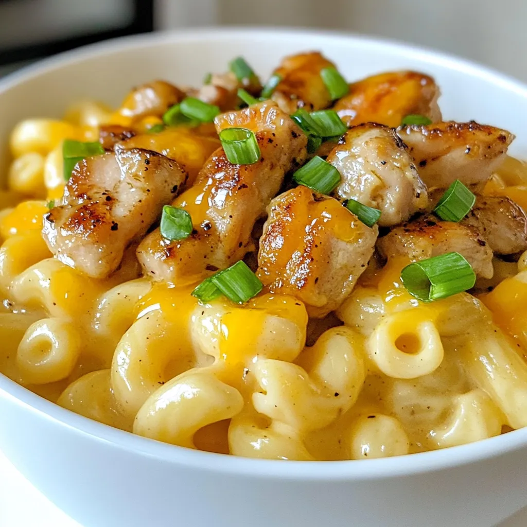 - 2 cups elbow macaroni - 1 lb chicken breast, diced - 3 cups shredded sharp cheddar cheese - 1 teaspoon black pepper - 1/2 teaspoon garlic powder - 1/4 cup honey - 1 cup milk - 1/2 cup cream cheese, softened - 1/4 teaspoon smoked paprika When making Honey Pepper Chicken Mac and Cheese, start with the main ingredients. Elbow macaroni gives a nice bite to the dish. I use one pound of diced chicken breast for protein and flavor. Three cups of shredded sharp cheddar cheese create a rich, creamy sauce that ties everything together. Next, let’s talk about seasonings and sauces. Black pepper adds warmth, while garlic powder gives a subtle kick. Honey brings a touch of sweetness that balances the heat. This combination makes the dish exciting and tasty. For that extra creaminess, I add one cup of milk and half a cup of softened cream cheese. This mix ensures a smooth texture. Smoked paprika adds depth and a hint of smokiness. It’s perfect for elevating the flavor profile. These ingredients work together to create a delightful dish that pleases everyone. Each bite is a balance of sweet, spicy, and creamy goodness. {{ingredient_image_1}} To cook elbow macaroni, start with a large pot of salted boiling water. Add the macaroni and stir to keep it from sticking. Cook according to the package instructions. This usually takes about 7-8 minutes. You want the pasta to be al dente, which means it should have a slight bite. To check, taste a piece a minute or two before the time is up. Drain the pasta, then set it aside. For the chicken, heat olive oil in a large skillet over medium heat. Add the diced chicken breast. Season it with black pepper, garlic powder, and a pinch of salt. Stir and sauté the chicken until it is cooked through and golden brown. This should take about 7-10 minutes. Proper seasoning is key to making the chicken flavorful. Once cooked, pour in the honey and mix well. Let it simmer for 2-3 minutes to caramelize. To make the cheese sauce, grab a separate saucepan. Over medium heat, combine the milk and cream cheese. Stir continuously until the cream cheese melts and becomes smooth. This step is crucial for a creamy sauce. Gradually add the shredded cheddar cheese while stirring. Keep stirring until all the cheese melts and the sauce is thick and creamy. In a large mixing bowl, combine the cooked macaroni, sautéed honey pepper chicken, and the cheese sauce. Mix everything together thoroughly. This ensures every bite has chicken, pasta, and cheese. To enhance the flavor, add the smoked paprika. Taste it and adjust the seasoning if needed. If you want a baked version, preheat the oven to 350°F (175°C). Pour the mixture into a baking dish. Drizzle a bit of honey on top and sprinkle extra cheese. Bake for 15-20 minutes until it is bubbly and golden on top. This adds a nice texture and flavor to your mac and cheese. To adjust seasoning, taste your dish as you go. A sprinkle of salt can enhance flavors. If you like more heat, add extra black pepper. For a unique twist, try adding smoked paprika. This spice gives a rich, warm taste. You can also explore adding cayenne for a kick or Italian herbs for a fresh note. If your cheese sauce is too thick, add more milk slowly. Stir well until you reach the right creaminess. Conversely, if it’s too thin, let it cook longer. This helps it thicken nicely. Choose elbow macaroni for a classic touch. It holds sauce well, but you can use shells or cavatappi for fun shapes. Serve Honey Pepper Chicken Mac and Cheese in bowls for a cozy feel. Top with sliced green onions for color and crunch. A drizzle of honey adds sweetness and shine. Pair it with a simple green salad or steamed veggies. This balance makes for a delightful meal. You can even serve it with garlic bread for extra comfort. Pro Tips Use Fresh Ingredients: Fresh chicken and quality cheese can significantly enhance the flavor and texture of your mac and cheese. Control the Spice: Adjust the amount of black pepper according to your preference. For a milder taste, reduce the quantity or omit it altogether. Perfectly Creamy Sauce: Make sure to stir the cheese sauce continuously to prevent it from clumping and to achieve a smooth consistency. Experiment with Toppings: Consider adding breadcrumbs, bacon bits, or different cheeses on top before baking for added texture and flavor. {{image_2}} Adding veggies boosts nutrition and flavor. Great choices include: - Broccoli florets - Spinach - Bell peppers - Peas You can steam or sauté these vegetables. Stir them into the cheese sauce for a tasty twist. Try adding them in the last few minutes of cooking. This way, they stay bright and crisp. Not in the mood for chicken? No problem! You can swap chicken with: - Shrimp - Turkey - Tofu For a vegetarian option, use chickpeas or lentils. They add protein and heartiness. Using spices can help enhance the flavor, making your dish just as tasty. Cheese is the heart of this dish. You can try different combinations like: - Mozzarella for a stretchy texture - Gouda for a smoky flavor - Pepper jack for some heat If you're vegan, use plant-based cheese. Look for brands that melt well. Nutritional yeast can also add a cheesy flavor without dairy. Experiment to find your favorite mix! Store your Honey Pepper Chicken Mac and Cheese in an airtight container. It keeps well in the fridge for about 3 to 5 days. Make sure to let it cool before sealing. This helps keep the texture nice and prevents extra moisture. To freeze your mac and cheese, follow these easy steps: - Allow the dish to cool completely. - Portion it into freezer-safe containers. - Seal tightly, removing as much air as possible. Frozen mac and cheese can last up to 3 months. When you’re ready to eat, transfer it to the fridge to thaw overnight. You can reheat your mac and cheese in two ways: the microwave or the oven. - Microwave: Place a portion in a bowl. Add a splash of milk. Heat for 2-3 minutes, stirring halfway through. - Oven: Preheat to 350°F (175°C). Place the mac and cheese in a baking dish. Cover with foil and heat for about 20 minutes. To keep the creamy texture, always add a little milk when reheating. Enjoy your delicious dish again! Yes, you can prepare this dish in advance. Cook the pasta and chicken, then mix them with the cheese sauce. Store it in the fridge. When you’re ready to eat, just heat it up in the oven or stovetop. This way, you save time and enjoy a quick meal. This dish pairs well with simple sides. You can serve a fresh salad with greens and a light dressing. Roasted vegetables add color and flavor. Garlic bread is also a tasty choice. These sides balance the creamy mac and cheese nicely. Absolutely! While elbow macaroni works great, you can try penne or shells. These shapes hold cheese sauce well. If you want a fun twist, spiral or bowtie pasta can add a creative touch. Experiment with your favorite pasta shapes! The dish has a mild spice level. Black pepper adds warmth, while honey gives sweetness. If you prefer more heat, add extra black pepper or some crushed red pepper flakes. Taste and adjust the spice until it suits your liking. Yes, you can make this dish gluten-free. Use gluten-free pasta made from rice or corn. For cheese, most cheddar is gluten-free, but check the label. This way, you can enjoy Honey Pepper Chicken Mac and Cheese without worries. This blog post covered all you need for Honey Pepper Chicken Mac and Cheese. We discussed the key ingredients and their importance. You learned steps for cooking pasta and preparing chicken. I shared tips for a creamy cheese sauce and baking options. Finally, we explored variations, storage info, and helpful FAQs. You now have the tools to make this tasty dish your own. Enjoy getting creative in the kitchen!