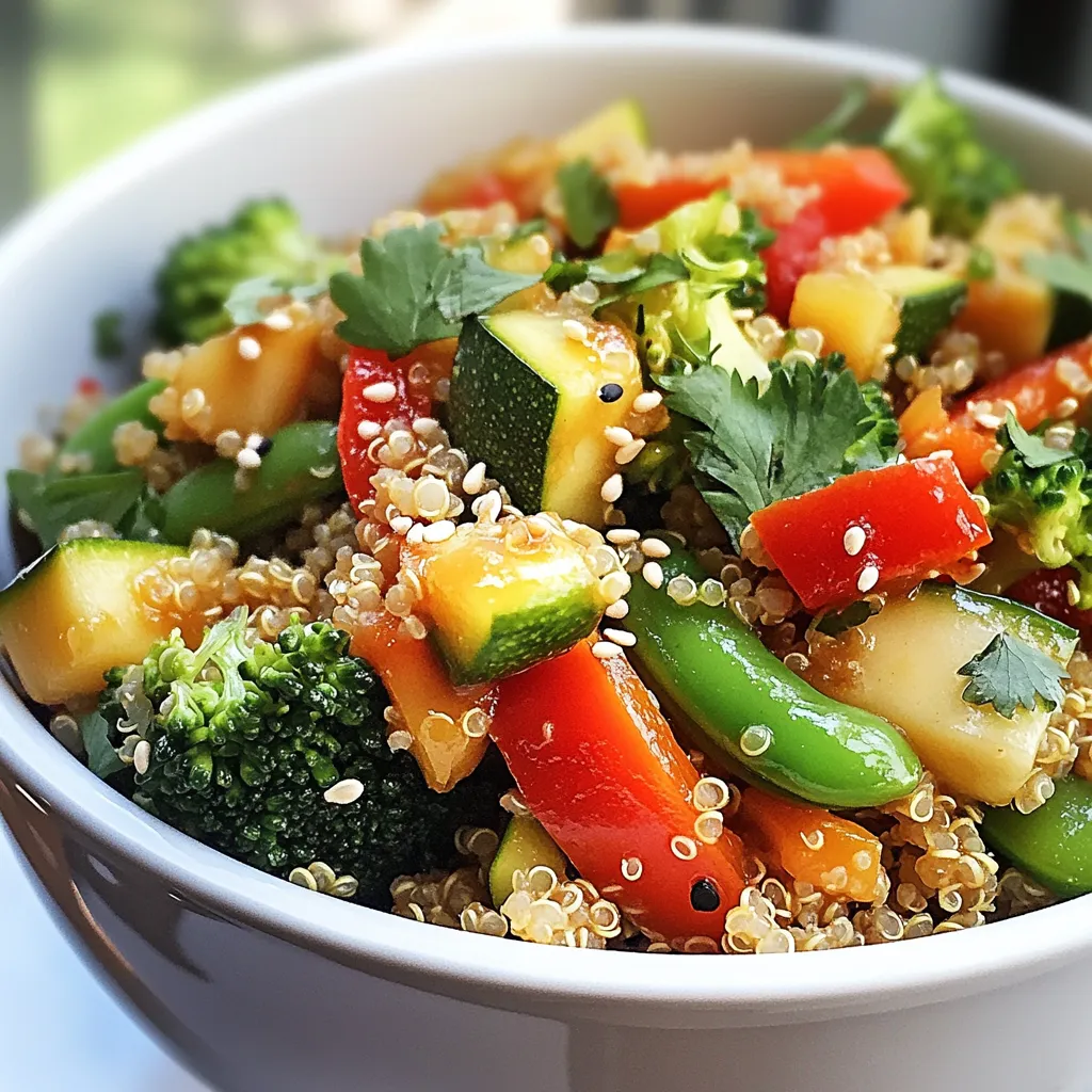 - 1 cup quinoa - 2 cups vegetable broth - 1 tablespoon olive oil - 1 small onion, diced - 3 cloves garlic, minced - 1 red bell pepper, sliced - 1 cup broccoli florets - 1 cup snap peas, trimmed - 1 medium carrot, julienned - 1 zucchini, sliced - 3 tablespoons soy sauce (or tamari for gluten-free) - 1 tablespoon sesame oil - 1 teaspoon fresh ginger, grated - 1 tablespoon sesame seeds (for garnish) - Fresh cilantro or green onions for garnish (optional) Gathering fresh, colorful ingredients makes this dish lively and fun. Quinoa is the base, and it offers great texture and nutrition. Vegetable broth adds depth to the flavor. I use olive oil for cooking, which gives a nice richness. In this stir fry, I include a rainbow of vegetables. Red bell pepper adds sweetness, while broccoli contributes crunch. Snap peas bring a fresh snap, and carrots and zucchini add color and flavor. The mix keeps the dish exciting. For seasoning, I rely on soy sauce for saltiness and umami. Sesame oil adds a nutty note, and ginger brings warmth. Finally, sesame seeds and cilantro or green onions make the dish look beautiful and inviting. {{ingredient_image_1}} 1. First, rinse and drain 1 cup of quinoa under cold water. This helps remove bitter flavors. 2. Next, combine the rinsed quinoa with 2 cups of vegetable broth in a medium saucepan. 3. Bring this mixture to a boil over medium-high heat. 4. Once boiling, reduce the heat to low, cover, and simmer for about 15 minutes. 5. The quinoa is done when it absorbs all the liquid. Remove it from heat and fluff it with a fork. 1. While the quinoa cooks, heat 1 tablespoon of olive oil in a large skillet over medium heat. 2. Add 1 small diced onion and sauté for 2-3 minutes until it softens. 3. Next, stir in 3 cloves of minced garlic and 1 teaspoon of grated fresh ginger. Cook for 30 seconds until fragrant. 4. Toss in the colorful veggies: 1 sliced red bell pepper, 1 cup of broccoli florets, 1 cup of trimmed snap peas, 1 julienned carrot, and 1 sliced zucchini. 5. Stir-fry these vegetables for about 5-7 minutes. They should be vibrant and slightly tender, but still crunchy. 1. Pour 3 tablespoons of soy sauce and 1 tablespoon of sesame oil over the stir-fried vegetables. Mix well to coat everything. 2. Add the cooked quinoa to the skillet. Toss all the ingredients together for another 2-3 minutes until everything is heated through. 3. Season with salt and pepper to taste. 4. Finally, remove the stir fry from heat and sprinkle sesame seeds on top for added crunch. Enjoy your meal! To get the best quinoa, rinse it well before cooking. Rinsing removes a bitter coating called saponin. Use a fine mesh strainer to rinse. This ensures a clean taste. For cooking, combine 1 cup of rinsed quinoa with 2 cups of vegetable broth. Bring it to a boil over medium-high heat. Once boiling, reduce the heat to low, cover, and let it simmer for 15 minutes. The quinoa absorbs all the liquid. When it's done, remove it from heat and fluff it with a fork. This adds air and makes it light and fluffy. When you stir fry, use high heat. This keeps the veggies crunchy and bright. Start by heating your oil in a skillet or wok. Once the oil is hot, add your onions, garlic, and ginger. You want to hear that sizzle! Add the colorful veggies like bell peppers, broccoli, snap peas, carrots, and zucchini. Cook them for about 5 to 7 minutes. Keep stirring so they cook evenly but don’t overcook. You want them tender yet crisp for the best texture. To enhance flavor, don’t be shy with spices or sauces. You can add more soy sauce or try different sauces. If you need a gluten-free option, use tamari instead of soy sauce. For oils, sesame oil adds a nice depth. If you want to switch it up, try using avocado oil or coconut oil. These options can change the flavor profile and make it fun. Feel free to experiment with different spices too! A sprinkle of chili flakes can give a nice kick. Enjoy the process of making your dish unique. Pro Tips Rinse Your Quinoa: Rinsing quinoa before cooking helps remove its natural coating called saponin, which can taste bitter. This step enhances the overall flavor of your dish. Prep Veggies Ahead: To save time, chop all your vegetables in advance. This not only speeds up the cooking process but also ensures that everything cooks evenly. Customize Your Veggies: Feel free to swap in your favorite vegetables or use whatever you have on hand. Seasonal veggies work great and add variety to the dish. Add Protein: For a heartier meal, consider adding protein such as tofu, chickpeas, or cooked chicken. Toss it in during the last few minutes of cooking to heat through. {{image_2}} You can add protein to your veggie loaded quinoa stir fry to make it heartier. Tofu, chicken, or shrimp work well. - Tofu: Use firm tofu and press it to remove excess water. Cut it into cubes. Sauté it in the oil before adding the veggies. This gives it a nice texture. - Chicken: Cut chicken breast into small pieces. Cook it until golden brown before adding the onions. - Shrimp: Use peeled and deveined shrimp. Sauté them for just a few minutes until pink. Add them at the end with the quinoa. For cooking times: - Add tofu first, followed by veggies. - Cook chicken until no longer pink. - Shrimp cooks fast, so add it last. You can change the veggies based on the season. This keeps the dish fresh and fun. - Summer: Use bell peppers, zucchini, and corn. They add sweetness and color. - Fall: Try butternut squash, kale, or Brussels sprouts. They give a warm feel to the dish. - Winter: Use root veggies like carrots, parsnips, or sweet potatoes. They add depth and heartiness. Frozen vegetables are great too! They save time and keep the dish easy to make. Just add them directly to the stir-fry. For gluten-free eaters, use tamari instead of soy sauce. It has a similar taste but is gluten-free. For vegan options: - Use vegetable broth to cook quinoa. - Make sure the tofu or protein option is vegan-friendly. These tweaks keep the meal inclusive for everyone. Enjoy your veggie loaded quinoa stir fry! To keep your veggie loaded quinoa stir fry fresh, start by cooling it down. Place it in a shallow container to speed up the cooling. Use airtight containers to store leftovers. Glass or BPA-free plastic containers work well. This helps prevent any unwanted odors from mixing. When you're ready to enjoy leftovers, reheating properly is key. The best way is to use the stove. Heat a skillet over medium heat. Add a splash of water or broth to keep it moist. Stir often until heated through. You can also use a microwave. Just cover the bowl and heat in short bursts, stirring in between. If you want to save some for later, freezing works great. Divide the stir fry into portions. Use freezer-safe containers or bags. This helps save space and keeps it fresh. When you’re ready to eat, take out a portion and thaw it overnight in the fridge. To reheat, use the stovetop or microwave as mentioned earlier. Enjoy your meal at its best! Quinoa is a small, round grain. It is packed with nutrients. Quinoa has protein, fiber, and vitamins. It is gluten-free, making it a great choice. You can use quinoa in many dishes, like salads and stir fries. It cooks quickly and has a nice, nutty flavor. This grain adds texture and nutrition to meals. Yes, you can prepare this stir fry in advance. Cook the quinoa and veggies separately. Store them in airtight containers. You can keep them in the fridge for up to three days. When ready to eat, just heat them up in a pan. You can also add fresh sauce before serving for extra flavor. Perfectly cooked stir fry veggies should be bright and colorful. They should be tender but still have a crunch. Check for a slight bite when you taste them. If they feel mushy, they are overcooked. Stir-frying on high heat helps keep them crisp. This way, you enjoy fresh flavors and textures in every bite. This blog post covered a simple stir fry recipe featuring quinoa, fresh veggies, and tasty sauces. You learned how to cook quinoa, prepare your vegetables, and mix everything in a flavorful dish. I shared tips for perfecting your stir fry and variations to suit your diet. Lastly, we explored storage and reheating methods to keep your leftovers fresh. Enjoy this healthy dish and feel free to experiment with different flavors. Cooking is fun and easy when you follow these steps!