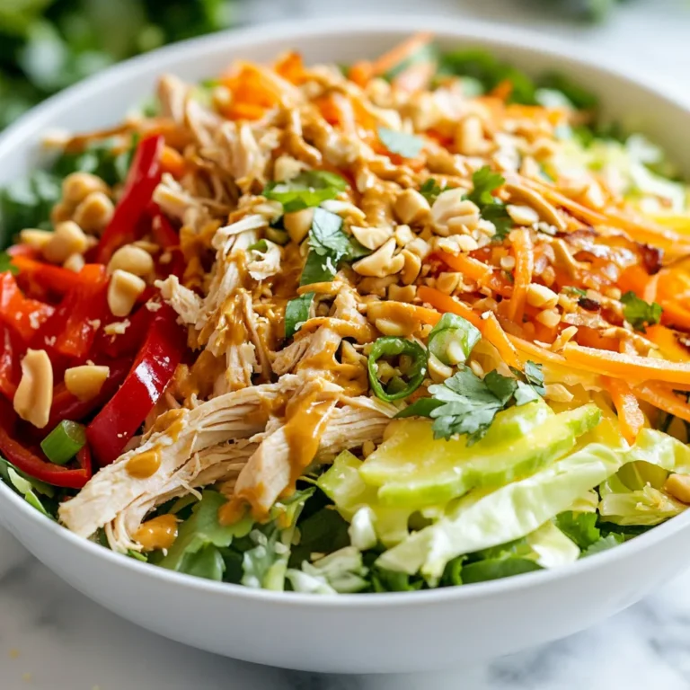 - 2 cups cooked chicken breast, shredded - 1 cup napa cabbage, thinly sliced - 1 cup carrots, julienned - 1 bell pepper (red or yellow), thinly sliced - 1 cup cucumber, thinly sliced - 1/2 cup fresh cilantro, chopped - 1/4 cup green onions, chopped - 1/4 cup unsalted peanuts, chopped - 1/4 cup crispy fried shallots (optional) - 3 tablespoons fish sauce - 2 tablespoons lime juice - 1 tablespoon honey - 1 tablespoon peanut butter - 1 teaspoon grated ginger - 1 small red chili, finely chopped (adjust for spice) When I make Crunchy Thai Chicken Salad, I focus on fresh ingredients. The chicken gives protein and flavor. Napa cabbage adds crunch, while carrots bring sweetness. Bell peppers and cucumbers add a refreshing taste. I love the bright green of cilantro and green onions in this mix. Unsalted peanuts give a nice crunch. I often add crispy fried shallots for a tasty twist. They make the salad extra special. For the dressing, I use fish sauce for umami. Lime juice adds brightness, while honey gives a touch of sweetness. Peanut butter makes it creamy. Grated ginger adds warmth, and I use red chili for spice. Every ingredient works together to create a vibrant dish. It is bright, crunchy, and packed with flavor. You will enjoy every bite of this salad! {{ingredient_image_1}} To make the dressing, take a small bowl. Add 3 tablespoons of fish sauce, 2 tablespoons of lime juice, and 1 tablespoon of honey. Then, mix in 1 tablespoon of peanut butter, 1 teaspoon of grated ginger, and 1 small red chili, finely chopped. Use a whisk to blend these ingredients until they are smooth. Once mixed, set the dressing aside. This allows the flavors to meld together. Now, grab a large mixing bowl. Add 2 cups of shredded cooked chicken, 1 cup of thinly sliced napa cabbage, and 1 cup of julienned carrots. Next, toss in 1 thinly sliced bell pepper, 1 cup of sliced cucumber, 1/2 cup of chopped fresh cilantro, and 1/4 cup of chopped green onions. Gently toss all the ingredients together. This helps each piece combine well while keeping them crisp. Take the dressing you made earlier and pour it over the salad mixture. Use a large spoon to toss everything together. Make sure the dressing coats all the ingredients evenly. After mixing, taste your salad. If it needs more zing, add a little more lime juice. If it is too tangy, add more honey for sweetness. This step is crucial for making your flavors pop! To make the dressing just right, taste as you go. Start with the fish sauce. Add lime juice to brighten the flavor. If it needs sweetness, mix in honey. Peanut butter adds creaminess, while ginger gives a nice kick. If you like it spicy, toss in more red chili. You can also layer flavors in the salad. Add fresh herbs like mint or basil for a twist. A splash of sesame oil can deepen the taste too. When you mix the salad, be gentle to keep the crunch of the veggies. Serve your salad in a large bowl for a family-style meal. For individual servings, use small bowls or plates. Garnish with fresh cilantro leaves for a pop of color. Lime wedges on the side add a fresh touch and let guests adjust the tartness. Don’t forget to add the crunchy toppings right before serving. Sprinkle chopped peanuts and crispy fried shallots on top. This makes the salad look inviting and adds great texture. Enjoy your Crunchy Thai Chicken Salad! Pro Tips Use Leftover Chicken: This salad is a great way to utilize leftover rotisserie or grilled chicken, making it quick and convenient. Customize Your Vegetables: Feel free to add or substitute other vegetables like snap peas or radishes for extra crunch and variety. Adjust Spice Level: If you prefer a milder salad, remove the seeds from the chili or use a milder variety like a jalapeño. Make Ahead: Prepare the salad ingredients and dressing separately in advance, then combine just before serving to keep everything fresh and crunchy. {{image_2}} You can easily change the protein in your Crunchy Thai Chicken Salad. If you want a vegetarian option, use tofu. Tofu soaks up flavors well and adds a nice texture. You can cube firm tofu and pan-fry it until crispy. If you prefer seafood, shrimp is a great choice. Cook the shrimp until pink and tender. You could also use beef strips if you want a heartier dish. Just stir-fry the beef until it's cooked through. Don't be shy about adding more veggies to your salad. Red cabbage gives a nice crunch and a pop of color. Slice it thin and mix it with the other ingredients. Snap peas are another fun addition. They add sweetness and a crisp bite. You can also think about seasonal veggies. For summer, try adding zucchini or radishes. In fall, use roasted squash for a warm flavor. The options are endless! To keep your crunchy Thai chicken salad fresh, store any leftovers in an airtight container. This will help prevent the salad from wilting. Be sure to place the salad in the fridge within two hours of serving. The cool temperature slows down spoilage. For best results, eat the salad within three days. The longer it sits, the less crunchy it becomes. If you notice the veggies looking limp, it’s time to toss them out. You can freeze the salad, but I recommend freezing just the dressing. Freezing fresh vegetables can make them mushy. To freeze the dressing, pour it into a freezer-safe bag or container. Make sure to seal it tightly to avoid leaks. When you're ready to use the dressing, thaw it in the fridge overnight. Once it's soft, give it a good stir or whisk. You can add some fresh lime juice to brighten the flavors. If you want to freeze the salad itself, do so without the crunchy toppings. This way, you can keep the salad crisp. Once thawed, add the peanuts and shallots right before eating. If you want a vegetarian option, try soy sauce or tamari. These give a salty flavor without fish. You can also mix soy sauce with a bit of lime juice for extra taste. If you like a sweet twist, add a splash of coconut aminos. To add heat, try fresh jalapeños or serrano peppers. Sliced Thai bird chilies also work well. For a quick kick, use chili flakes or hot sauce. Start small, then taste and add more spice if needed. Yes, you can! Prep the salad ingredients and store them in the fridge. Keep the dressing in a separate container to stay fresh. Toss them together right before serving for the best crunch and flavor. This salad combines fresh veggies and a tasty dressing. We covered its main ingredients like chicken, cabbage, and carrots. You learned step-by-step instructions for mixing and adjusting flavors. I shared tips for taste and presentation, along with different protein options. Remember that you can store this salad well, whether in the fridge or freezer. Enjoy creating your own version and make it your own!