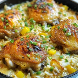 - 4 chicken thighs, bone-in and skin-on - 1 tablespoon olive oil - 1 medium onion, diced - 2 cloves garlic, minced - 1 bell pepper (any color), diced - 1 cup long-grain rice - 2 cups chicken broth - 1 cup heavy cream These main ingredients form the heart of your dish. Chicken thighs bring rich flavor and moisture. The onion, garlic, and bell pepper add a nice base. Long-grain rice absorbs the delicious sauce well. Chicken broth and heavy cream create a creamy, savory sauce. - 1 teaspoon paprika - ½ teaspoon cayenne pepper (adjust for spice preference) - 1 teaspoon dried thyme - Salt and pepper to taste - 2 green onions, sliced (for garnish) - Fresh parsley, chopped (for garnish) Seasoning is key for great taste. Paprika gives warmth and color. Cayenne adds heat, so adjust it to your liking. Thyme brings a fresh, earthy note. Green onions and parsley add brightness and color when you serve. You can swap some ingredients based on what you have: - Use chicken breasts instead of thighs for leaner meat. - Swap heavy cream for coconut milk for a dairy-free option. - Try brown rice for a nutty flavor and extra fiber. - Use vegetable broth for a vegetarian version. These alternatives help you customize the dish to your taste and dietary needs. Enjoy experimenting! {{ingredient_image_1}} To start, heat one tablespoon of olive oil in a large skillet. You want medium heat here. While the oil warms, season the chicken thighs with salt, pepper, paprika, and cayenne pepper. Once the oil is hot, place the chicken skin-side down. Cook for about 5 to 7 minutes. You want the skin to turn golden brown. Then, flip the chicken and cook for another 5 minutes. After that, remove the chicken from the skillet and set it aside. In the same skillet, add diced onion, bell pepper, and minced garlic. Sauté these for about 3 to 4 minutes. You want the vegetables to soften and become fragrant. This step adds great flavor to your dish. The mix of onion, pepper, and garlic makes the base taste amazing. Next, stir in one cup of long-grain rice. Cook this mixture for another 1 to 2 minutes. This helps toast the rice and enhance its flavor. Then, pour in 2 cups of chicken broth and 1 cup of heavy cream. Add one teaspoon of dried thyme as well. Bring this mixture to a gentle simmer. It should start to bubble lightly. Now, place the seared chicken thighs back into the skillet. Make sure they sit skin-side up. The chicken should be mostly submerged in the liquid. Bring everything to a slight boil, then reduce the heat to a simmer. Cover the skillet and cook for 30 to 35 minutes. Check that the rice is fully cooked and the chicken reaches an internal temperature of 165°F. This ensures everything is safe to eat and super tasty. To get the best flavor, sear your chicken well. Use a large skillet, and heat olive oil over medium heat. Season the chicken thighs with salt, pepper, paprika, and cayenne pepper. When the oil is hot, add the chicken, skin-side down. Cook for 5 to 7 minutes until the skin turns golden brown. Flip the chicken and cook for another 5 minutes. This step locks in flavor and keeps the meat juicy. If you like heat, add more cayenne pepper. Start with a half teaspoon, then taste the dish as it cooks. You can also use fresh chili or hot sauce for a kick. If you want less spice, cut back on the cayenne. Adjust to your taste for a meal that’s just right for you. For creamy rice, use heavy cream in your recipe. When you add the cream to the chicken broth, stir well. This helps the rice absorb all the flavors. If you want it extra creamy, add a touch more cream near the end. Keep the heat low and cover the skillet to trap the steam. This will make your rice soft and rich. Pro Tips Tip for Perfectly Searing Chicken: Make sure your skillet is hot before adding the chicken. This will help achieve a crispy skin and prevent sticking. Tip for Flavorful Rice: Toast the rice in the skillet for a minute or two before adding liquids. This enhances the flavor and adds a nutty aroma. Tip for Creaminess: For an even creamier texture, consider adding a bit of cream cheese or sour cream to the rice mixture before serving. Tip for Garnishing: Adding fresh herbs like parsley or cilantro at the end brightens the dish and adds a pop of color. Don't skip this step! {{image_2}} You can use many chicken cuts for this dish. Chicken thighs add flavor and moisture. Breasts are leaner but might dry out. Drumsticks or wings also work well. Just adjust cooking time for smaller pieces. For a quicker meal, try boneless cuts. You can make this dish plant-based. Replace chicken with hearty veggies like mushrooms or eggplant. Use vegetable broth instead of chicken broth. Swap heavy cream with coconut milk or a vegan cream. This keeps the dish rich and creamy, perfect for all diets. Add more flavor with spices or herbs. Try adding bay leaves or rosemary. You can also mix in beans for protein. For a kick, add jalapeños or hot sauce. Want a smoky taste? Use smoked paprika. Add your favorite veggies, like peas or carrots, for color and nutrition. Each change makes this meal unique! To store your leftover smothered chicken and rice, let it cool first. Place it in an airtight container. Make sure to cover it well to keep it fresh. You can keep it in the fridge for up to four days. If you want to enjoy it later, freezing is a great option. When you're ready to eat the leftovers, you can reheat them easily. The best way is to use the stove. Place the chicken and rice in a skillet over low heat. Add a splash of chicken broth or cream to keep it moist. Stir often until it’s heated through. If you prefer the microwave, place it in a bowl, cover it loosely, and heat in short bursts. Stir between each burst. To freeze smothered chicken and rice, portion it into freezer-safe containers. Make sure to leave some space at the top for the rice to expand. Label each container with the date. You can freeze it for up to three months. When you want to eat it, defrost it in the fridge overnight. Then, reheat it as mentioned above. Enjoy your delicious meal later! Yes, you can use brown rice. Brown rice takes longer to cook. Adjust the cooking time to 45-50 minutes. Use 2 1/2 cups of chicken broth for added moisture. The dish will have a nutty flavor and chewy texture. To check if the chicken is cooked, use a meat thermometer. The internal temperature should reach 165°F (75°C). If you don’t have a thermometer, cut into the thickest part. The juices should run clear, not pink. You can serve this dish with a green salad for freshness. Roasted vegetables also pair well. For a crunchy side, consider cornbread or biscuits. Each adds a nice texture to the meal. Yes, you can make Smothered Chicken and Rice in a slow cooker. Sear the chicken first for flavor. Then, add the sautéed vegetables, rice, and liquids to the slow cooker. Cook on low for 6-8 hours or on high for 3-4 hours. Enjoy the ease of slow cooking! Smothered chicken with rice is a simple and tasty dish. We covered key ingredients, cooking steps, and important tips. You learned how to store leftovers and explore variations like vegetarian options. As you try this recipe, remember to adjust it to your taste. Cooking should be fun, and each meal can be unique. Enjoy the process, and let this dish be a family favorite. Happy cooking!