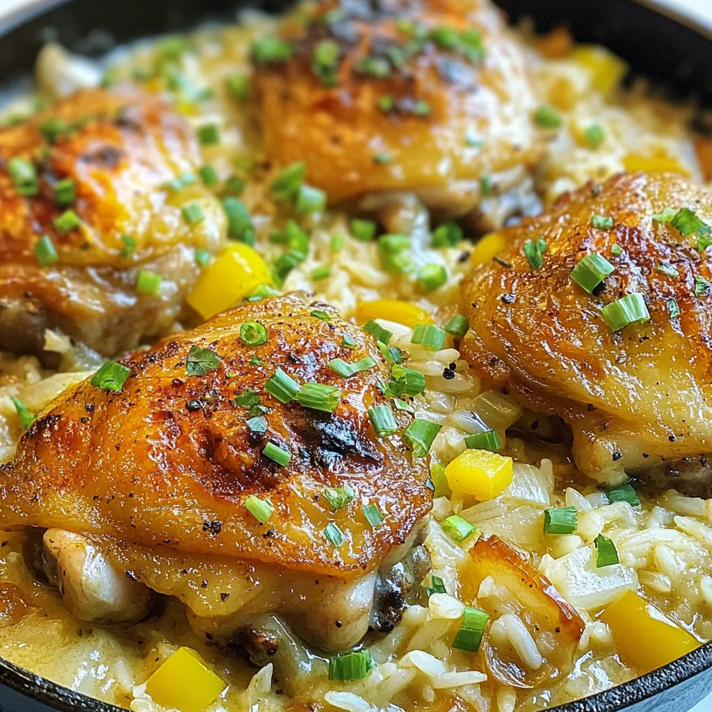 - 4 chicken thighs, bone-in and skin-on - 1 tablespoon olive oil - 1 medium onion, diced - 2 cloves garlic, minced - 1 bell pepper (any color), diced - 1 cup long-grain rice - 2 cups chicken broth - 1 cup heavy cream These main ingredients form the heart of your dish. Chicken thighs bring rich flavor and moisture. The onion, garlic, and bell pepper add a nice base. Long-grain rice absorbs the delicious sauce well. Chicken broth and heavy cream create a creamy, savory sauce. - 1 teaspoon paprika - ½ teaspoon cayenne pepper (adjust for spice preference) - 1 teaspoon dried thyme - Salt and pepper to taste - 2 green onions, sliced (for garnish) - Fresh parsley, chopped (for garnish) Seasoning is key for great taste. Paprika gives warmth and color. Cayenne adds heat, so adjust it to your liking. Thyme brings a fresh, earthy note. Green onions and parsley add brightness and color when you serve. You can swap some ingredients based on what you have: - Use chicken breasts instead of thighs for leaner meat. - Swap heavy cream for coconut milk for a dairy-free option. - Try brown rice for a nutty flavor and extra fiber. - Use vegetable broth for a vegetarian version. These alternatives help you customize the dish to your taste and dietary needs. Enjoy experimenting! {{ingredient_image_1}} To start, heat one tablespoon of olive oil in a large skillet. You want medium heat here. While the oil warms, season the chicken thighs with salt, pepper, paprika, and cayenne pepper. Once the oil is hot, place the chicken skin-side down. Cook for about 5 to 7 minutes. You want the skin to turn golden brown. Then, flip the chicken and cook for another 5 minutes. After that, remove the chicken from the skillet and set it aside. In the same skillet, add diced onion, bell pepper, and minced garlic. Sauté these for about 3 to 4 minutes. You want the vegetables to soften and become fragrant. This step adds great flavor to your dish. The mix of onion, pepper, and garlic makes the base taste amazing. Next, stir in one cup of long-grain rice. Cook this mixture for another 1 to 2 minutes. This helps toast the rice and enhance its flavor. Then, pour in 2 cups of chicken broth and 1 cup of heavy cream. Add one teaspoon of dried thyme as well. Bring this mixture to a gentle simmer. It should start to bubble lightly. Now, place the seared chicken thighs back into the skillet. Make sure they sit skin-side up. The chicken should be mostly submerged in the liquid. Bring everything to a slight boil, then reduce the heat to a simmer. Cover the skillet and cook for 30 to 35 minutes. Check that the rice is fully cooked and the chicken reaches an internal temperature of 165°F. This ensures everything is safe to eat and super tasty. To get the best flavor, sear your chicken well. Use a large skillet, and heat olive oil over medium heat. Season the chicken thighs with salt, pepper, paprika, and cayenne pepper. When the oil is hot, add the chicken, skin-side down. Cook for 5 to 7 minutes until the skin turns golden brown. Flip the chicken and cook for another 5 minutes. This step locks in flavor and keeps the meat juicy. If you like heat, add more cayenne pepper. Start with a half teaspoon, then taste the dish as it cooks. You can also use fresh chili or hot sauce for a kick. If you want less spice, cut back on the cayenne. Adjust to your taste for a meal that’s just right for you. For creamy rice, use heavy cream in your recipe. When you add the cream to the chicken broth, stir well. This helps the rice absorb all the flavors. If you want it extra creamy, add a touch more cream near the end. Keep the heat low and cover the skillet to trap the steam. This will make your rice soft and rich. Pro Tips Tip for Perfectly Searing Chicken: Make sure your skillet is hot before adding the chicken. This will help achieve a crispy skin and prevent sticking. Tip for Flavorful Rice: Toast the rice in the skillet for a minute or two before adding liquids. This enhances the flavor and adds a nutty aroma. Tip for Creaminess: For an even creamier texture, consider adding a bit of cream cheese or sour cream to the rice mixture before serving. Tip for Garnishing: Adding fresh herbs like parsley or cilantro at the end brightens the dish and adds a pop of color. Don't skip this step! {{image_2}} You can use many chicken cuts for this dish. Chicken thighs add flavor and moisture. Breasts are leaner but might dry out. Drumsticks or wings also work well. Just adjust cooking time for smaller pieces. For a quicker meal, try boneless cuts. You can make this dish plant-based. Replace chicken with hearty veggies like mushrooms or eggplant. Use vegetable broth instead of chicken broth. Swap heavy cream with coconut milk or a vegan cream. This keeps the dish rich and creamy, perfect for all diets. Add more flavor with spices or herbs. Try adding bay leaves or rosemary. You can also mix in beans for protein. For a kick, add jalapeños or hot sauce. Want a smoky taste? Use smoked paprika. Add your favorite veggies, like peas or carrots, for color and nutrition. Each change makes this meal unique! To store your leftover smothered chicken and rice, let it cool first. Place it in an airtight container. Make sure to cover it well to keep it fresh. You can keep it in the fridge for up to four days. If you want to enjoy it later, freezing is a great option. When you're ready to eat the leftovers, you can reheat them easily. The best way is to use the stove. Place the chicken and rice in a skillet over low heat. Add a splash of chicken broth or cream to keep it moist. Stir often until it’s heated through. If you prefer the microwave, place it in a bowl, cover it loosely, and heat in short bursts. Stir between each burst. To freeze smothered chicken and rice, portion it into freezer-safe containers. Make sure to leave some space at the top for the rice to expand. Label each container with the date. You can freeze it for up to three months. When you want to eat it, defrost it in the fridge overnight. Then, reheat it as mentioned above. Enjoy your delicious meal later! Yes, you can use brown rice. Brown rice takes longer to cook. Adjust the cooking time to 45-50 minutes. Use 2 1/2 cups of chicken broth for added moisture. The dish will have a nutty flavor and chewy texture. To check if the chicken is cooked, use a meat thermometer. The internal temperature should reach 165°F (75°C). If you don’t have a thermometer, cut into the thickest part. The juices should run clear, not pink. You can serve this dish with a green salad for freshness. Roasted vegetables also pair well. For a crunchy side, consider cornbread or biscuits. Each adds a nice texture to the meal. Yes, you can make Smothered Chicken and Rice in a slow cooker. Sear the chicken first for flavor. Then, add the sautéed vegetables, rice, and liquids to the slow cooker. Cook on low for 6-8 hours or on high for 3-4 hours. Enjoy the ease of slow cooking! Smothered chicken with rice is a simple and tasty dish. We covered key ingredients, cooking steps, and important tips. You learned how to store leftovers and explore variations like vegetarian options. As you try this recipe, remember to adjust it to your taste. Cooking should be fun, and each meal can be unique. Enjoy the process, and let this dish be a family favorite. Happy cooking!